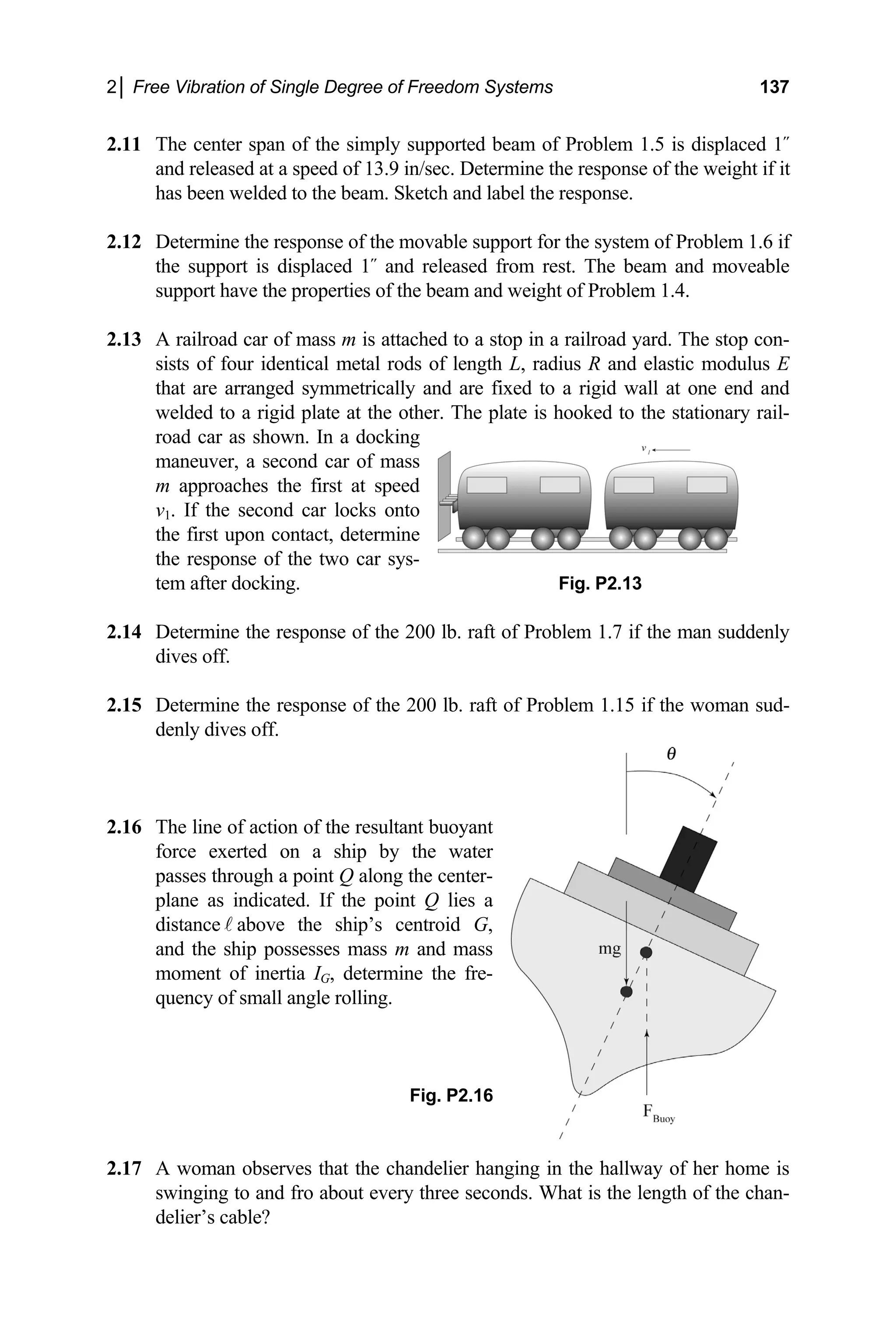 2│ Free Vibration of Single Degree of Freedom Systems 137
2.11
he response of the weight if it
has been welded to the beam. Sketch and label the response.
2.12 1.6 if
st. The beam and moveable
em 1.4.
2.13 ailroad yard. The stop con-
e end and
welded to a rigid plate at the other. The plate is hooked to the stationary rail-
d
tem after docking. Fig. P2.13
2.14
2.16
water
center-
lies a
troid G,
moment of inertia IG, determine the fre-
.17 A woman observes that the chandelier hanging in the hallway of her home is
swinging to and fro about every three seconds. What is the length of the chan-
delier’s cable?
The center span of the simply supported beam of Problem 1.5 is displaced 1˝
and released at a speed of 13.9 in/sec. Determine t
Determine the response of the movable support for
the support is displaced 1˝ and released from re
support have the properties of the beam and weight of Probl
A railroad car of mass m is attached to a stop in a r
sists of four identical metal rods of length L, radius R and
the system of Problem
elastic modulus E
that are arranged symmetrically and are fixed to a rigid wall at on
road car as shown. In a docking
maneuver, a second car of mass
m approaches the first at spee
v1. If the second car locks onto
the first upon contact, determine
the response of the two car sys-
Determine the response of the 200 lb. raft of Problem 1.7 if the man suddenly
dives off.
2.15 Determine the response of the 200 lb. raft of Problem 1.15 if the woman sud-
denly dives off.
The line of action of the resultant buoy
force exerted on a ship by the
passes through a point Q along the
plane as indicated. If the point Q
distance above the ship’s cen
and the ship possesses mass m and mass
ant
quency of small angle rolling.
Fig. P2.16
2
 
