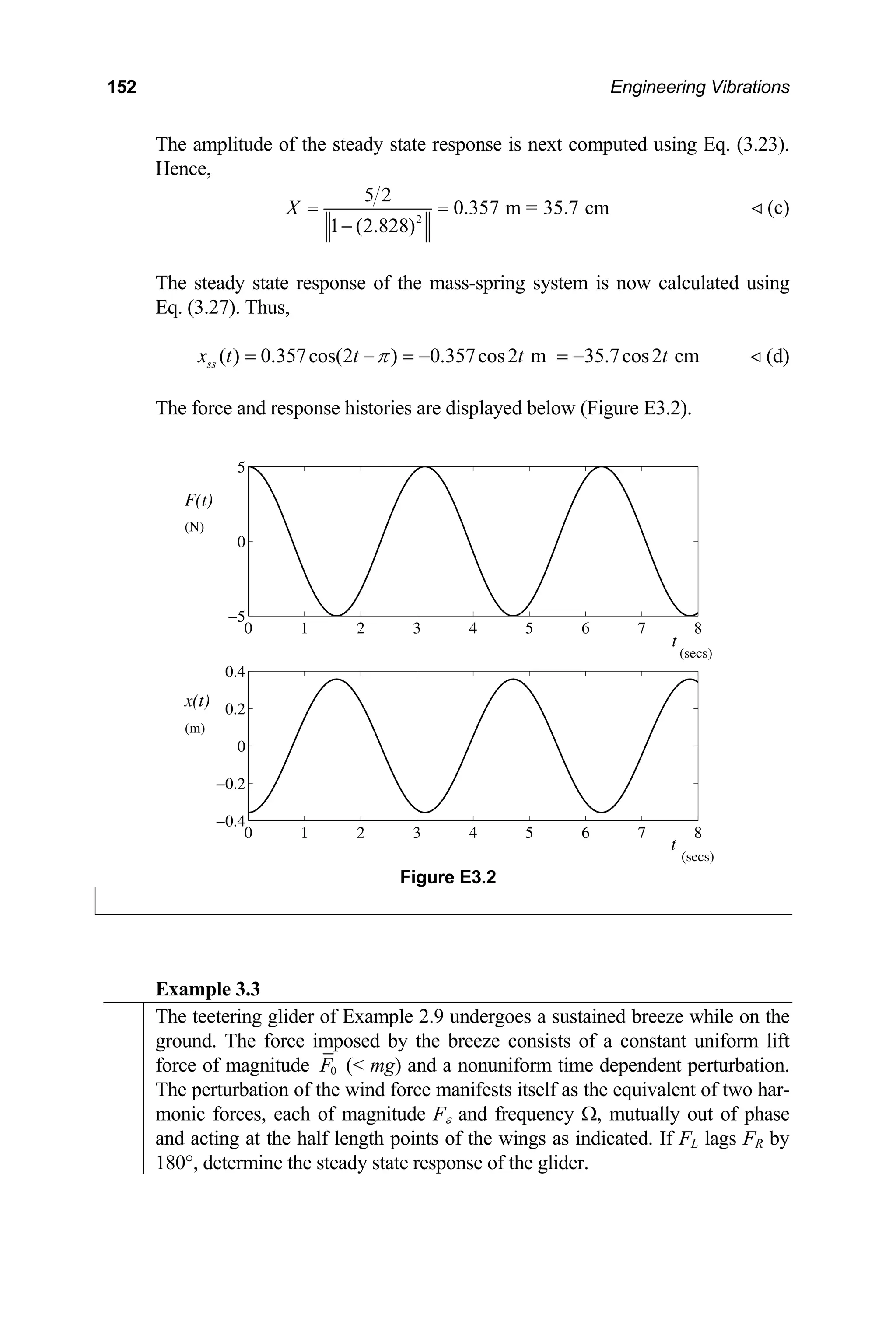 152 Engineering Vibrations
The amplitude of the steady state response is next computed using Eq. (3.23).
Hence,
2
5 2
0.357 m = 35.7 cm
1 (2.828)
X = =
−
(c)

The steady state response of the mass-spring system is now calculated using
Eq. (3.27). Thus,
( ) 0.357cos(2 ) 0.357cos2 m 35.7cos2 cm
ss
x t t t t
π
= − = − = − (d)

The force and response histories are displayed below (Figure E3.2).
0 1 2 3 4 5 6 7 8
−5
0
5
0 1 2 3 4 5 6 7 8
−0.4
−0.2
0
0.2
0.4
F(t)
x(t)
t
t
(N)
(m)
(secs)
(secs)
Figure E3.2
Example 3.3
The teetering glider of Example 2.9 undergoes a sustained breeze while on the
ground. The force imposed by the breeze consists of a constant uniform lift
force of magnitude 0
F ( mg) and a nonuniform time dependent perturbation.
The perturbation of the wind force manifests itself as the equivalent of two har-
monic forces, each of magnitude Fε and frequency Ω, mutually out of phase
and acting at the half length points of the wings as indicated. If FL lags FR by
180°, determine the steady state response of the glider.
 