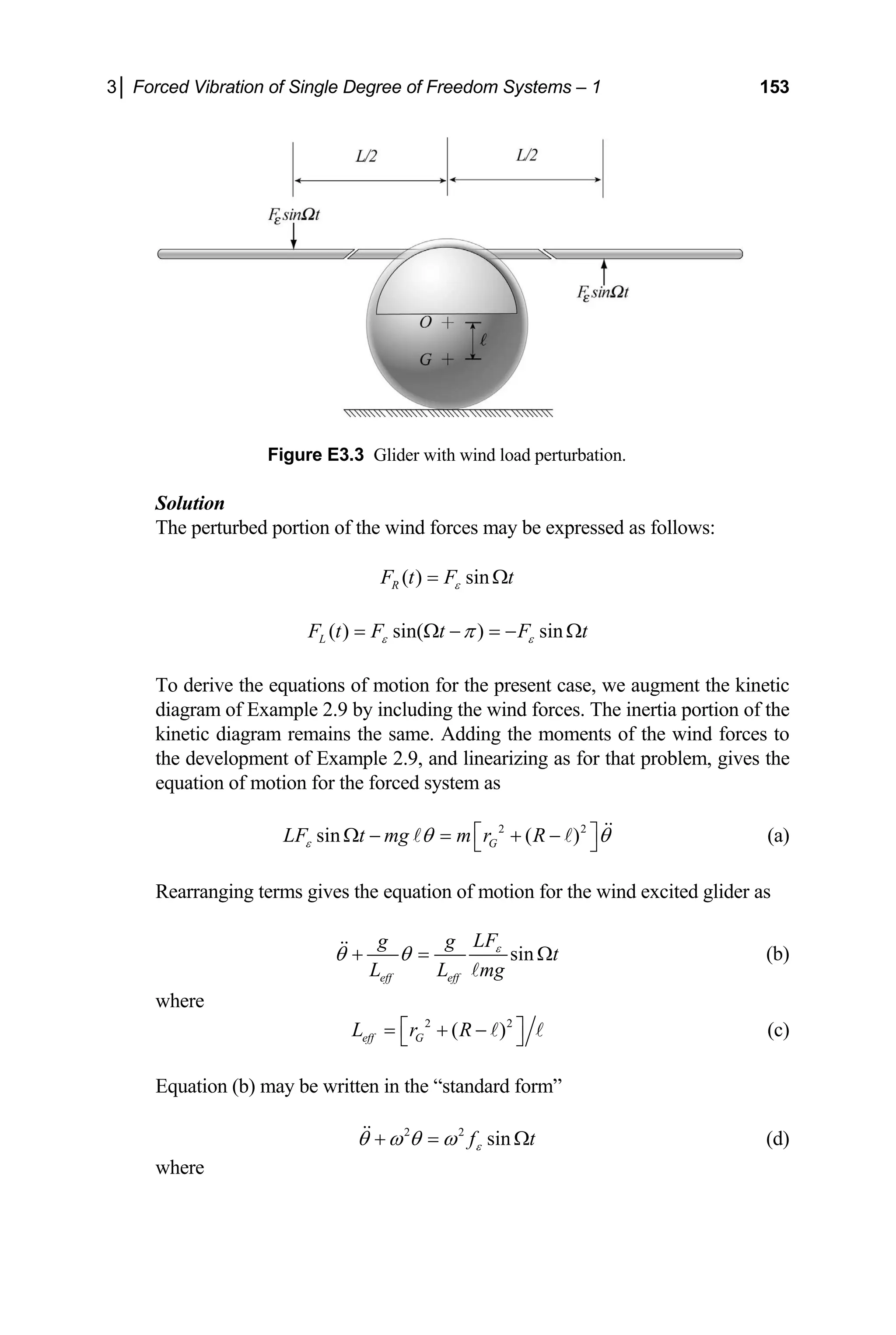 3│ Forced Vibration of Single Degree of Freedom Systems – 1 153
Figure E3.3 Glider with wind load perturbation.
Solution
The perturbed portion of the wind forces may be expressed as follows:
( ) sin
R
F t F t
ε
= Ω
( ) sin( ) sin
L
F t F t F t
ε ε
π
= Ω − = − Ω
To derive the equations of motion for the present case, we augment the kinetic
diagram of Example 2.9 by including the wind forces. The inertia portion of the
kinetic diagram remains the same. Adding the moments of the wind forces to
the development of Example 2.9, and linearizing as for that problem, gives the
equation of motion for the forced system as
2 2
sin ( )
G
LF t mg m r R
ε θ θ
⎡ ⎤
Ω − = + −
⎣ ⎦

A A (a)
Rearranging terms gives the equation of motion for the wind excited glider as
sin
eff eff
LF
g g
t
L L mg
ε
θ θ
+ =

A
Ω (b)
where
2 2
( )
eff G
L r R
⎡ ⎤
= + −
⎣ ⎦
A A (c)
Equation (b) may be written in the “standard form”
2 2
sin
f t
ε
θ ω θ ω
+ =
 Ω (d)
where
 