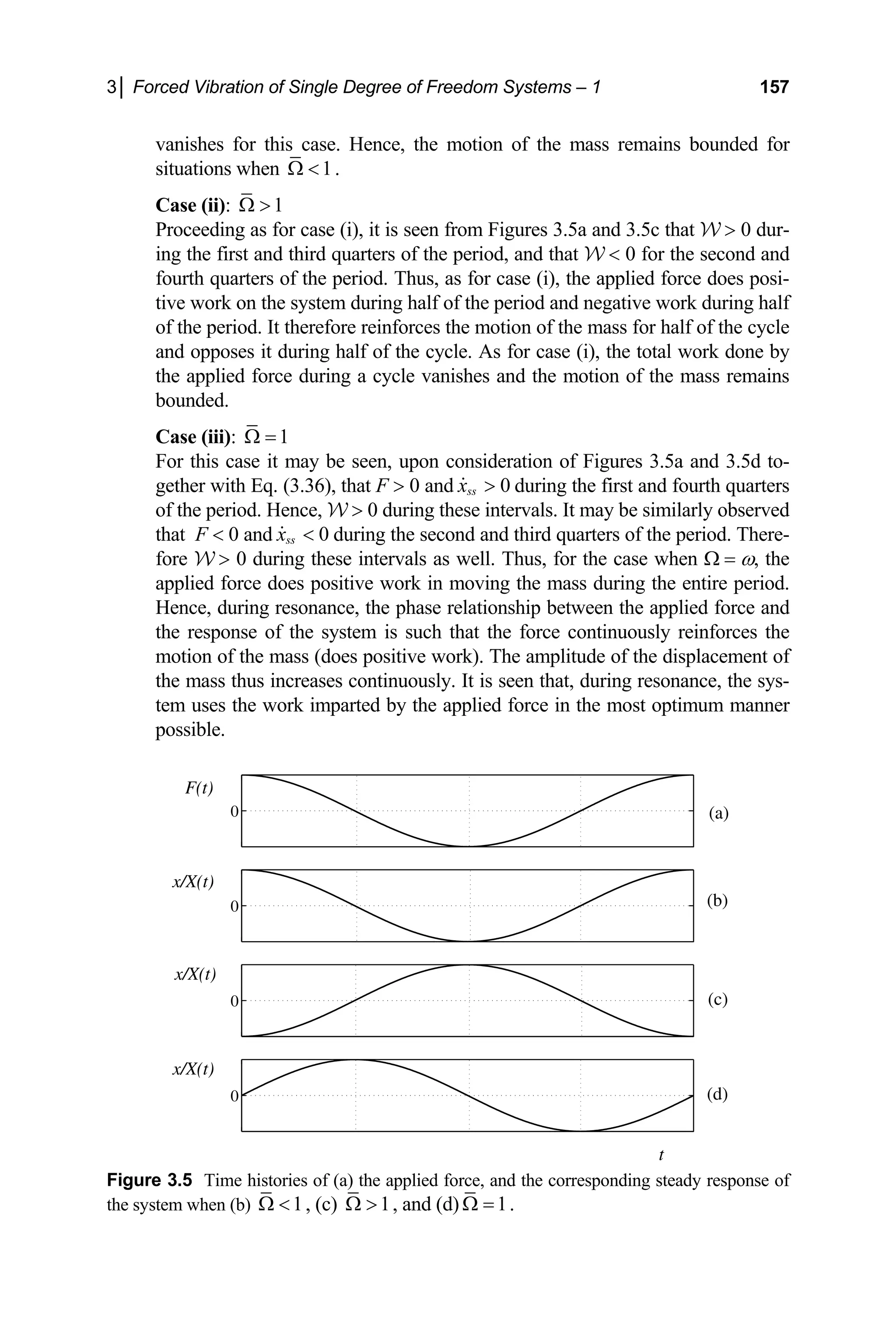 3│ Forced Vibration of Single Degree of Freedom Systems – 1 157
vanishes for this case. Hence, the motion of the mass remains bounded for
situations when 1
Ω  .
Case (ii): 1
Ω 
Proceeding as for case (i), it is seen from Figures 3.5a and 3.5c that W  0 dur-
ing the first and third quarters of the period, and that W  0 for the second and
fourth quarters of the period. Thus, as for case (i), the applied force does posi-
tive work on the system during half of the period and negative work during half
of the period. It therefore reinforces the motion of the mass for half of the cycle
and opposes it during half of the cycle. As for case (i), the total work done by
the applied force during a cycle vanishes and the motion of the mass remains
bounded.
Case (iii): 1
Ω =
For this case it may be seen, upon consideration of Figures 3.5a and 3.5d to-
gether with Eq. (3.36), that F  0 and during the first and fourth quarters
of the period. Hence, W  0 during these intervals. It may be similarly observed
that F  0 and during the second and third quarters of the period. There-
fore W  0 during these intervals as well. Thus, for the case when Ω = ω, the
applied force does positive work in moving the mass during the entire period.
Hence, during resonance, the phase relationship between the applied force and
the response of the system is such that the force continuously reinforces the
motion of the mass (does positive work). The amplitude of the displacement of
the mass thus increases continuously. It is seen that, during resonance, the sys-
tem uses the work imparted by the applied force in the most optimum manner
possible.
0
ss
x 

0
ss
x 

0
0
0
0
F(t)
x/X(t)
x/X(t)
x/X(t)
t
(a)
(b)
(c)
(d)
Figure 3.5 Time histories of (a) the applied force, and the corresponding steady response of
the system when (b) 1
Ω  , (c) 1
Ω  , and (d) 1
Ω = .
 