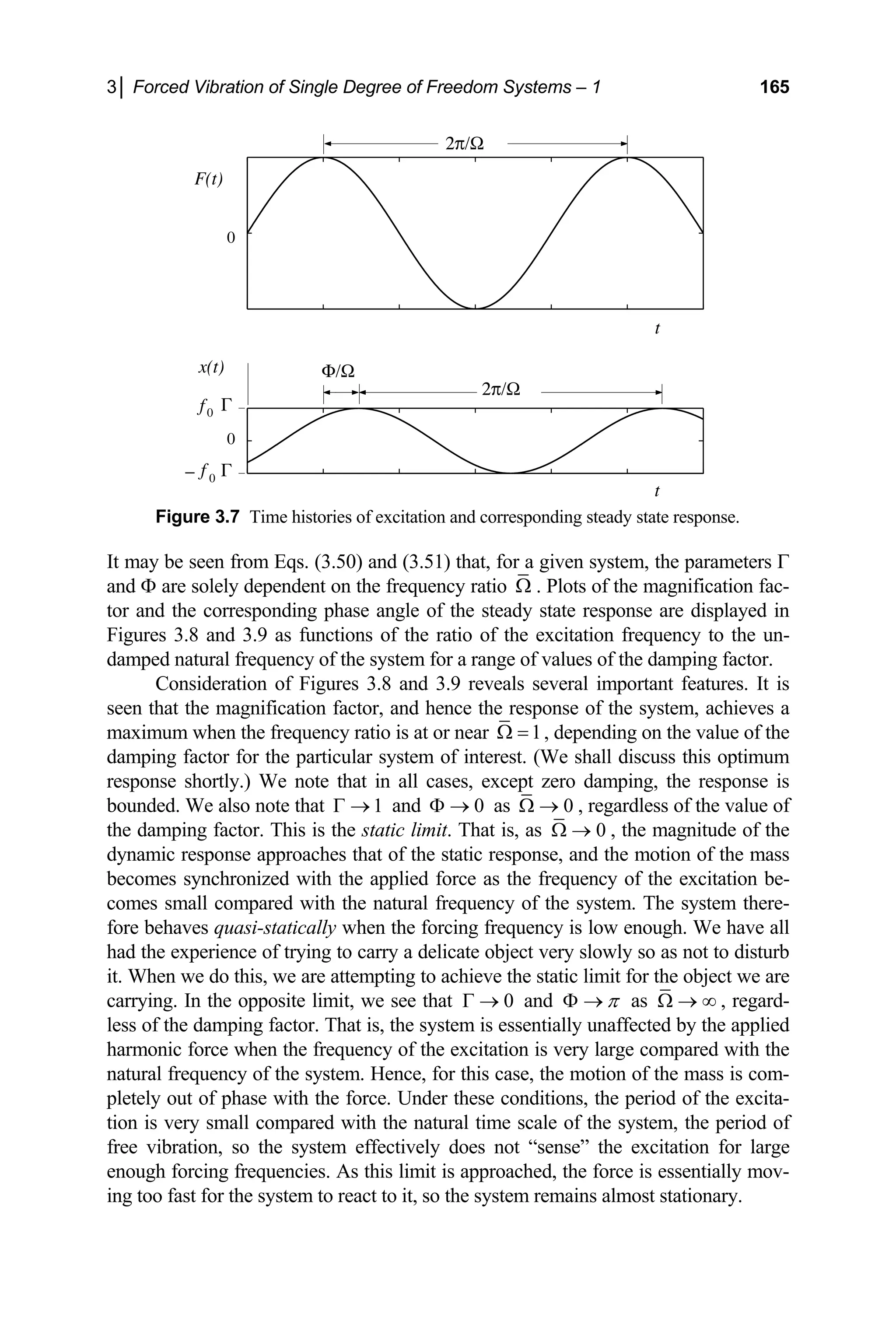 3│ Forced Vibration of Single Degree of Freedom Systems – 1 165
F(t)
2π/Ω
2π/Ω
Φ/Ω
t
t
x(t)
f0 Γ
Γ
0
f
−
0
0
Figure 3.7 Time histories of excitation and corresponding steady state response.
It may be seen from Eqs. (3.50) and (3.51) that, for a given system, the parameters Γ
and Φ are solely dependent on the frequency ratio Ω . Plots of the magnification fac-
tor and the corresponding phase angle of the steady state response are displayed in
Figures 3.8 and 3.9 as functions of the ratio of the excitation frequency to the un-
damped natural frequency of the system for a range of values of the damping factor.
Consideration of Figures 3.8 and 3.9 reveals several important features. It is
seen that the magnification factor, and hence the response of the system, achieves a
maximum when the frequency ratio is at or near 1
Ω = , depending on the value of the
damping factor for the particular system of interest. (We shall discuss this optimum
response shortly.) We note that in all cases, except zero damping, the response is
bounded. We also note that 1
Γ → and 0
Φ → as 0
Ω → , regardless of the value of
the damping factor. This is the static limit. That is, as 0
Ω → , the magnitude of the
dynamic response approaches that of the static response, and the motion of the mass
becomes synchronized with the applied force as the frequency of the excitation be-
comes small compared with the natural frequency of the system. The system there-
fore behaves quasi-statically when the forcing frequency is low enough. We have all
had the experience of trying to carry a delicate object very slowly so as not to disturb
it. When we do this, we are attempting to achieve the static limit for the object we are
carrying. In the opposite limit, we see that 0
Γ → and π
Φ → as Ω → ∞ , regard-
less of the damping factor. That is, the system is essentially unaffected by the applied
harmonic force when the frequency of the excitation is very large compared with the
natural frequency of the system. Hence, for this case, the motion of the mass is com-
pletely out of phase with the force. Under these conditions, the period of the excita-
tion is very small compared with the natural time scale of the system, the period of
free vibration, so the system effectively does not “sense” the excitation for large
enough forcing frequencies. As this limit is approached, the force is essentially mov-
ing too fast for the system to react to it, so the system remains almost stationary.
 