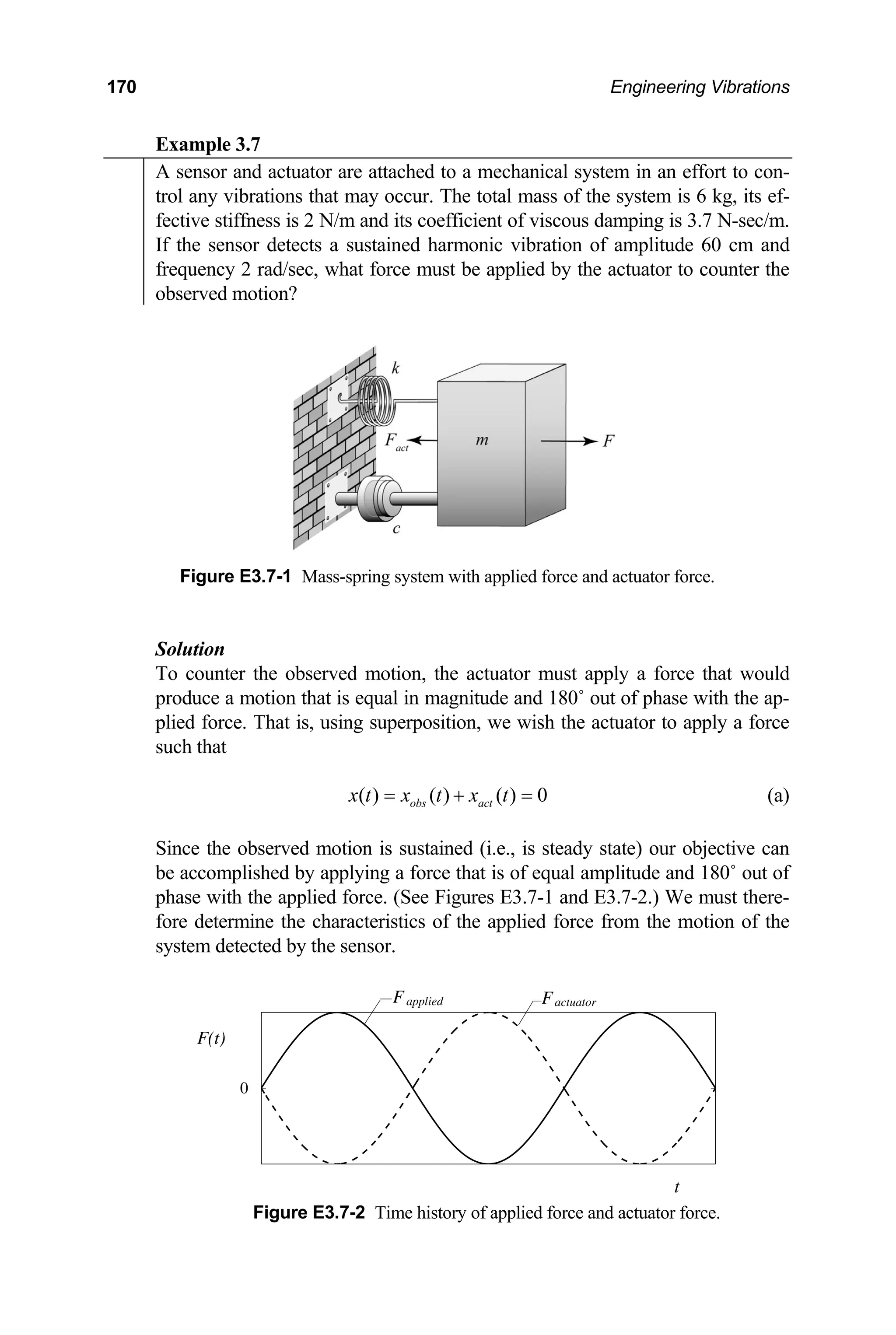 170 Engineering Vibrations
xample 3.7
E
A sensor and actuator are attached to a mechanical system in an effort to con-
trol any vibrations that may occur. The total mass of the system is 6 kg, its ef-
fective stiffness is 2 N/m and its coefficient of viscous damping is 3.7 N-sec/m.
If the sensor detects a sustained harmonic vibration of amplitude 60 cm and
frequency 2 rad/sec, what force must be applied by the actuator to counter the
observed motion?
Figure E3.7-1 Mass-spring system with applied force and actuator force.
Solution
o counter the observed motion, the actuator must apply a force that would
uce a motion that is equal in magnitude and 180˚ out of phase with the ap-
s, using superposition, we wish the actuator to apply a force
T
prod
plied force. That i
such that
( ) ( ) ( ) 0
obs act
x t x t x t
= + = (a)
Since the observed motion is sustained (i.e., is steady state) our objective can
be accomplished by applying a force that is of equal amplitude and 180˚ out of
hase with the applied force. (See Figures E3.7-1 and E3.7-2.) We must there-
fore determine m the motion of the
system detect
Figure E3.7-2 Time history of applied force and actuator force.
p
the characteristics of the applied force fro
ed by the sensor.
F(t)
0
t
Fapplied Factuator
 