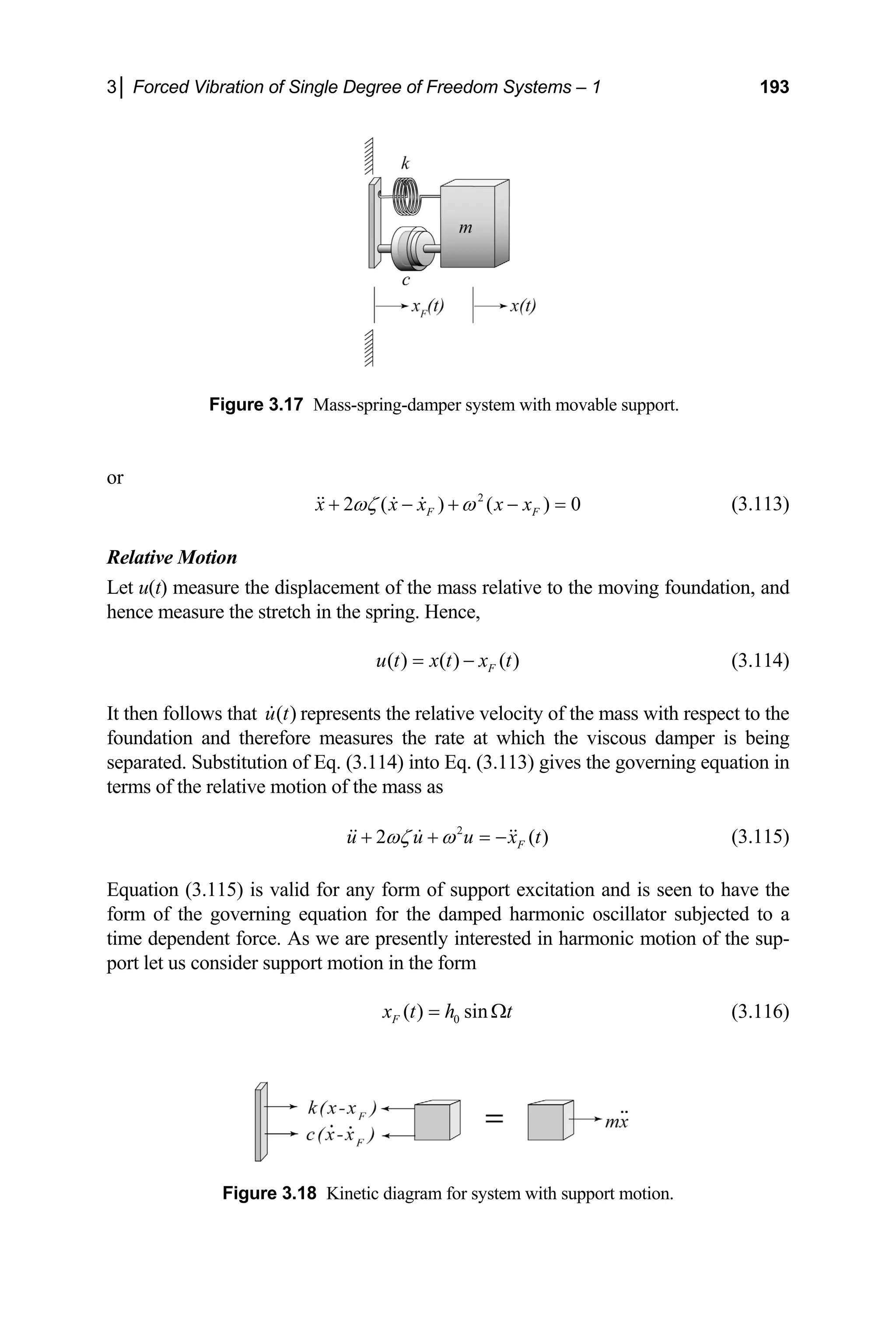 3│ Forced Vibration of Single Degree of Freedom Systems – 1 193
Figure 3.17 Mass-spring-damper system with movable support.
or
2
2 ( ) ( ) 0
F F
x x x x x
ωζ ω
+ − + − =
   (3.113)
elative Motion
Let u(t) measure the displacement of the to the moving foundation, and
ence measure the stretch in the spring. Hence,
R
mass relative
h
( ) ( ) ( )
F
u t x t x t
= − (3.114)
elative velocity of the mass with respect to the
foundation and therefore measures the rate at which the viscous damper is being
)
t (3.115)
n and is seen to have the
It then follows that ( )
u t
 represents the r
separated. Substitution of Eq. (3.114) into Eq. (3.113) gives the governing equation in
terms of the relative motion of the mass as
2
2 (
F
u u u x
ωζ ω
+ + = −
  
Equation (3.115) is valid for any form of support excitatio
form of the governing equation for the damped harmonic oscillator subjected to a
time dependent force. As we are presently interested in harmonic motion of the sup-
port let us consider support motion in the form
0
( ) sin
F
x t h t
= Ω (3.116)
su
Figure 3.18 Kinetic diagram for system with pport motion.
 