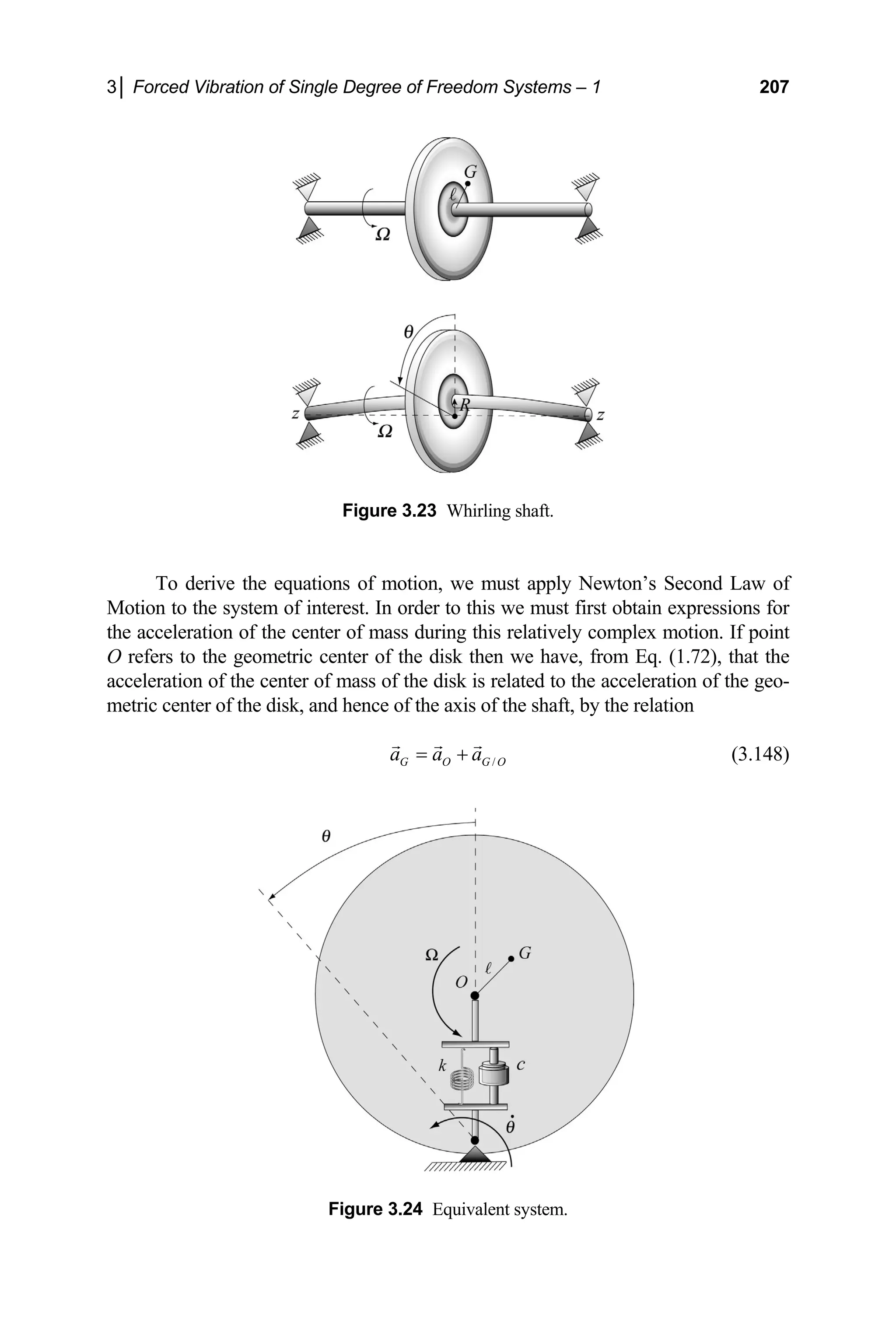 3│ Forced Vibration of Single Degree of Freedom Systems – 1 207
o derive the equations of motion, we must apply Newton’s Second Law of
otion to the system of interest. In order to this we must first obtain xpressions
e acceleration of the center of mass during this relatively complex otion. If po
O refers to the geometric center of the disk then we have, from Eq. (1.72), that the
accele
metric and hence of the axis of the shaft, by the relation
O
Figure 3.23 Whirling shaft.
T
M e for
th m int
ration of the center of mass of the disk is related to the acceleration of the geo-
center of the disk,
/
G O G
a a a
= +
G G G
(3.148)
Figure 3.24 Equivalent system.
 