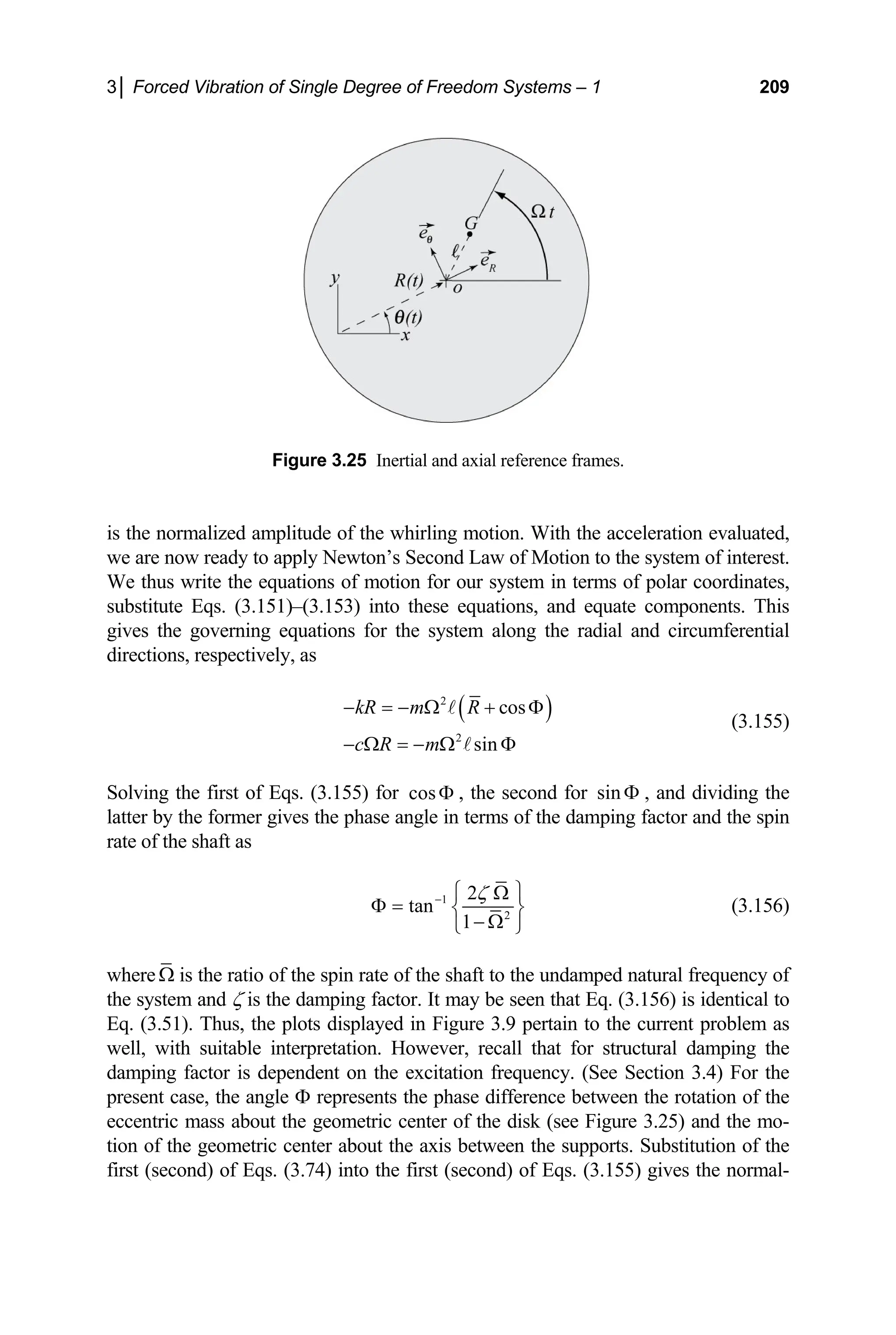 3│ Forced Vibration of Single Degree of Freedom Systems – 1 209
Figure 3.25 Inertial and axial reference frames.
is eration evaluated,
w system of interest.
the normalized ampli l
e are now ready to apply Newton’s Second Law of Motion to the
write the equations of motion for our system in terms of polar coordinates,
tude of the whirling motion. With the acce
We thus
substitute Eqs. (3.151)–(3.153) into these equations, and equate components. This
gives the governing equations for the system along the radial and circumferential
directions, respectively, as
( )
2
2
cos
sin
kR m R
c R m
− = − Ω + Φ
− Ω = − Ω Φ
A
A
(3.155)
Solving the first of Eqs. (3.155) for cosΦ , the second for sinΦ , and dividing the
tter by the former gives the phase angle in terms of the damping factor and the spin
te of the shaft as
la
ra
1
2
2
tan
ζ
−
1
⎧ ⎫
Ω
Φ = ⎨ ⎬
− Ω
⎩ ⎭
her
(3.156)
e Ω
w is the ratio of the spin rate of the shaft
e system and ζ is the damping factor. It may be seen that Eq. (3.156) is identical to
n the rotation of the
ccentric mass about the geometric center of the disk (see Figure 3.25) and the mo-
on of the geometric center about the axis between the supp
cond) of Eqs. (3.74) into the first (second) of Eqs. (3.155) gives the normal-
to the undamped natural frequency of
th
Eq. (3.51). Thus, the plots displayed in Figure 3.9 pertain to the current problem as
well, with suitable interpretation. However, recall that for structural damping the
damping factor is dependent on the excitation frequency. (See Section 3.4) For the
present case, the angle Φ represents the phase difference betwee
e
ti orts. Substitution of the
first (se
 