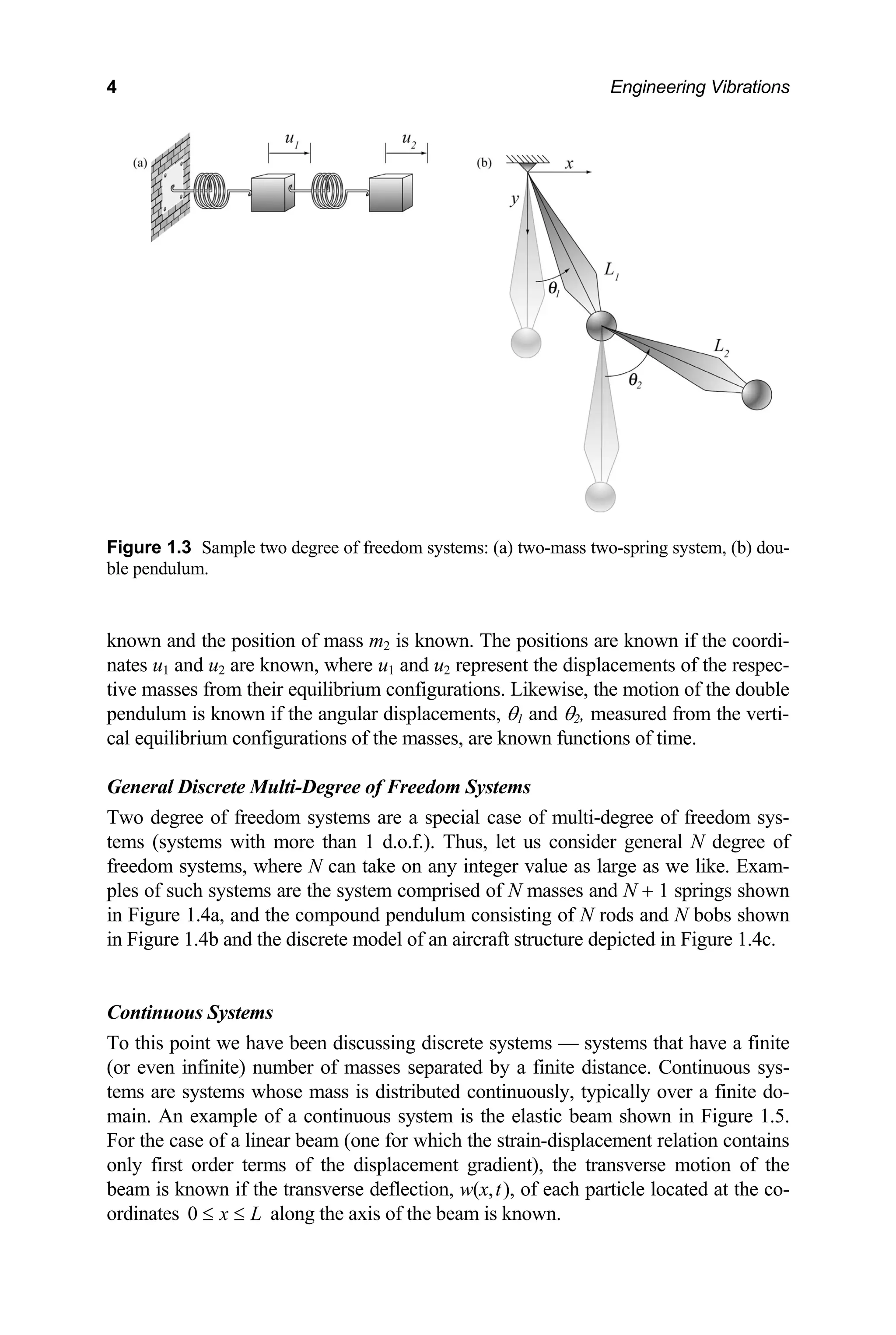 4 Engineering Vibrations
Figure 1.3 Sample two degree of freedom systems: (a) two-mass two-spring system, (b) dou-
ble pendulum.
known and the position of mass m2 is known. The positions are known if the coordi-
nates u1 and u2 are known, where u1 and u2 represent the displacements of the respec-
tive masses from their equilibrium configurations. Likewise, the motion of the double
pendulum is known if the angular displacements, θ1 and θ2, measured from the verti-
cal equilibrium configurations of the masses, are known functions of time.
General Discrete Multi-Degree of Freedom Systems
Two degree of freedom systems are a special case of multi-degree of freedom sys-
tems (systems with more than 1 d.o.f.). Thus, let us consider general N degree of
freedom systems, where N can take on any integer value as large as we like. Exam-
ples of such systems are the system comprised of N masses and N + 1 springs shown
in Figure 1.4a, and the compound pendulum consisting of N rods and N bobs shown
in Figure 1.4b and the discrete model of an aircraft structure depicted in Figure 1.4c.
Continuous Systems
To this point we have been discussing discrete systems — systems that have a finite
(or even infinite) number of masses separated by a finite distance. Continuous sys-
tems are systems whose mass is distributed continuously, typically over a finite do-
main. An example of a continuous system is the elastic beam shown in Figure 1.5.
For the case of a linear beam (one for which the strain-displacement relation contains
only first order terms of the displacement gradient), the transverse motion of the
beam is known if the transverse deflection, w(x,t), of each particle located at the co-
ordinates 0 x L
≤ ≤ along the axis of the beam is known.
 