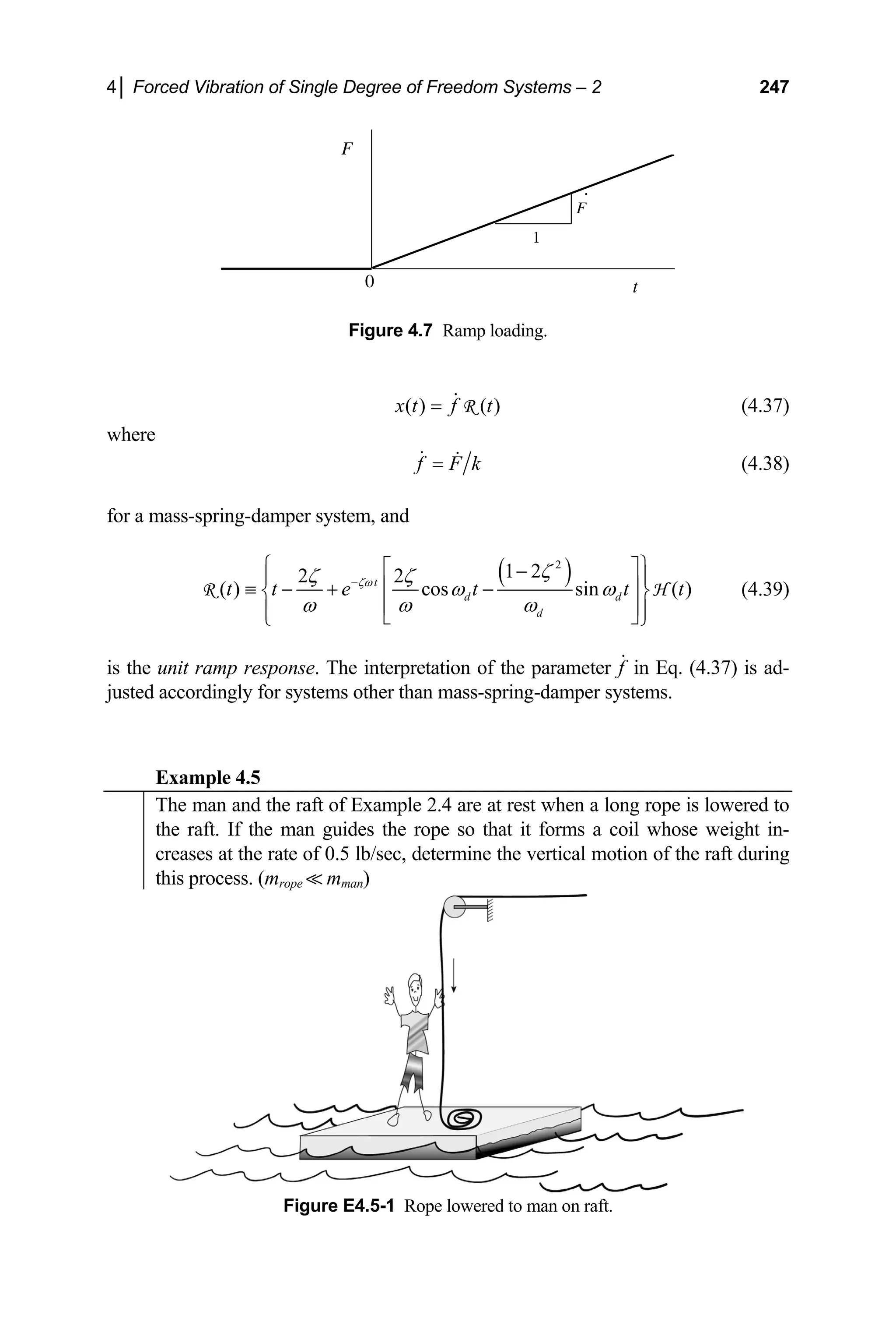 4│ Forced Vibration of Single Degree of Freedom Systems – 2 247
F
t
0
F
.
1
Figure 4.7 Ramp loading.
( ) ( )
x t f t
= R (4.37)
where
f F k
= (4.38)
for a mass-spring-damper system, and
( )
2
1 2
2 2
( ) cos sin ( )
t
d d
d
t t e t t t
ζω
ζ
ζ ζ
ω ω
ω ω ω
−
⎧ ⎫
⎡ ⎤
−
⎪ ⎪
⎢ ⎥
≡ − + −
⎨ ⎬
⎢ ⎥
⎪ ⎪
⎣ ⎦
⎩ ⎭
R H (4.39)
is the unit ramp response. The interpretation of the parameter f in Eq. (4.37) is ad-
justed accordingly for systems other than mass-spring-damper systems.
Example 4.5
The man and the raft of Example 2.4 are at rest when a long rope is lowered to
the raft. If the man guides the rope so that it forms a coil whose weight in-
creases at the rate of 0.5 lb/sec, determine the vertical motion of the raft during
this process. (mrope mman)
Figure E4.5-1 Rope lowered to man on raft.
 