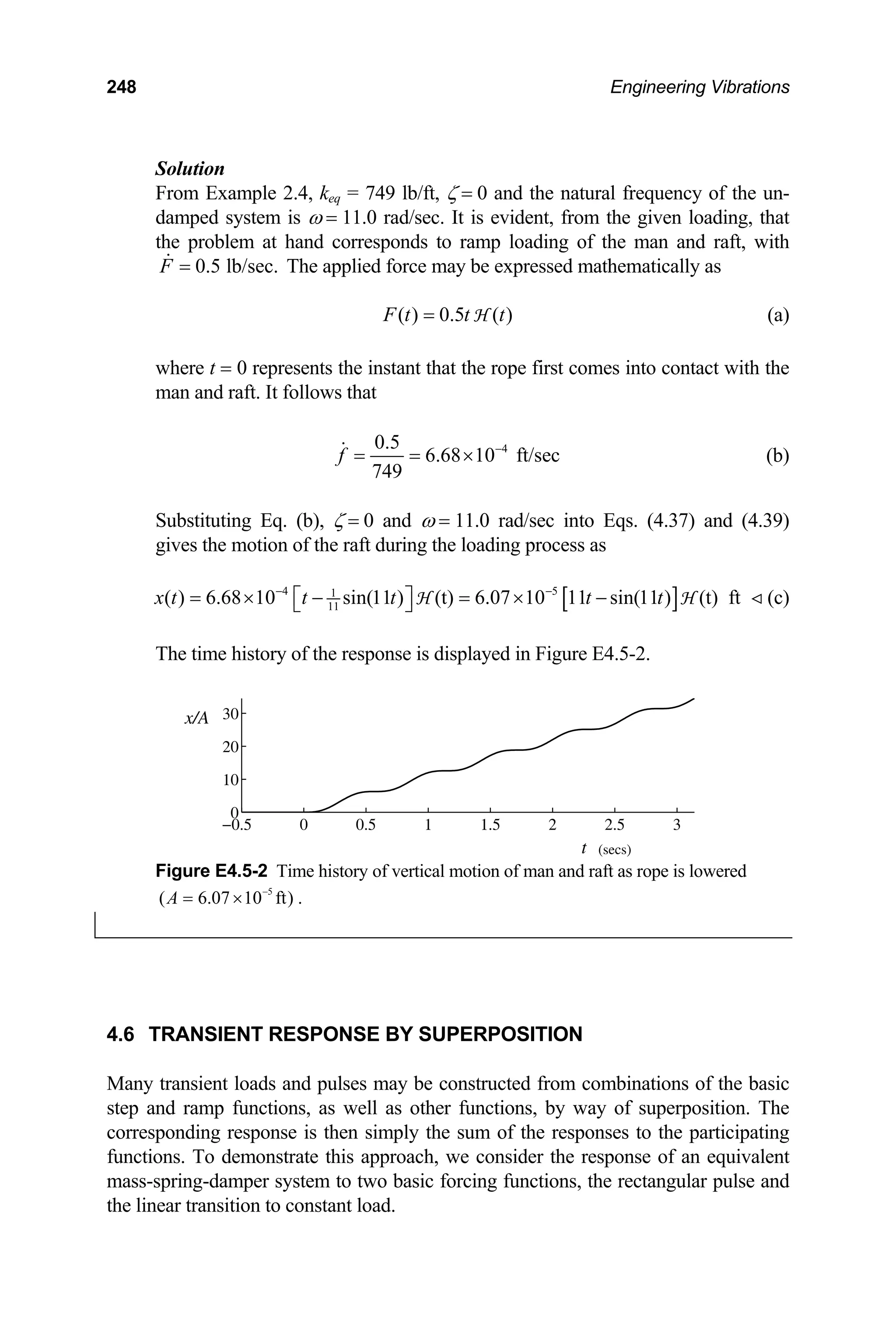 248 Engineering Vibrations
Solution
From Example 2.4, keq = 749 lb/ft, ζ = 0 and the natural frequency of the un-
damped system is ω = 11.0 rad/sec. It is evident, from the given loading, that
the problem at hand corresponds to ramp loading of the man and raft, with
The applied force may be expressed mathematically as
0.5 lb/sec.
F =
( ) 0.5 ( )
F t t t
= H (a)
where t = 0 represents the instant that the rope first comes into contact with the
man and raft. It follows that
4
0.5
6.68 10 ft/sec
749
f −
= = × (b)
Substituting Eq. (b), ζ = 0 and ω = 11.0 rad/sec into Eqs. (4.37) and (4.39)
gives the motion of the raft during the loading process as
[ ]
4 5
1
11
( ) 6.68 10 sin(11 ) (t) 6.07 10 11 sin(11 ) (t) ft
x t t t t t
− −
= × − = × −
⎡ ⎤
⎣ ⎦ H H (c)
The time history of the response is displayed in Figure E4.5-2.
−0.5 0 0.5 1 1.5 2 2.5 3
0
10
20
30
x/A
t (secs)
Figure E4.5-2 Time history of vertical motion of man and raft as rope is lowered
.
5
( 6.07 10 ft
A −
= × )
4.6 TRANSIENT RESPONSE BY SUPERPOSITION
Many transient loads and pulses may be constructed from combinations of the basic
step and ramp functions, as well as other functions, by way of superposition. The
corresponding response is then simply the sum of the responses to the participating
functions. To demonstrate this approach, we consider the response of an equivalent
mass-spring-damper system to two basic forcing functions, the rectangular pulse and
the linear transition to constant load.
 