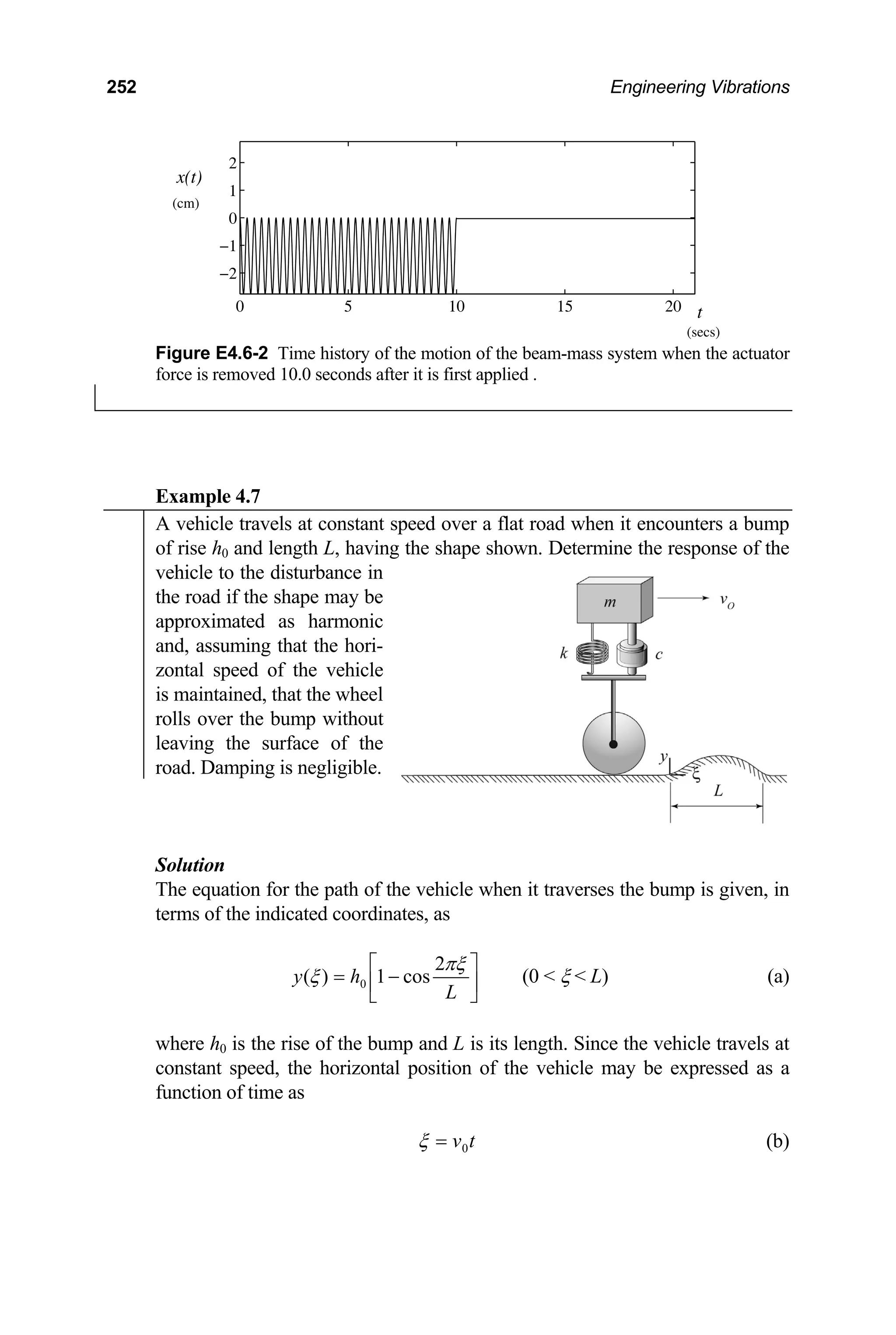 252 Engineering Vibrations
0 5 10 15 20
−2
−1
0
1
2
x(t)
t
(cm)
(secs)
Figure E4.6-2 Time history of the motion of the beam-mass system when the actuator
force is removed 10.0 seconds after it is first applied .
Example 4.7
A vehicle travels at constant speed over a flat road when it encounters a bump
of rise h0 and length L, having the shape shown. Determine the response of the
vehicle to the disturbance in
the road if the shape may be
approximated as harmonic
and, assuming that the hori-
zontal speed of the vehicle
is maintained, that the wheel
rolls over the bump without
leaving the surface of the
road. Damping is negligible.
Solution
ion for the path of the vehicle when it traverses the bump is given, in
The equat
terms of the indicated coordinates, as
⎥
⎦
⎤
⎢
⎣
⎡
−
=
L
h
y
πξ
ξ
2
cos
1
)
( 0 (0  ξ  L) (a)
here h0 is the rise of the bump and L is its length. Since the vehicle travels at
w
constant speed, the horizontal position of the vehicle may be expressed as a
function of time as
t
v0
=
ξ (b)
 