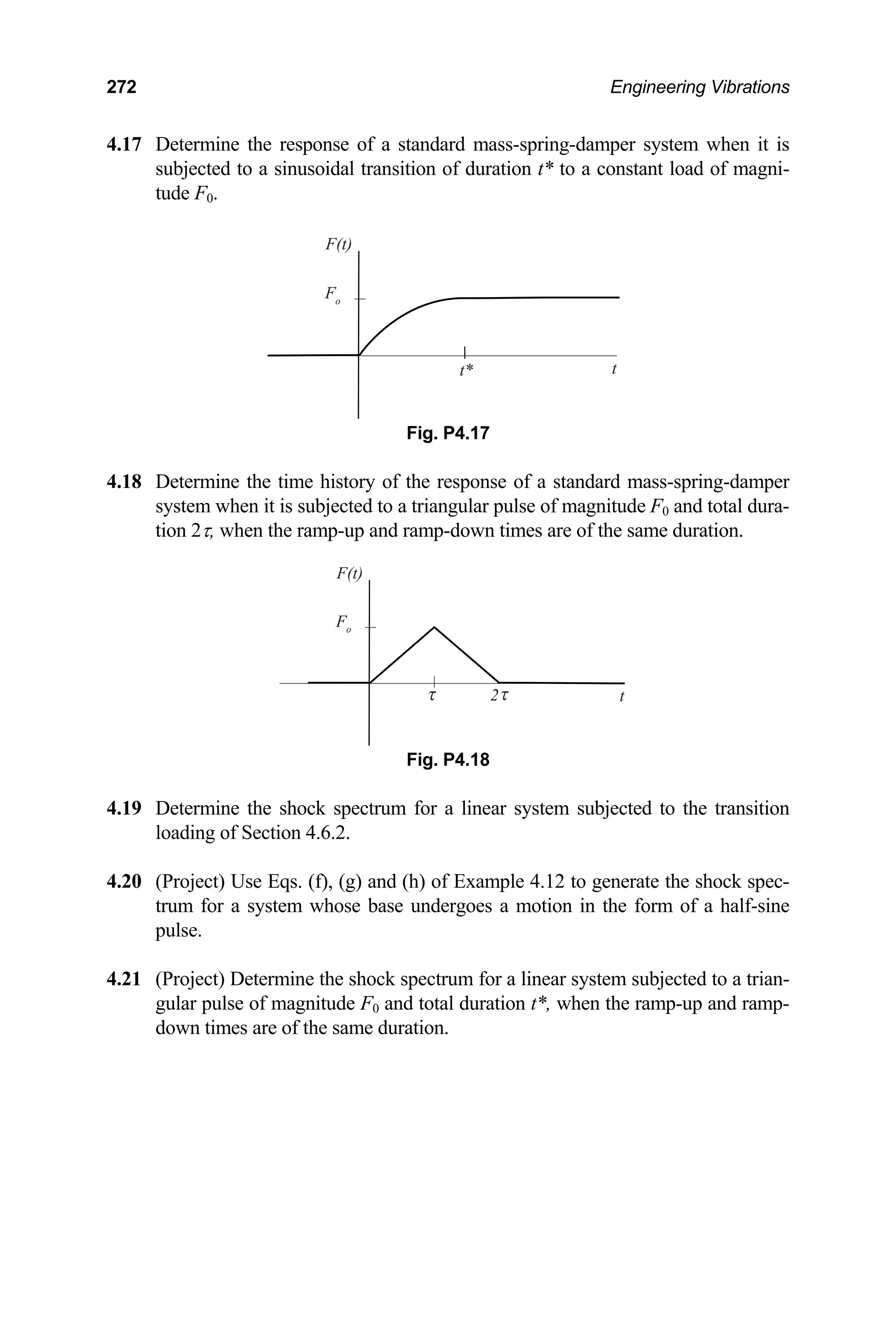 272 Engineering Vibrations
4.17 Determine the response of a standard mass-spring-damper system when it is
subjected to a sinusoidal transition of duration t* to a constant load of magni-
tude F0.
F(t)
Fo
t* t
Fig. P4.17
4.18 Determine the time history of the response of a standard mass-spring-damper
system when it is subjected to a triangular pulse of magnitude F0 and total dura-
tion 2τ, when the ramp-up and ramp-down times are of the same duration.
Fig. P4.18
F(t)
Fo
2 t
4.19 Determine the shock spectrum for a linear system subjected to the transition
loading of Section 4.6.2.
4.20 (Project) Use Eqs. (f), (g) and (h) of Example 4.12 to generate the shock spec-
trum for a system whose base undergoes a motion in the form of a half-sine
pulse.
4.21 (Project) Determine the shock spectrum for a linear system subjected to a trian-
gular pulse of magnitude F0 and total duration t*, when the ramp-up and ramp-
down times are of the same duration.
 