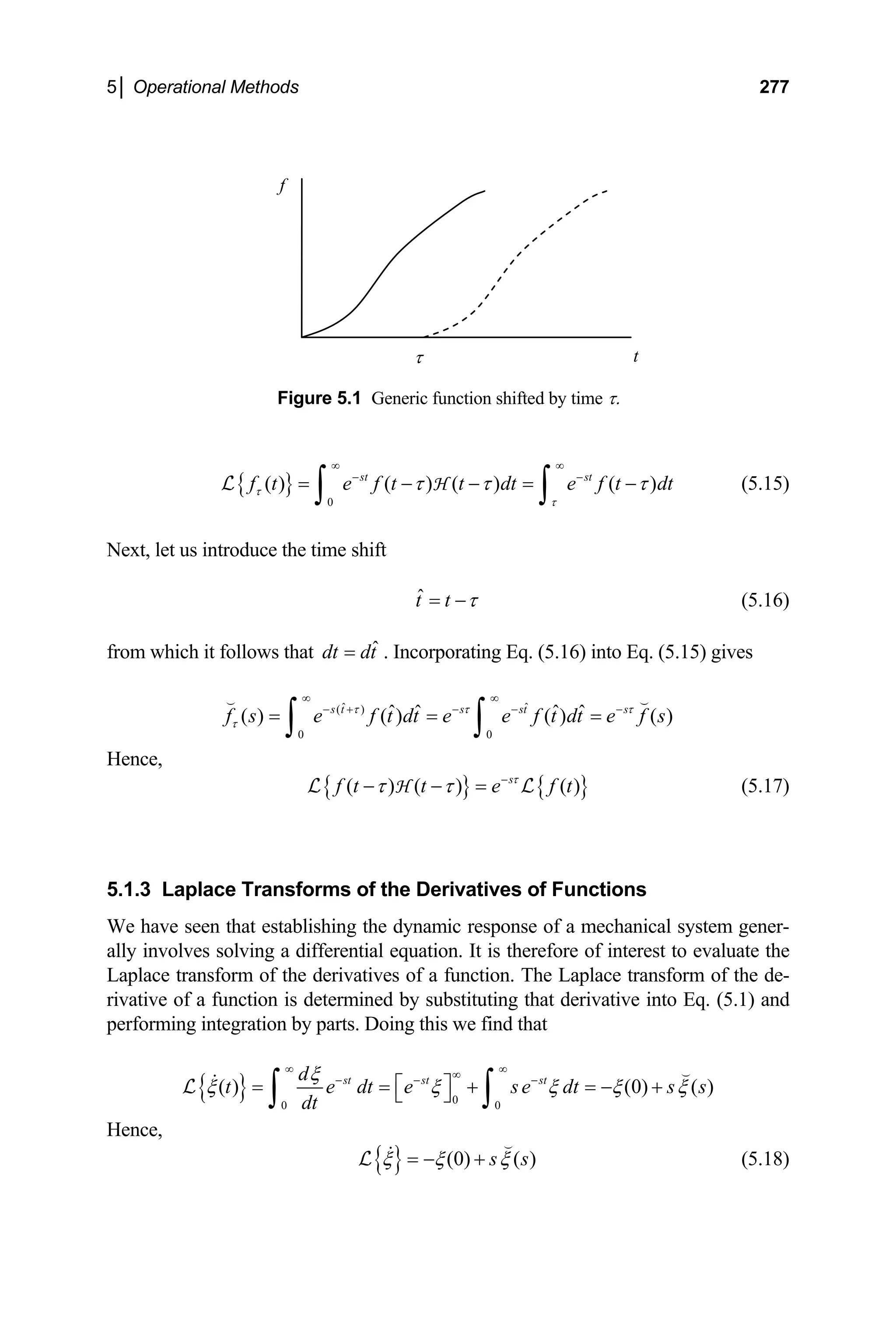5│ Operational Methods 277
f
t
τ
Figure 5.1 Generic function shifted by time τ.
{ }
0
( ) ( ) ( ) ( )
st st
f t e f t t dt e f t
τ
τ
τ τ τ
∞ ∞
−
= − − = −
∫ ∫
H
L dt
−
(5.15)
Next, let us introduce the time shift
ˆ
t t τ
= − (5.16)
from which it follows that ˆ
dt dt
= . Incorporating Eq. (5.16) into Eq. (5.15) gives
ˆ ˆ
( )
0 0
ˆ ˆ ˆ ˆ
( ) ( ) ( ) ( )
s t s st s
f s e f t dt e e f t dt e f s
τ τ τ
τ
∞ ∞
− + − − −
= = =
∫ ∫
 
Hence,
{ } { }
( ) ( ) ( )
s
f t t e f
τ
τ τ −
− − =
H
L t
L (5.17)
5.1.3 Laplace Transforms of the Derivatives of Functions
We have seen that establishing the dynamic response of a mechanical system gener-
ally involves solving a differential equation. It is therefore of interest to evaluate the
Laplace transform of the derivatives of a function. The Laplace transform of the de-
rivative of a function is determined by substituting that derivative into Eq. (5.1) and
performing integration by parts. Doing this we find that
{ } 0
0 0
( ) (0) ( )
st st st
d
t e dt e se dt s
dt
ξ
s
ξ ξ ξ ξ
∞ ∞
∞
− − −
⎡ ⎤
= = + = − +
⎣ ⎦
∫ ∫


L ξ
Hence,
{ } (0) ( )
s s
ξ ξ ξ
= − +


L (5.18)
 