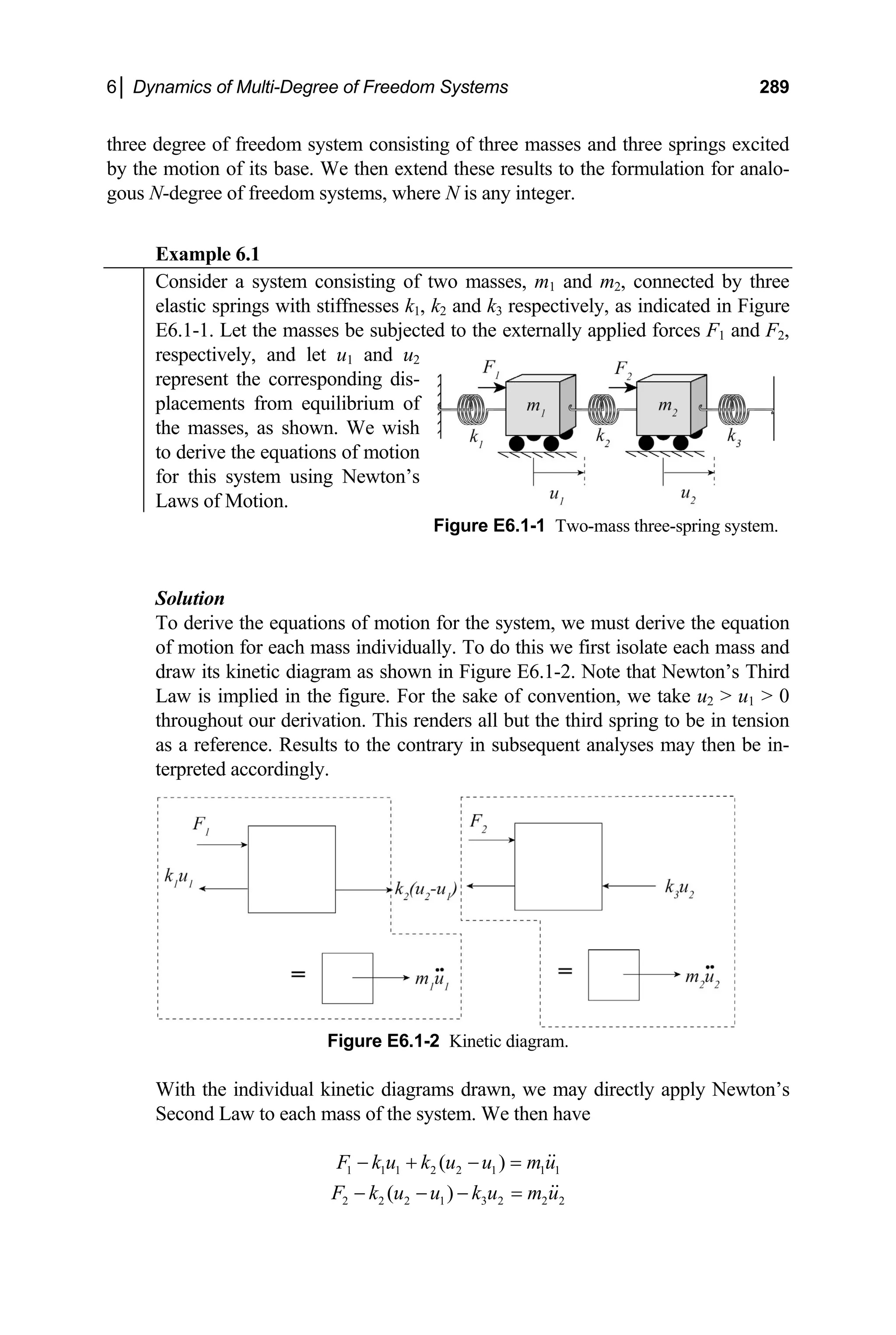 6│ Dynamics of Multi-Degree of Freedom Systems 289
three degree of freedom system consisting of three masses and three springs excited
by the motion of its base. We then extend these results to the formulation for analo-
gous N-degree of freedom systems, where N is any integer.
Example 6.1
Consider a system consisting of two masses, m1 and m2, connected by three
elastic springs with stiffnesses k1, k2 and k3 respectively, as indicated in Figure
E6.1-1. Let the masses be subjected to the externally applied forces F1 and F2,
respectively, and let u1 and u2
represent the corresponding dis-
placements from equilibrium of
the masses, as shown. We wish
to derive the equations of motion
for this system using Newton’s
Laws of Motion.
Figure E6.1-1 Two-mass three-spring system.
Solution
To derive the equations of motion for the system, we must derive the equation
of motion for each mass individually. To do this we first isolate each mass and
draw its kinetic diagram as shown in Figure E6.1-2. Note that Newton’s Third
Law is implied in the figure. For the sake of convention, we take u2  u1  0
throughout our derivation. This renders all but the third spring to be in tension
as a reference. Results to the contrary in subsequent analyses may then be in-
terpreted accordingly.
Figure E6.1-2 Kinetic diagram.
With the individual kinetic diagrams drawn, we may directly apply Newton’s
Second Law to each mass of the system. We then have
1 1 1 2 2 1 1
( ) 1
F k u k u u m u
− + − =
2 2 2 1 3 2 2
( ) 2
F k u u k u m u
− − − =
 