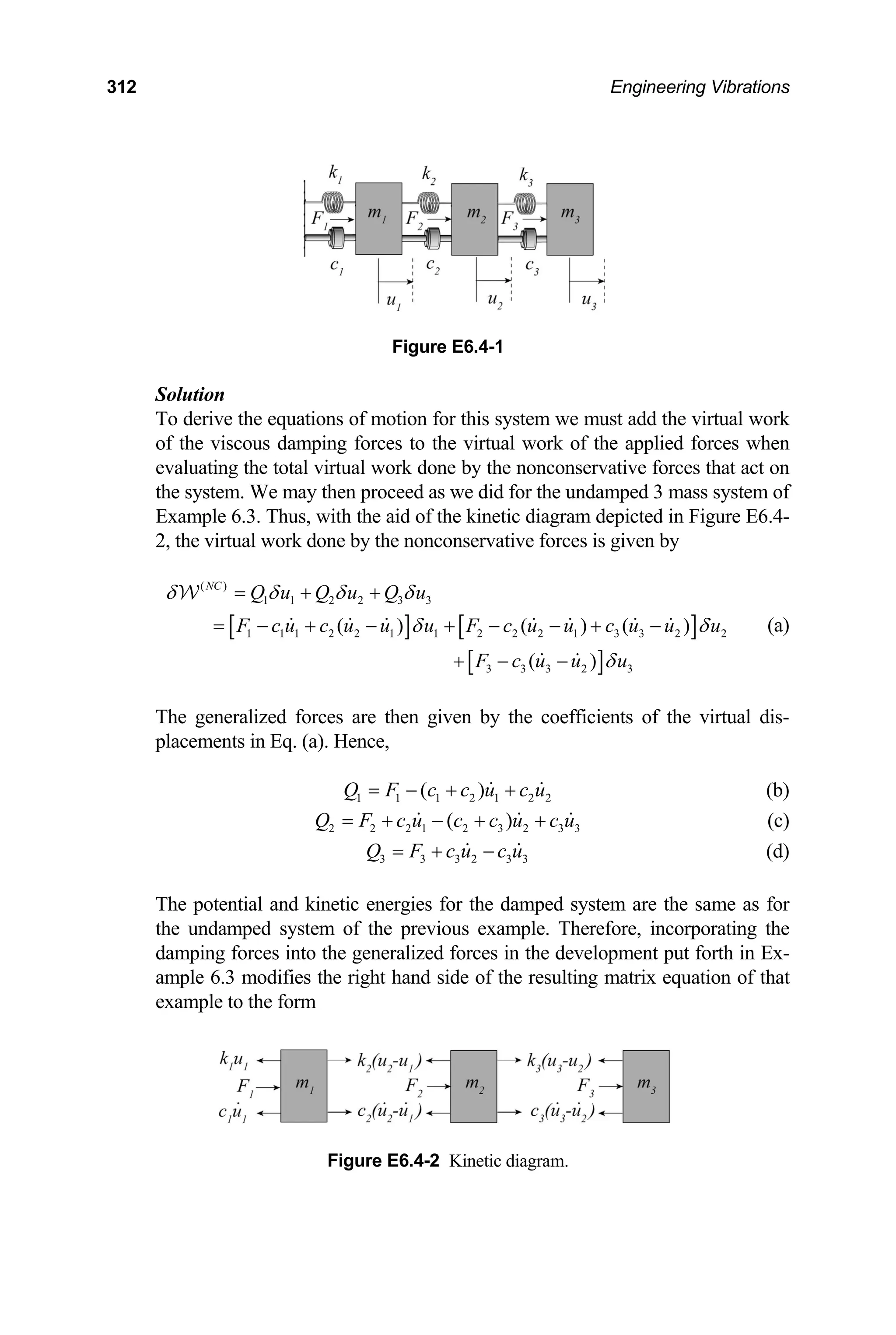 312 Engineering Vibrations
Solution
To derive the equations of m st add the virtual work
of the viscous dam rtual work of the applied forces when
evaluating the total vir the nonconservative forces that act on
. We may then proceed as we did for the undamped 3 mass system of
, with the c diagram depicted in Figure E6.4-
ual work done by the nonconservative forces is given by
Figure E6.4-1
otion for this system we mu
ping forces to the vi
tual work done by
the system
Example 6.3. Thus aid of the kineti
2, the virt
[ ] [ ]
[ ]
( )
1 1 2 2 3 3
1 1 1 2 2 1 1 2 2 2 1 3 3 2 2
3 3 3 2 3
( ) ( ) ( )
( )
NC
Q u Q u Q u
F c u c u u u F c u u c u u u
F c u u u
δ δ δ δ
δ δ
δ
= + +
= − + − + − − + −
+ − −
W
(a)
he generalized forces are then given by the coefficients of the
T
p
virtual dis-
lacements in Eq. (a). Hence,
2
1 1 1 2 1 2
( )
Q F c c u c u
= − + + (b)
3
2 2 2 1 2 3 2 3
( )
Q F c u c c u c u
= + − + + (c)
3
3 3 3 2 3
Q F c u c u
= + − (d)
gies for the damped system are the same as for
e undamped system of the previous example. Therefore, incorporating the
damping forces into the generalized forces in the
ample 6.3 modifies the right hand side of the resultin
example to the form
Figure E6.4-2 Kinetic diagram.
The potential and kinetic ener
th
development put forth in Ex-
g matrix equation of that
 