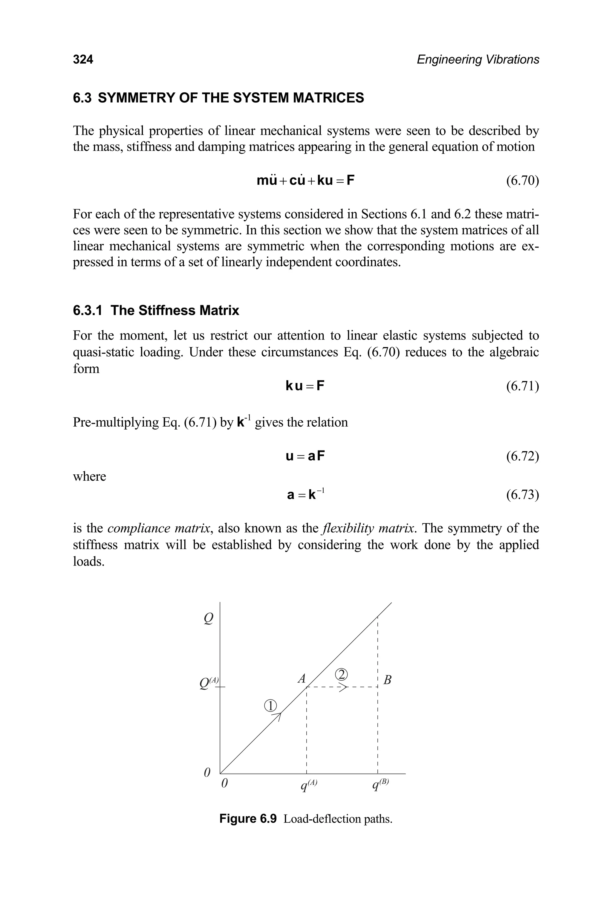 324 Engineering Vibrations
6.3 SYMMETRY OF THE SYSTEM MATRICES
The physical properties of linear mechanical systems were seen to be described by
the mass, stiffness and damping matrices appearing in the general equation of motion
+ + =
mu cu ku F (6.70)
For each of the representative systems considered in Sections 6.1 and 6.2 these matri-
ces were seen to be symmetric. In this section we show that the system matrices of all
linear mechanical systems are symmetric when the corresponding motions are ex-
pressed in terms of a set of linearly independent coordinates.
6.3.1 The Stiffness Matrix
For the moment, let us restrict our attention to linear elastic systems subjected to
quasi-static loading. Under these circumstances Eq. (6.70) reduces to the algebraic
form
=
ku F (6.71)
Pre-multiplying Eq. (6.71) by k-1
gives the relation
=
u aF (6.72)
where
1
−
=
a k (6.73)
is the compliance matrix, also known as the flexibility matrix. The symmetry of the
stiffness matrix will be established by considering the work done by the applied
loads.
A
1
2 B
Q(A)
Q
0
q(A) q(B)
0
Figure 6.9 Load-deflection paths.
 