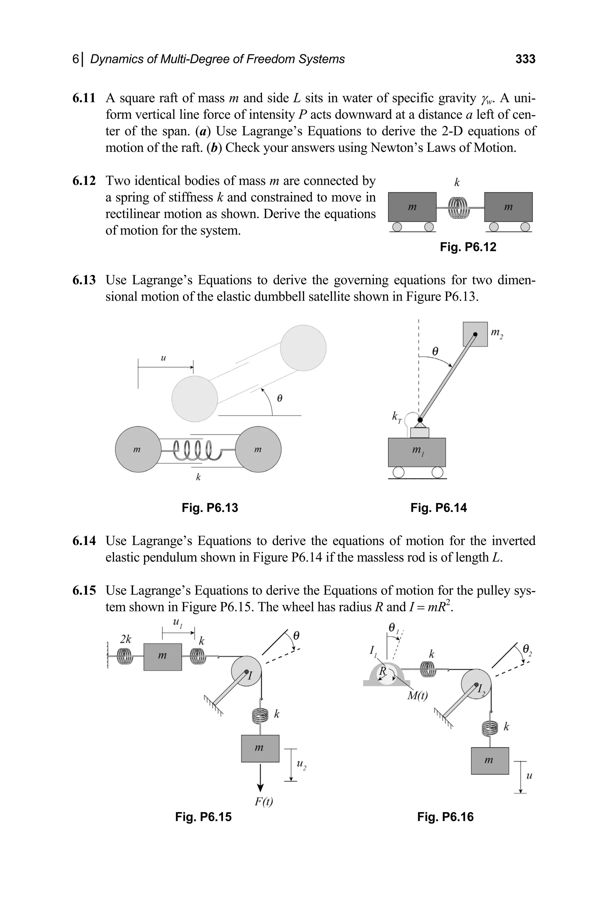 6│ Dynamics of Multi-Degree of Freedom Systems 333
6.11 A square raft of mass m and side L sits in water of specific gravity γw. A uni-
form vertical line force of intensity P acts downward at a distance a left of cen-
ter of the span. (a) Use Lagrange’s Equations to derive the 2-D equations of
motion of the raft. (b) Check your answers using Newton’s Laws of Motion.
6.12 Two identical bodies of mass m are connected by
a spring of stiffness k and constrained to move in
rectilinear motion as shown. Derive the equations
of motion for the system.
Fig. P6.12
6.13 Use Lagrange’s Equations to derive the governing equations for two dimen-
sional motion of the elastic dumbbell satellite shown in Figure P6.13.
Fig. P6.13 Fig. P6.14
6.14 Use Lagrange’s Equations to derive the equations of motion for the inverted
elastic pendulum shown in Figure P6.14 if the massless rod is of length L.
6.15 Use Lagrange’s Equations to derive the Equations of motion for the pulley sys-
tem shown in Figure P6.15. The wheel has radius R and I = mR2
.
Fig. P6.15 Fig. P6.16
 