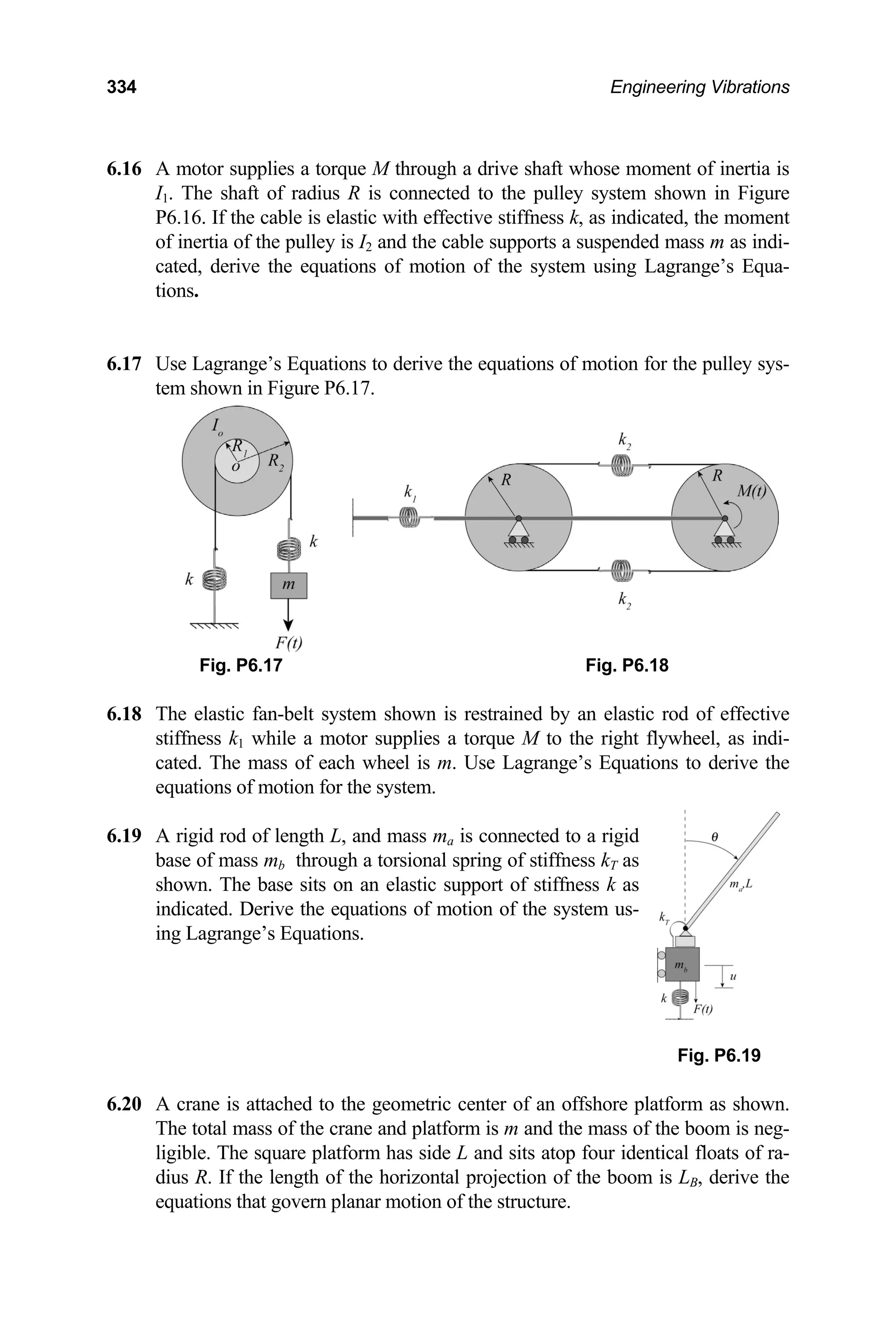 334 Engineering Vibrations
6.16 A motor supplies a torque M through a drive shaft whose moment of inertia is
I1. The shaft of radius R is connected to the pulley system shown in Figure
P6.16. If the cable is elastic with effective stiffness k, as indicated, the moment
of inertia of the pulley is I2 and the cable supports a suspended mass m as indi-
cated, derive the equations of motion of the system using Lagrange’s Equa-
tions.
6.17 Use Lagrange’s Equations to derive the equations of motion for the pulley sys-
tem shown in Figure P6.17.
6.18 shown is restrained by an elastic rod of effective
mo
cated. The mass of each whee
equations of mo
6.19 A rigid rod of length L
base of mass mb through
shown. The ba
indicated. Derive the equati
ing Lagrange’s Equations.
6.20 center of an offshore platform as shown.
The total mass of the crane and platform is m and the mass of
tical floats of ra-
is LB, derive the
Fig. P6.17 Fig. P6.18
The elastic fan-belt system
stiffness k1 while a tor supplies a torque M to the right flywheel, as indi-
l is m. Use Lagrange’s Equations to derive the
tion for the system.
, and mass ma is connected to a rigid
a torsional spring of stiffness kT as
se sits on an elastic support of stiffness k as
ons of motion of the system us-
Fig. P6.19
A crane is attached to the geometric
the boom is neg-
ligible. The square platform has side L and sits atop four iden
dius R. If the length of the horizontal projection of the boom
equations that govern planar motion of the structure.
 