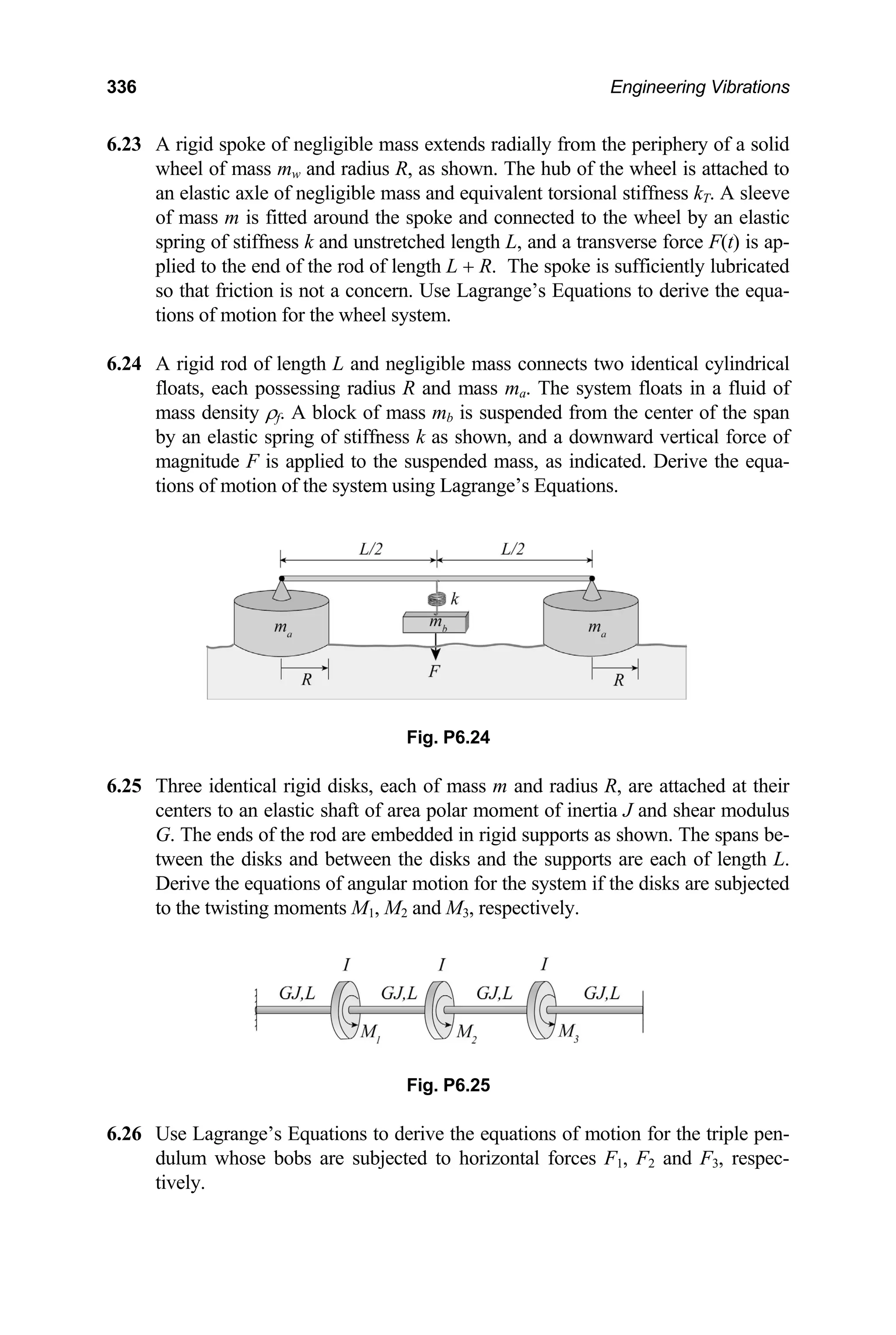 336 Engineering Vibrations
6.23 mass extends radially from the periphery of a solid
R, as shown. The hub of the wheel is attached to
mass and equivalent torsional stiffness kT. A sleeve
of m nected to the wheel by an elastic
and unstretched length L, and a transverse force F(t) is ap-
plied L + R. The spoke is sufficiently lubricated
Lagrange’s Equations to derive the equa-
tions of stem.
6.24 egligible mass connects two identical cylindrical
floats, R and mass ma. The system floats in a fluid of
center of the span
6.25
and shear modulus
G. The ends of the rod are embedded in rigid supports as shown. The spans be-
tween the disks and between the disks and the supports are each of length L.
are subjected
to
Fig. P6.25
A rigid spoke of negligible
wheel of mass mw and radius
an elastic axle of negligible
ass m is fitted around the spoke and con
spring of stiffness k
to the end of the rod of length
so that friction is not a concern. Use
motion for the wheel sy
A rigid rod of length L and n
each possessing radius
mass density ρf. A block of mass mb is suspended from the
by an elastic spring of stiffness k as shown, and a downward vertical force of
magnitude F is applied to the suspended mass, as indicated. Derive the equa-
tions of motion of the system using Lagrange’s Equations.
Fig. P6.24
Three identical rigid disks, each of mass m and radius R, are attached at their
centers to an elastic shaft of area polar moment of inertia J
Derive the equations of angular motion for the system if the disks
the twisting moments M1, M2 and M3, respectively.
6.26 Use Lagrange’s Equations to derive the equations of motion for the triple pen-
dulum whose bobs are subjected to horizontal forces F1, F2 and F3, respec-
tively.
 