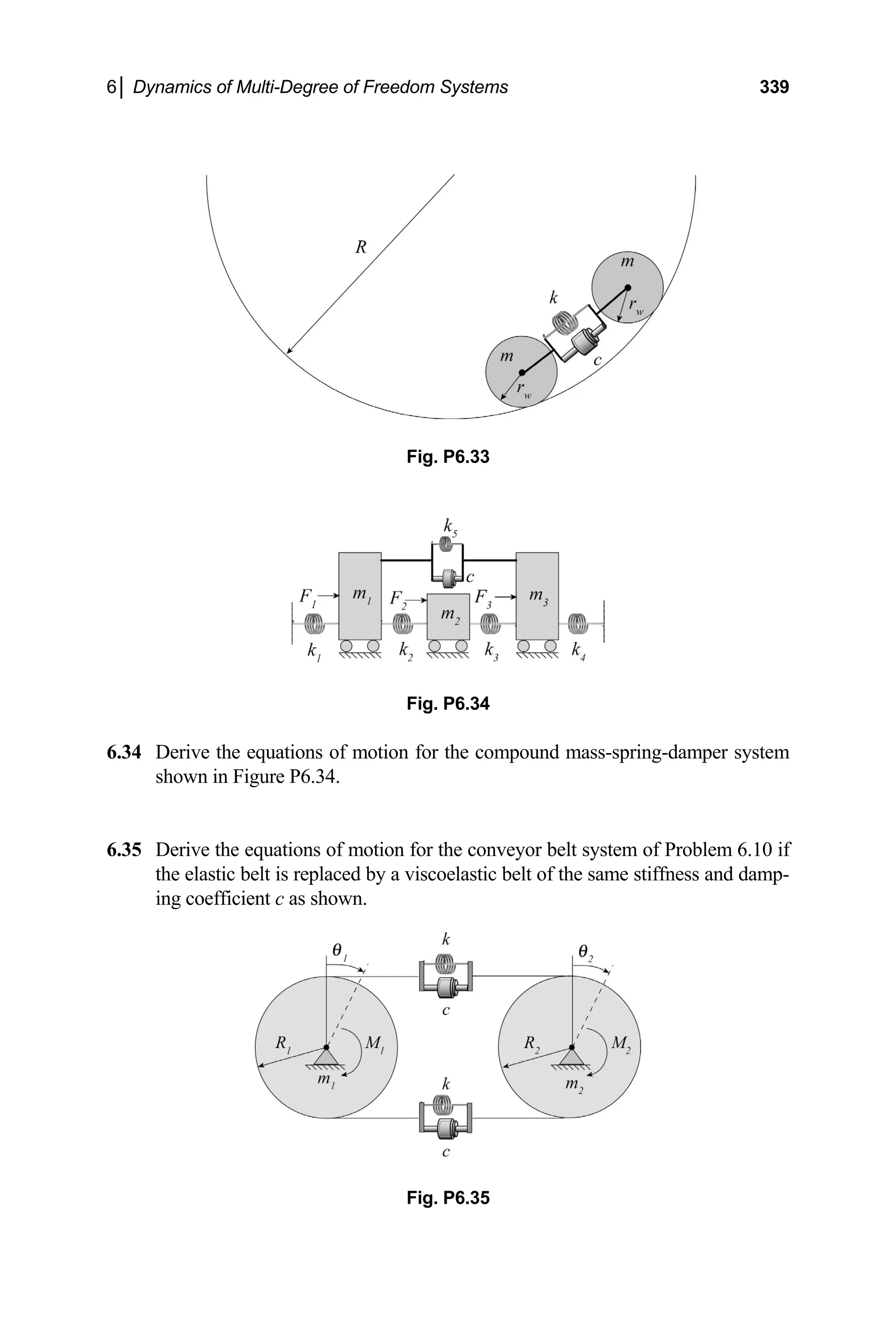 6│ Dynamics of Multi-Degree of Freedom Systems 339
Fig. P6.34
6.34 Derive the equations of m ss-spring-damper system
shown in Figur
6.35 Derive the or belt system of Problem 6.10 if
the elastic belt is replaced by a viscoelastic belt of the same stiffness and damp-
.
Fig. P6.33
otion for the compound ma
e P6.34.
equations of motion for the convey
ing coefficient c as shown
Fig. P6.35
 