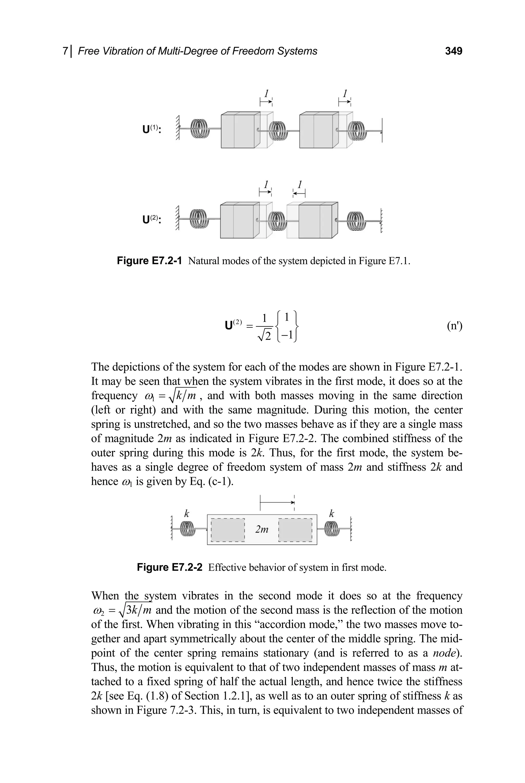7│ Free Vibration of Multi-Degree of Freedom Systems 349
Figure E7.2-1 Natural modes of the system depicted in Figure E7.1.
(2) 1
1
1
2
⎧ ⎫
= ⎨ ⎬
−
⎩ ⎭
U (n')
The depictions of the system for each of the modes are shown in Figure E7.2-1.
It may be seen that when the system vibrates in the first mode, it does so at the
frequency 1 k m
ω = , and with both masses moving in the same direction
(left or right) and with the same magnitude. During this motion, the center
spring is unstretched, and so the two masses behave as if they are a single mass
of magnitude 2m as indicated in Figure E7.2-2. The combined stiffness of the
outer spring during this mode is 2k. Thus, for the first mode, the system be-
haves as a single degree of freedom system of mass 2m and stiffness 2k and
hence ω1 is given by Eq. (c-1).
Figure E7.2-2 Effective behavior of system in first mode.
When the system vibrates in the second mode it does so at the frequency
2 3k m
ω = and the motion of the second mass is the reflection of the motion
of the first. When vibrating in this “accordion mode,” the two masses move to-
gether and apart symmetrically about the center of the middle spring. The mid-
point of the center spring remains stationary (and is referred to as a node).
Thus, the motion is equivalent to that of two independent masses of mass m at-
tached to a fixed spring of half the actual length, and hence twice the stiffness
2k [see Eq. (1.8) of Section 1.2.1], as well as to an outer spring of stiffness k as
shown in Figure 7.2-3. This, in turn, is equivalent to two independent masses of
 