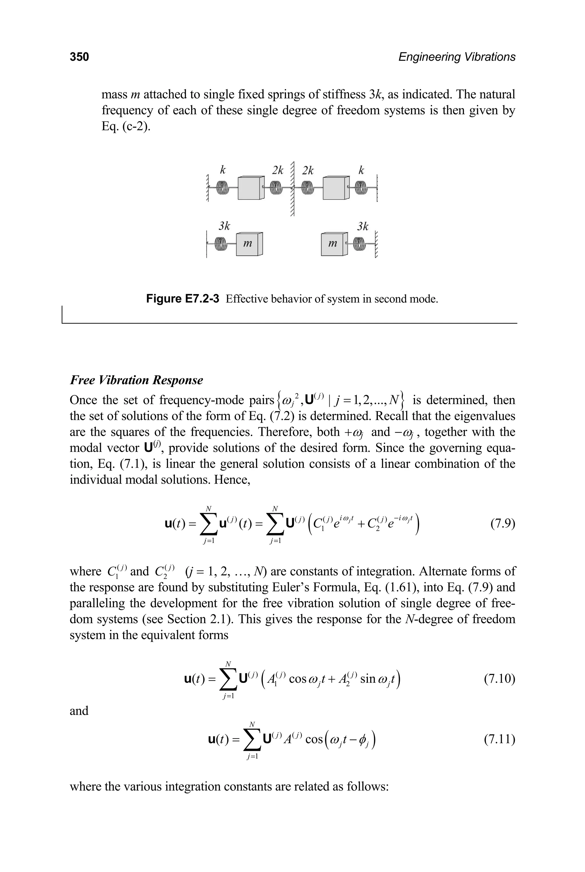 350 Engineering Vibrations
mass m attached to single fixed springs of stiffness 3k, as indicated. The natural
frequency of each of these single degree of freedom systems is then given by
Eq. (c-2).
Figure E7.2-3 Effective behavior of system in second mode.
Free Vibration Response
Once the set of frequency-mode pairs{ }
( )
2
, | 1,2,...,
j
j j
ω =
U N
)
j
ω
is determined, then
the set of solutions of the form of Eq. (7.2) is determined. Recall that the eigenvalues
are the squares of the frequencies. Therefore, both +ωj and −ωj , together with the
modal vector U(j)
, provide solutions of the desired form. Since the governing equa-
tion, Eq. (7.1), is linear the general solution consists of a linear combination of the
individual modal solutions. Hence,
(7.9)
(
( ) ( ) ( ) ( )
1 2
1 1
( ) ( ) j
N N
i t i t
j j j j
j j
t t C e C e
ω −
= =
= = +
∑ ∑
u u U
where ( )
1
j
C and ( )
2
j
C (j = 1, 2, …, N) are constants of integration. Alternate forms of
the response are found by substituting Euler’s Formula, Eq. (1.61), into Eq. (7.9) and
paralleling the development for the free vibration solution of single degree of free-
dom systems (see Section 2.1). This gives the response for the N-degree of freedom
system in the equivalent forms
( )
( ) ( ) ( )
1 2
1
( ) cos sin
N
j j j
j j
j
t A t A t
ω ω
=
= +
∑
u U (7.10)
and
(
( ) ( )
1
( ) cos
N
j j
)
j j
j
t A t
ω φ
=
= ∑
u U − (7.11)
where the various integration constants are related as follows:
 