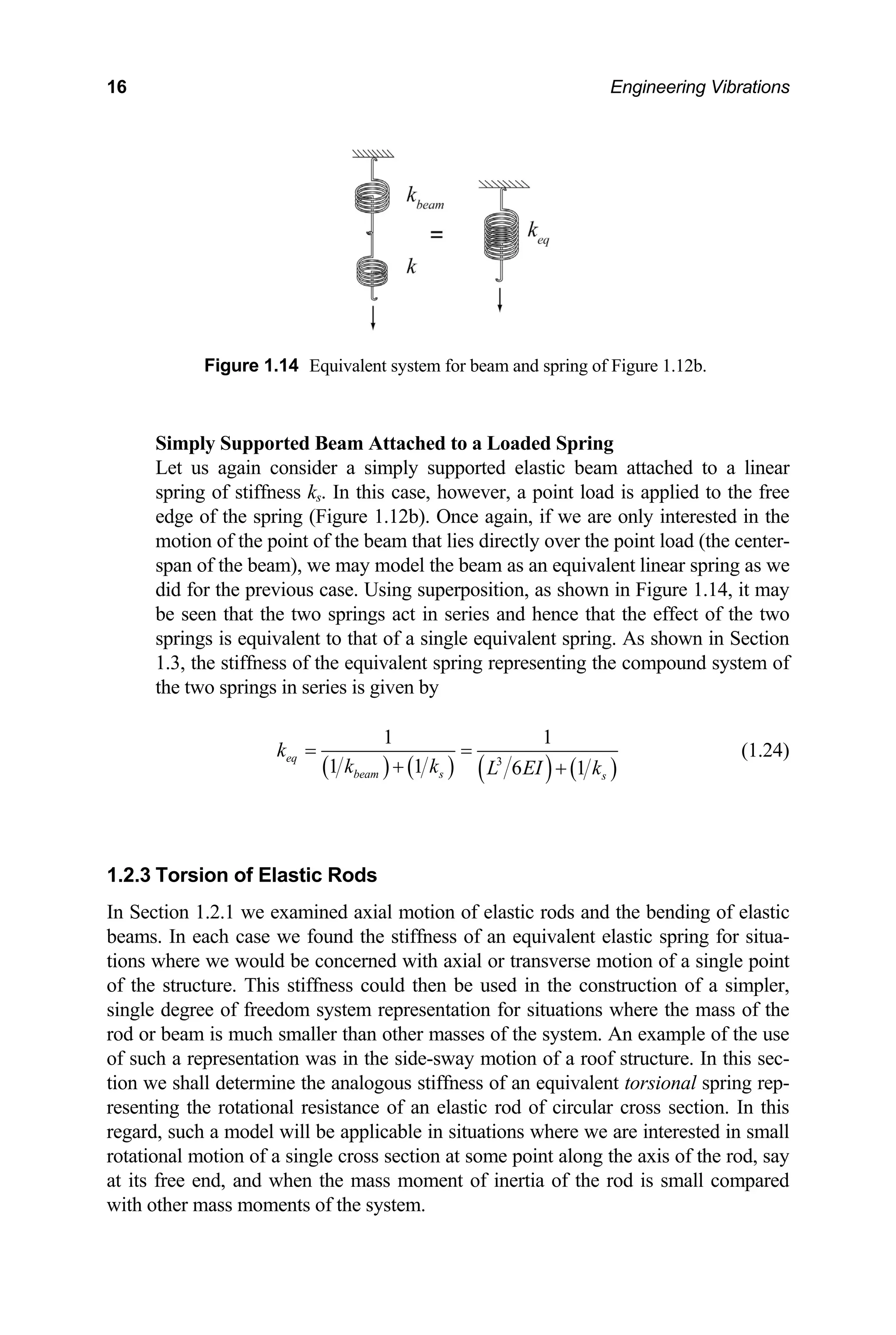 16 Engineering Vibrations
Figure 1.14 Equivalent system for beam and spring of Figure 1.12b.
Simply Suppo
Let us again consider a sim attached to a linear
spring of stiffness ks load is applied to the free
edge of the spring (Figure 1.1 n, if we are only interested in the
motion of the point of the b the point load (the center-
an of the beam), we may model the beam as an equivalent linear spring as we
4, it may
be seen that the two springs act in series and hence that the effect of the two
springs is equivalent to that of a single equivalent spring. As shown in Section
ompound system of
rted Beam Attached to a Loaded Spring
ply supported elastic beam
. In this case, however, a point
2b). Once agai
eam that lies directly over
sp
did for the previous case. Using superposition, as shown in Figure 1.1
1.3, the stiffness of the equivalent spring representing the c
the two springs in series is given by
( ) ( ) ( ) ( )
3
1 1
1 1 6 1
eq
beam s s
k
k k L EI k
= =
+ +
(1.24)
Torsion of Elastic Rods
tion 1.2.1 we examined axial motion
1.2.3
In Sec of elastic rods and the bending of elastic
eams. In each case we found the stiffness of an equivalent elastic spring for situa-
ons where we would be concerned with axial or transverse mo
f the structure. This stiffness could then be used in the const
system representation for situations where the mass of the
d or beam is much smaller than other masses of the system. An example of the use
f such a representation was in the side-sway motion of a roof structure. In this sec-
stiffness of an equivalent torsional spring rep-
of an elastic rod of circular cross section. In this
b
ti tion of a single point
o ruction of a simpler,
single degree of freedom
ro
o
tion we shall determine the analogous
resenting the rotational resistance
regard, such a model will be applicable in situations where we are interested in small
rotational motion of a single cross section at some point along the axis of the rod, say
at its free end, and when the mass moment of inertia of the rod is small compared
with other mass moments of the system.
 