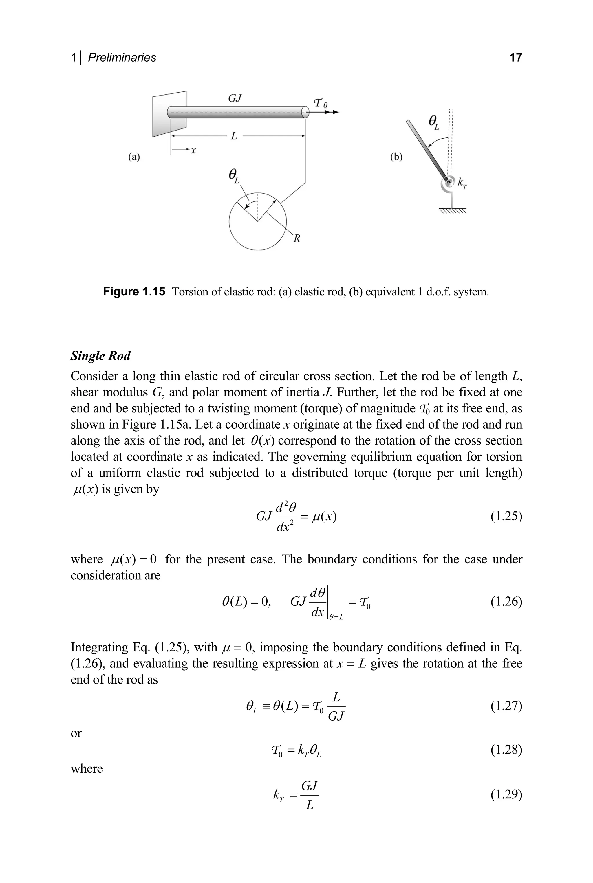 1│ Preliminaries 17
Figure stem.
Single Rod
C of length L,
shear m
nd and be subjected to a twisting moment (torque) of magnitude T0 at its free end, as
own in Figure 1.15a. Let a coordinate x originate at the fixed end of the rod and run
1.15 Torsion of elastic rod: (a) elastic rod, (b) equivalent 1 d.o.f. sy
onsider a long thin elastic rod of circular cross section. Let the rod be
odulus G, and polar moment of inertia J. Further, let the rod be fixed at one
e
sh
along the axis of the rod, and let ( )
x
θ correspond to the rotation of the cross section
cated at coordinate x quilibrium equation for torsion
f a uniform elastic rod subjected to a distributed torque (torque per unit length)
lo as indicated. The governing e
o
( )
x
µ is given by
2
2
( )
GJ x
dx
µ
= (1.25)
where ( ) 0
x
d θ
µ = for the present case. The boundary conditions for the case under
consideration are
0
( ) 0,
L
d
L GJ
dx θ
θ
θ
=
= = T (1.26)
Integrating Eq. (1.25), with µ = 0, imposing the boundary conditions defined in Eq.
.26), and evaluating the resulting expression at
s
(1 x = L gives the rotation at the free
end of the rod a
0
( )
L
L
L
GJ
θ θ
≡ = T (1.27)
or
0 T L
k θ
=
T (1.28)
here
T
GJ
k
L
= (1.29)
w
 