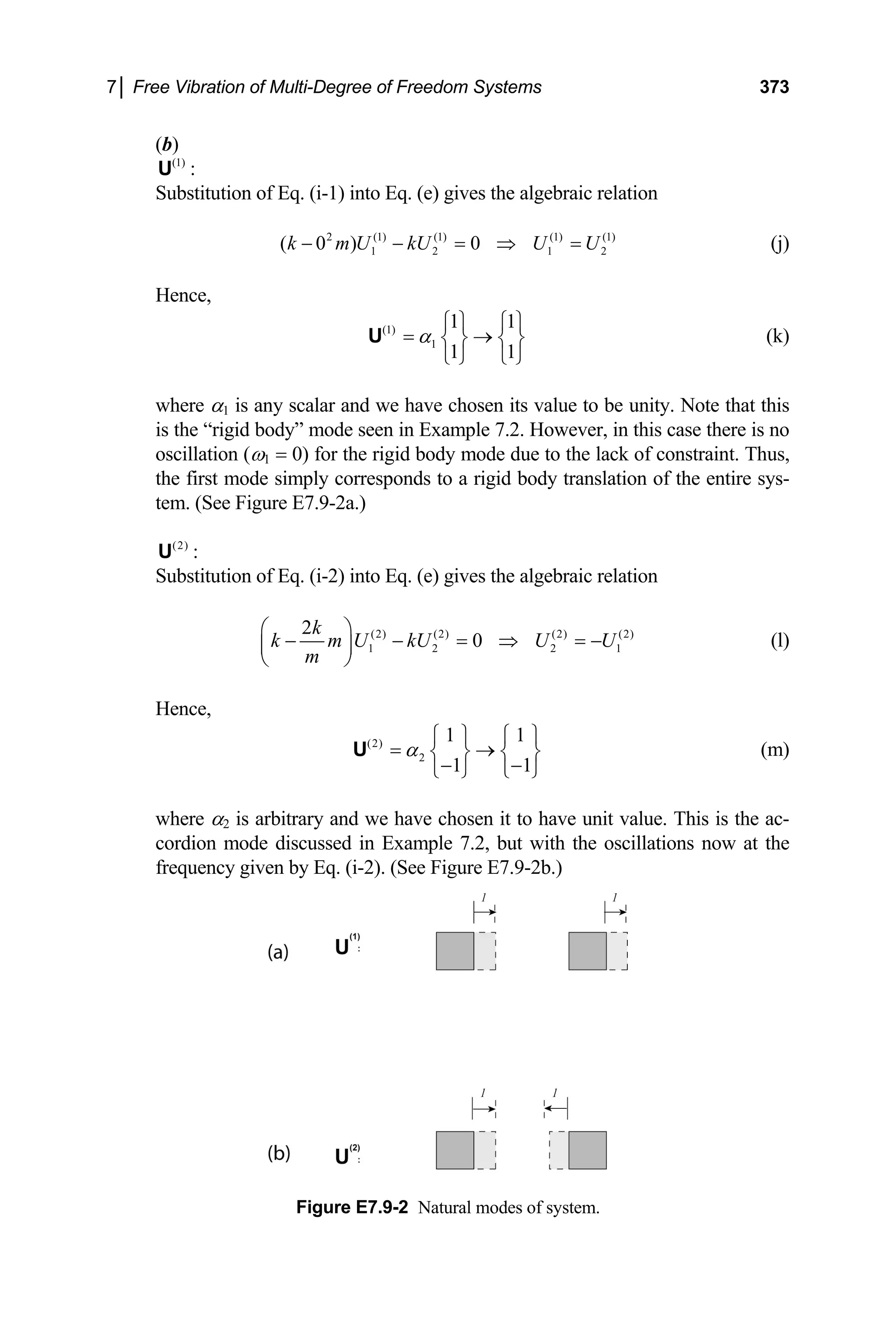7│ Free Vibration of Multi-Degree of Freedom Systems 373
(b)
(1)
U :
Substitution of Eq. (i-1) into Eq. (e) gives the algebraic relation
(j)
2 (1) (1) (1) (1)
1 2 1
( 0 ) 0
k m U kU U U
− − = ⇒ = 2
Hence,
(1)
1
1 1
1 1
α
⎧ ⎫ ⎧ ⎫
= →
⎨ ⎬ ⎨ ⎬
⎩ ⎭ ⎩ ⎭
U (k)
where α1 is any scalar and we have chosen its value to be unity. Note that this
is the “rigid body” mode seen in Example 7.2. However, in this case there is no
oscillation (ω1 = 0) for the rigid body mode due to the lack of constraint. Thus,
the first mode simply corresponds to a rigid body translation of the entire sys-
tem. (See Figure E7.9-2a.)
(2)
U :
Substitution of Eq. (i-2) into Eq. (e) gives the algebraic relation
(2) (2) (2) (2)
1 2 2
2
0
k
k m U kU U U
m
⎛ ⎞
− − = ⇒ = −
⎜ ⎟
⎝ ⎠
1 (l)
Hence,
(2)
2
1 1
1 1
α
⎧ ⎫ ⎧ ⎫
= →
⎨ ⎬ ⎨ ⎬
− −
⎩ ⎭ ⎩ ⎭
U (m)
where α2 is arbitrary and we have chosen it to have unit value. This is the ac-
cordion mode discussed in Example 7.2, but with the oscillations now at the
frequency given by Eq. (i-2). (See Figure E7.9-2b.)
Figure E7.9-2 Natural modes of system.
 