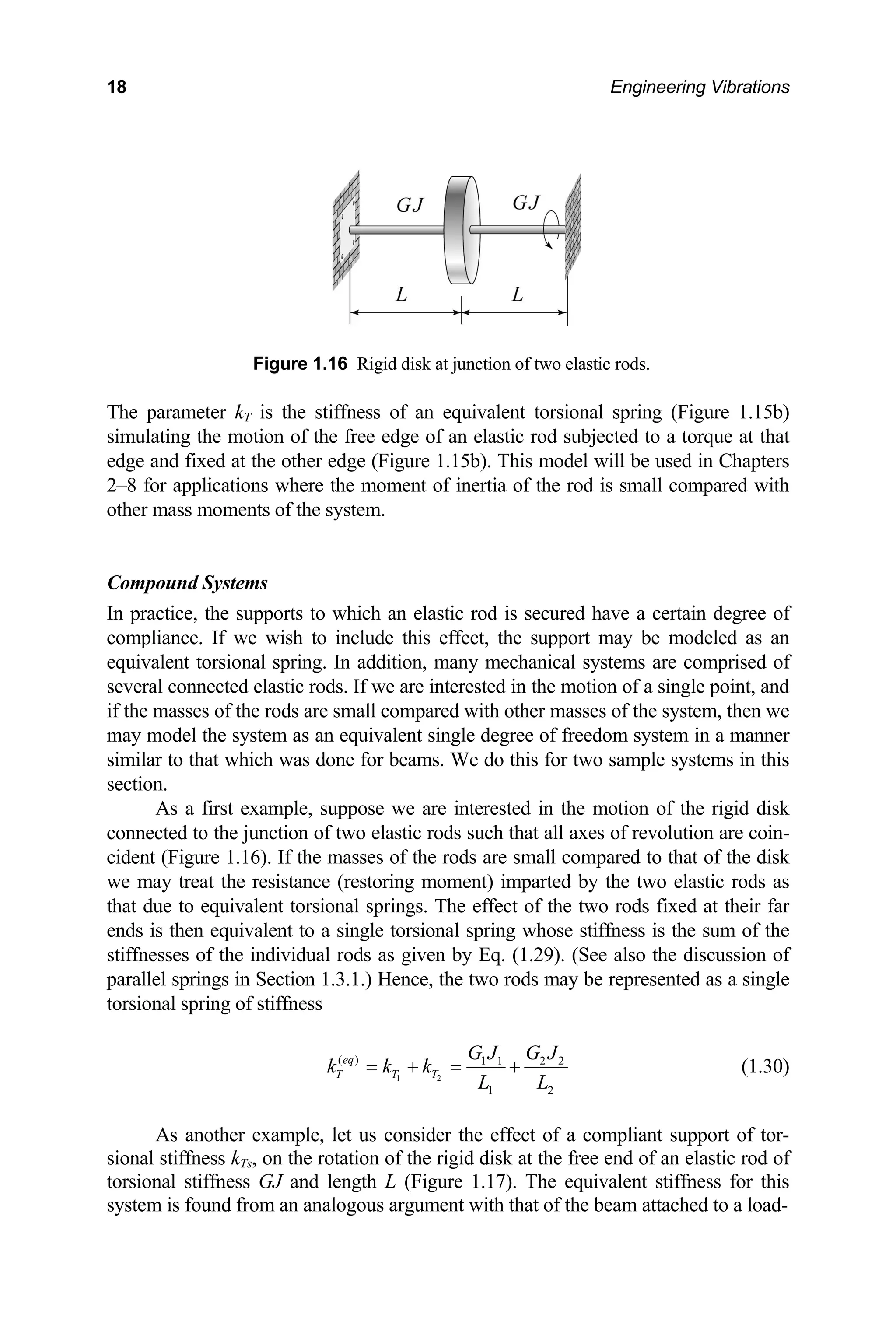 18 Engineering Vibrations
tion of two elastic rods.
Figure 1.16 Rigid disk at junc
he parameter kT is the stiffness of an equivalent torsional spring (Figure 1.15b)
simulating the motion of t tic rod subjected to a torque at that
edge and fixed at the other ed will be used in Chapters
2–8 for applications where t is small compared with
other mass moments of the s
Compound Systems
ain degree of
modeled as an
As a first example, suppose we are interested in the motion of the rigid disk
tion of two elastic rods such that all axes of revolution are coin-
he masses of the rods are small compared to that of the disk
T
he free edge of an elas
ge (Figure 1.15b). This model
he moment of inertia of the rod
ystem.
In practice, the supports to which an elastic rod is secured have a cert
compliance. If we wish to include this effect, the support may be
equivalent torsional spring. In addition, many mechanical systems are comprised of
several connected elastic rods. If we are interested in the motion of a single point, and
if the masses of the rods are small compared with other masses of the system, then we
may model the system as an equivalent single degree of freedom system in a manner
similar to that which was done for beams. We do this for two sample systems in this
section.
connected to the junc
cident (Figure 1.16). If t
we may treat the resistance (restoring moment) imparted by the two elastic rods as
that due to equivalent torsional springs. The effect of the two rods fixed at their far
ends is then equivalent to a single torsional spring whose stiffness is the sum of the
stiffnesses of the individual rods as given by Eq. (1.29). (See also the discussion of
parallel springs in Section 1.3.1.) Hence, the two rods may be represented as a single
torsional spring of stiffness
1 2
( ) 1 1 2 2
1 2
eq
T T T
k k k
L L
= + = + (1.30)
As another example, let us consider the effect of a compliant support of tor-
sional stiffness k
G J G J
Ts, on the rotation of the rigid disk at the free end of an elastic rod of
torsional stiffness GJ and length L (Figure 1.17). The equivalent stiffness for this
system is found from an analogous argument with that of the beam attached to a load-
 
