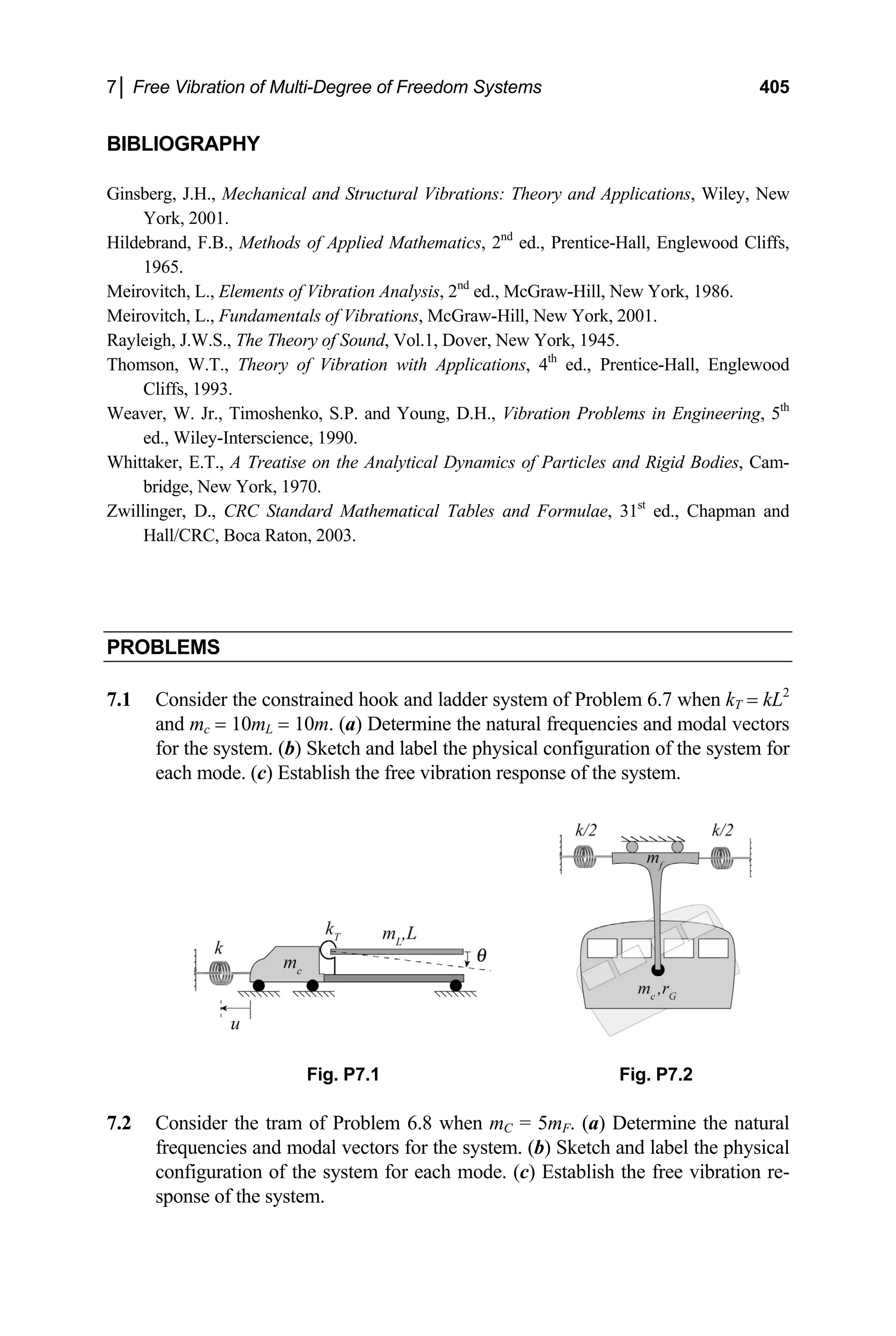7│ Free Vibration of Multi-Degree of Freedom Systems 405
BIBLIOGRAPHY
Ginsberg, J.H., Mechanical and Structural Vibrations: Theory and Applications, Wiley, New
York, 2001.
Hildebrand, F.B., Methods of Applied Mathematics, 2nd
ed., Prentice-Hall, Englewood Cliffs,
1965.
Meirovitch, L., Elements of Vibration Analysis, 2nd
ed., McGraw-Hill, New York, 1986.
Meirovitch, L., Fundamentals of Vibrations, McGraw-Hill, New York, 2001.
Rayleigh, J.W.S., The Theory of Sound, Vol.1, Dover, New York, 1945.
Thomson, W.T., Theory of Vibration with Applications, 4th
ed., Prentice-Hall, Englewood
Cliffs, 1993.
Weaver, W. Jr., Timoshenko, S.P. and Young, D.H., Vibration Problems in Engineering, 5th
ed., Wiley-Interscience, 1990.
Whittaker, E.T., A Treatise on the Analytical Dynamics of Particles and Rigid Bodies, Cam-
bridge, New York, 1970.
Zwillinger, D., CRC Standard Mathematical Tables and Formulae, 31st
ed., Chapman and
Hall/CRC, Boca Raton, 2003.
PROBLEMS
7.1 Consider the constrained hook and ladder system of Problem 6.7 when kT = kL2
and mc = 10mL = 10m. (a) Determine the natural frequencies and modal vectors
for the system. (b) Sketch and label the physical configuration of the system for
each mode. (c) Establish the free vibration response of the system.
Fig. P7.1 Fig. P7.2
7.2 Consider the tram of Problem 6.8 when mC = 5mF. (a) Determine the natural
frequencies and modal vectors for the system. (b) Sketch and label the physical
configuration of the system for each mode. (c) Establish the free vibration re-
sponse of the system.
 
