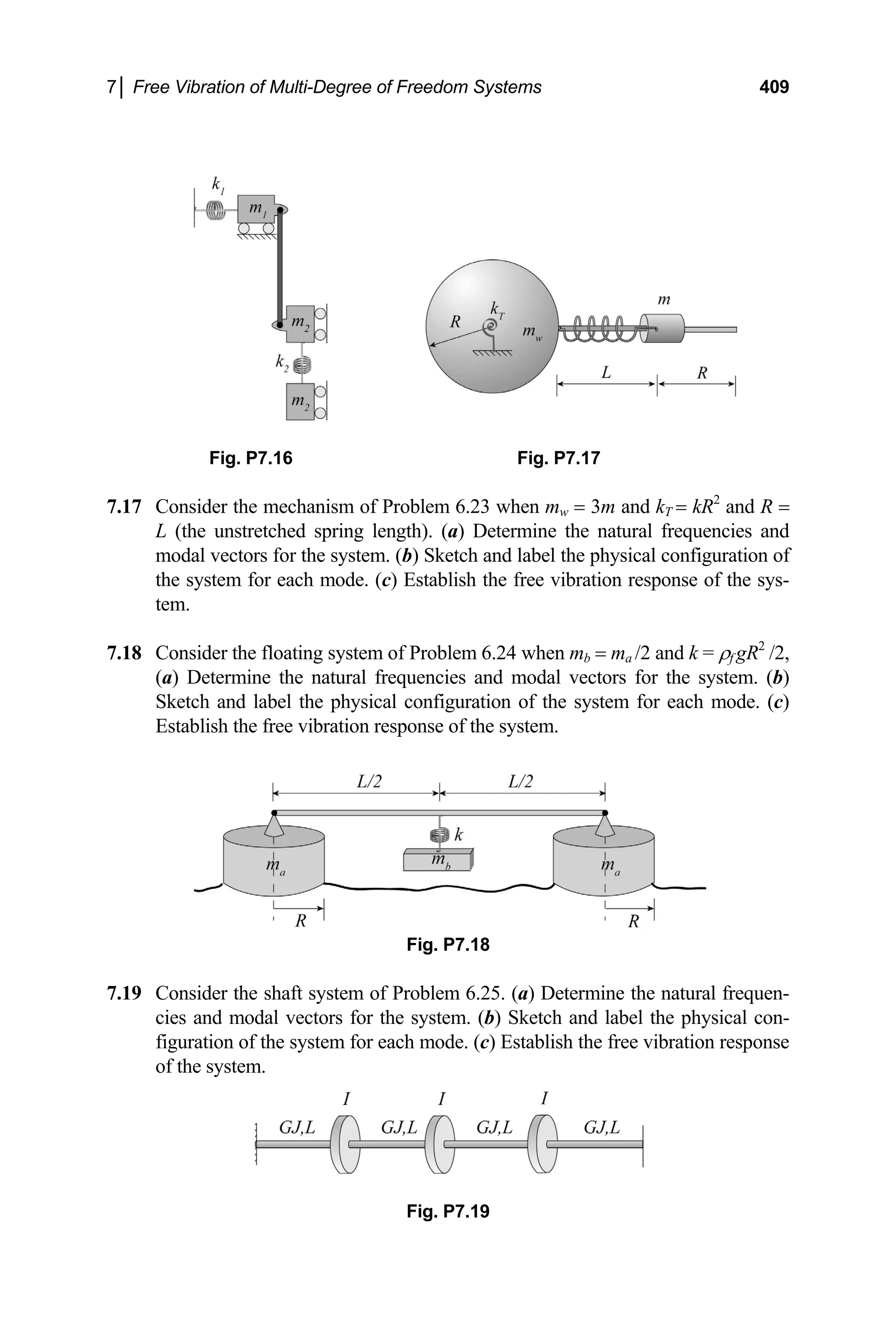 7│ Free Vibration of Multi-Degree of Freedom Systems 409
Fig. P7.16 Fig. P7.17
7.17 Consider the mechanism of Problem 6.23 when mw = 3m and kT = kR2
and R =
L (the unstretched spring length). (a) Determine the natural frequencies and
modal vectors for the system. (b) Sketch and label the physical configuration of
the system for each mode. (c) Establish the free vibration response of the sys-
tem.
7.18 Consider the floating system of Problem 6.24 when mb = ma /2 and k = ρf gR2
/2,
(a) Determine the natural frequencies and modal vectors for the system. (b)
Sketch and label the physical configuration of the system for each mode. (c)
Establish the free vibration response of the system.
Fig. P7.18
7.19 Consider the shaft system of Problem 6.25. (a) Determine the natural frequen-
cies and modal vectors for the system. (b) Sketch and label the physical con-
figuration of the system for each mode. (c) Establish the free vibration response
of the system.
Fig. P7.19
 
