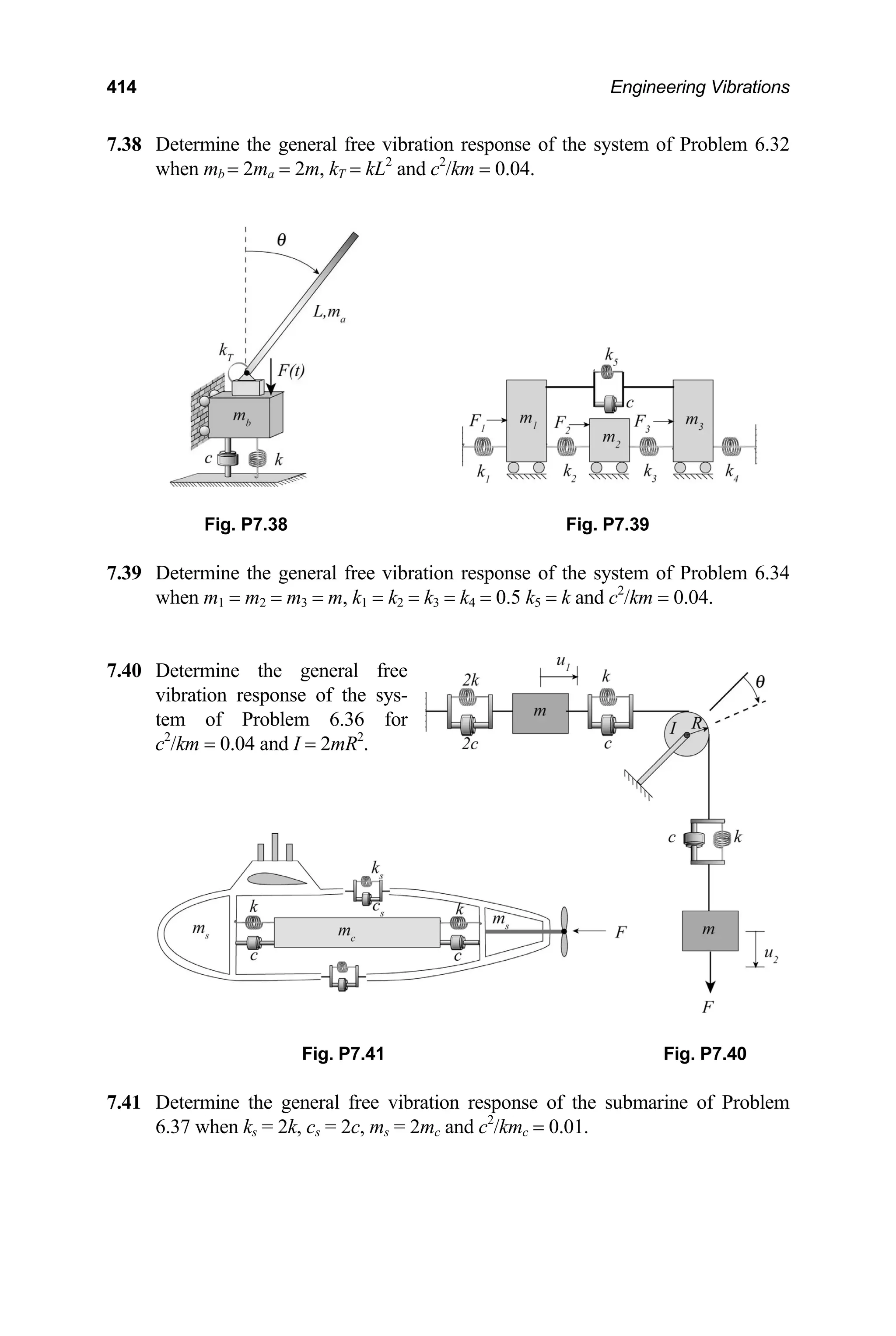 414 Engineering Vibrations
7.38 Determine the general free vibration response of the system of Problem 6.32
when mb = 2ma = 2m, kT = kL2
and c2
/km = 0.04.
Fig. P7.38 Fig. P7.39
7.39 Determine the general free vibration response of the system of Problem 6.34
when m1 = m2 = m3 = m, k1 = k2 = k3 = k4 = 0.5 k5 = k and c2
/km = 0.04.
7.40 Determine the general free
vibration response of the sys-
tem of Problem 6.36 for
c2
/km = 0.04 and I = 2mR2
.
Fig. P7.41 Fig. P7.40
7.41 Determine the general free vibration response of the submarine of Problem
6.37 when ks = 2k, cs = 2c, ms = 2mc and c2
/kmc = 0.01.
 