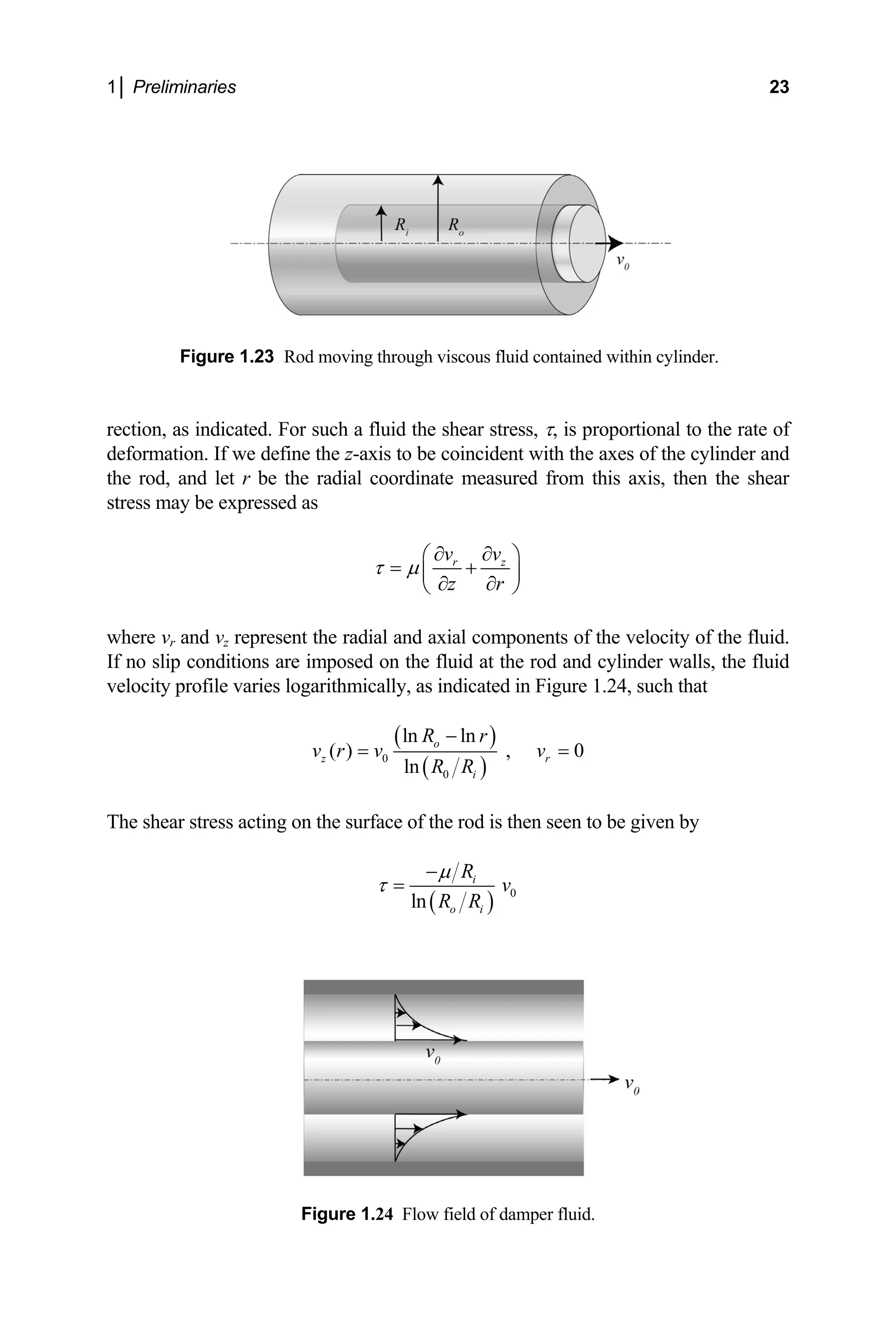 1│ Preliminaries 23
Figure 1.23 Rod moving through viscous fluid contained within cylinder.
rection, as indicated. For such a fluid the shear stress, τ, is proportional to the rate of
deformation. If we define the z-axis to be coincident with the axes of the cylinder and
e ro
th d, and let r be the radial coordinate measured from this axis, then the shear
stress may be expressed as
r z
v v
z r
τ µ
∂ ∂
⎛ ⎞
= +
⎜ ⎟
∂ ∂
⎝ ⎠
where vr and v of the fluid.
If no slip condi ls, the fluid
velocity profil hat
z represent the radial and axial components of the velocity
tions are imposed on the fluid at the rod and cylinder wal
e varies logarithmically, as indicated in Figure 1.24, such t
( )
( )
0
0
ln ln
( ) , 0
ln
o
z r
i
R r
v r v v
R R
−
= =
he shear stress acting on the surface of the rod is then seen to be given by
T
( ) 0
ln
i
o i
R
v
R R
µ
τ
−
=
Figure 1.24 Flow field of damper fluid.
 