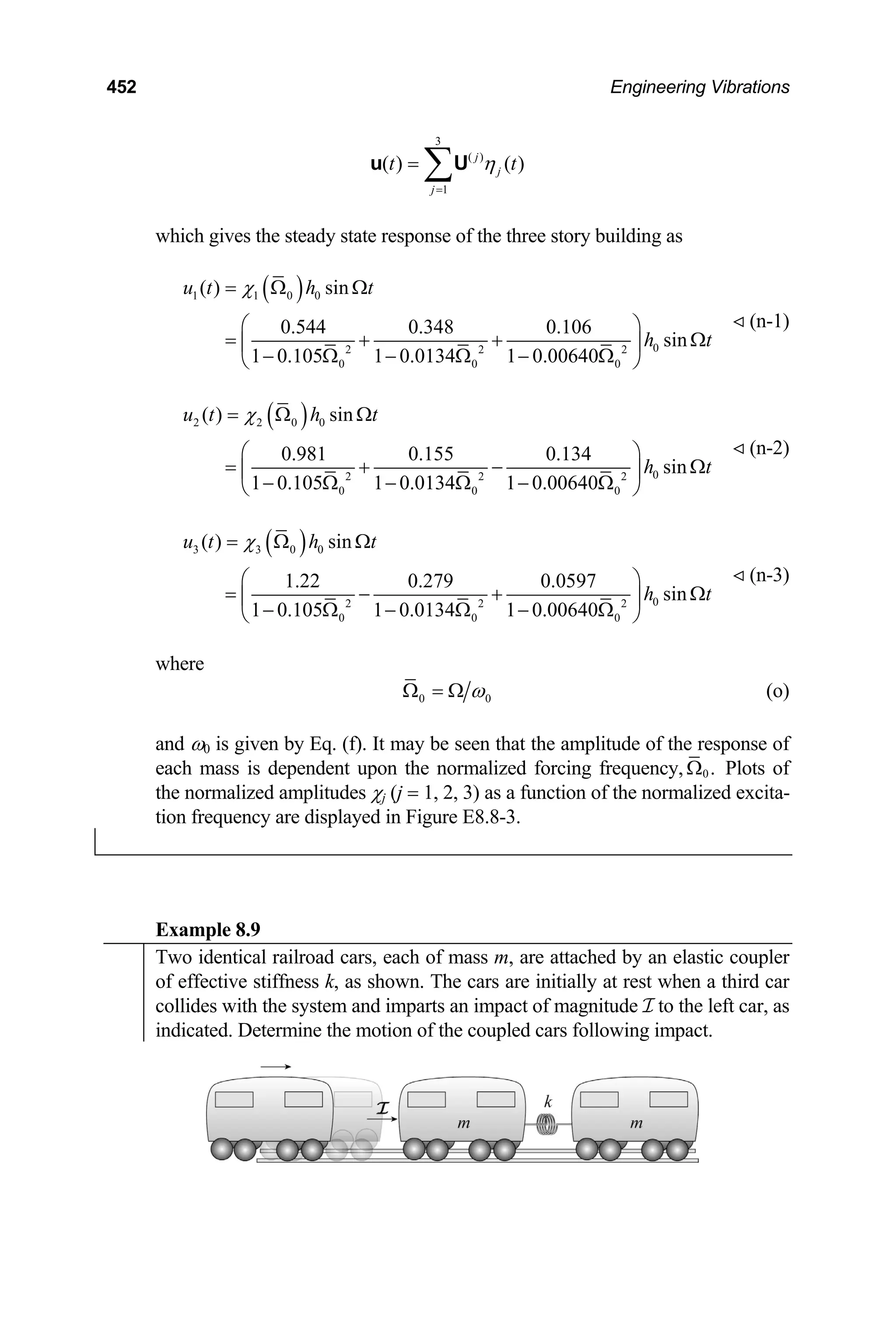 452 Engineering Vibrations
3
( )
1
( ) ( )
j
j
j
t t
η
=
= ∑
u U
which gives the steady state response of the three story building as
( )
1 1 0 0
0
2 2 2
0 0 0
( ) sin
0.544 0.348 0.106
sin
1 0.105 1 0.0134 1 0.00640
u t h t
h t
χ
= Ω Ω
⎛ ⎞
= + +
⎜ ⎟
− Ω − Ω − Ω
⎝ ⎠
Ω
(n-1)
( )
2 2 0 0
0
2 2 2
0 0 0
( ) sin
0.981 0.155 0.134
sin
1 0.105 1 0.0134 1 0.00640
u t h t
h t
χ
= Ω Ω
⎛ ⎞
= + −
⎜ ⎟
− Ω − Ω − Ω
⎝ ⎠
Ω
(n-2)
( )
3 3 0 0
0
2 2 2
0 0 0
( ) sin
1.22 0.279 0.0597
sin
1 0.105 1 0.0134 1 0.00640
u t h t
h t
χ
= Ω Ω
⎛ ⎞
= − +
⎜ ⎟
− Ω − Ω − Ω
⎝ ⎠
Ω
(n-3)
where
0 0
ω
Ω = Ω (o)
and ω0 is given by Eq. (f). It may be seen that the amplitude of the response of
each mass is dependent upon the normalized forcing frequency, 0.
Ω Plots of
the normalized amplitudes χj (j = 1, 2, 3) as a function of the normalized excita-
tion frequency are displayed in Figure E8.8-3.
Example 8.9
Two identical railroad cars, each of mass m, are attached by an elastic coupler
of effective stiffness k, as shown. The cars are initially at rest when a third car
collides with the system and imparts an impact of magnitude I to the left car, as
indicated. Determine the motion of the coupled cars following impact.
 