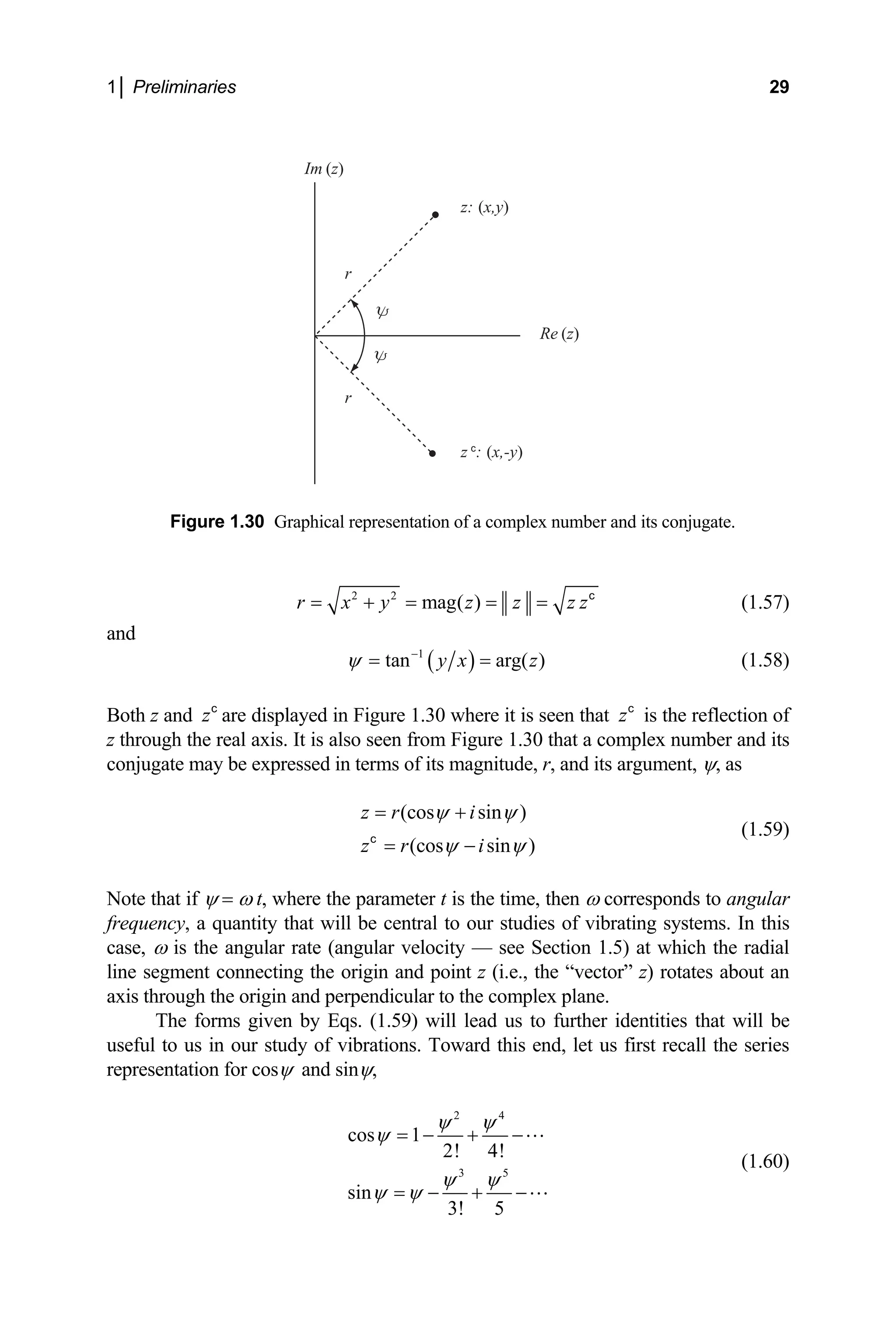 1│ Preliminaries 29
r
z: (x,y)
Re (z)
Im (z)
z c
: (x,-y)
r
Figure 1.30 Graphical representation of a complex number and its conjugate.
2 2
mag( )
r x y z z z z
= + = = = c
(1.57)
and
( )
1
tan arg( )
y x z
ψ −
= = (1.58)
Both z and zc
zc
i
are displa that
yed in Figure 1.30 where it is seen s the reflection of
z through the real axis. It is also seen from Figure 1.30 that a complex number and its
conjugate may be expressed in terms of its magnitude, r, and its argument, ψ, as
(cos sin )
(cos sin )
z r i
z r i
ψ ψ
ψ ψ
= +
= −
c
(1.59)
Note that if ψ = ω t, where the parameter t is the time, then ω corresponds to angular
frequency, a quantity that will be central to our studies of vibrating systems. In this
case, ω is the angular rate (angular velocity — see Section 1.5) at which the radial
line segment connecting the origin and point z (i.e., the “vector” z) rotates about an
axis through the origin and perpendicular to the complex plane.
The forms given by Eqs. (1.59) will lead us to further identities that will be
sefu series
pres and sin ,
u l to us in our study of vibrations. Toward this end, let us first recall the
entation for cosψ ψ
re
2 4
3 5
cos 1
2! 4!
sin
3! 5
ψ ψ
ψ
ψ ψ
ψ ψ
= − + −
= − + −
(1.60)
 