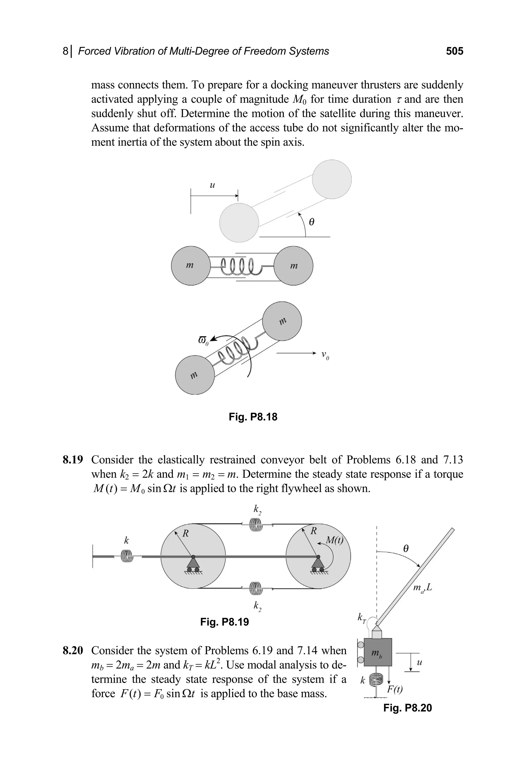 8│ Forced Vibration of Multi-Degree of Freedom Systems 505
mass connects them. To prepare for a docking maneuver thrusters are suddenly
activated applying a couple of magnitude M0 for time duration τ and are then
suddenly shut off. Determine the motion of the satellite during this maneuver.
Assume that deformations of the access tube do not significantly alter the mo-
ment inertia of the system about the spin axis.
Fig. P8.18
.19 Consider the elastically restrained conveyor belt of Problems 6.18 and 7.13
when k = 2k and m1 = m2 = m. Determine the steady state response if a torque
8
2
0
( ) sin
M t M t
= Ω is applied to the right flywheel as shown.
Fig. P8.19
.19 and 7.14 when
mb = 2ma = 2m and kT = kL . Use modal analysis to de-
8.20 Consider the system of Problems 6
2
termine the steady state response of the system if a
force 0
( ) sin
F t F t
= Ω is applied to the base mass.
Fig. P8.20
 