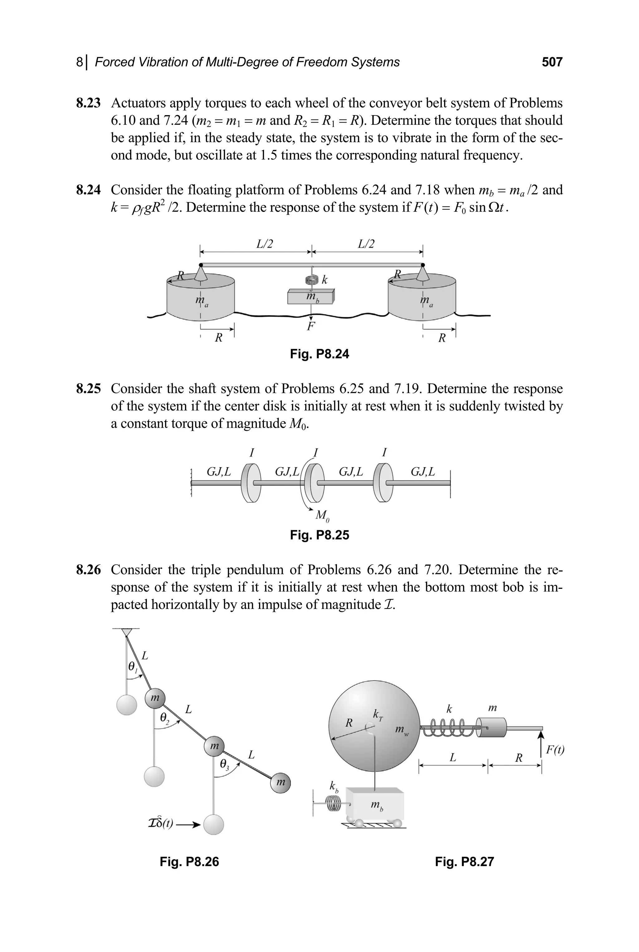 8│ Forced Vibration of Multi-Degree of Freedom Systems 507
8.23 Actuators apply torques to each wheel of the conveyor belt system of Problems
6.10 and 7.2 rques that should
of the sec-
ond m frequency.
8.24 Consid m = ma /2 and
k = ρf gR2
/2. Determine the response of the system if
4 (m2 = m1 = m and R2 = R1 = R). Determine the to
be applied if, in the steady state, the system is to vibrate in the form
ode, but oscillate at 1.5 times the corresponding natural
er the floating platform of Problems 6.24 and 7.18 when b
0 .
( ) sin
F t F t
= Ω
n it is suddenly t sted by
a constant torque of magnitude M0.
.26 Consider the triple pendulum of Problems 6.26 and 7.20. Determine the re-
Fig. P8.27
Fig. P8.24
8.25 Consider the shaft system of Problems 6.25 and 7.19. Determine the response
of the system if the center disk is initially at rest whe wi
Fig. P8.25
8
sponse of the system if it is initially at rest when the bottom most bob is im-
pacted horizontally by an impulse of magnitude I.
Fig. P8.26
 