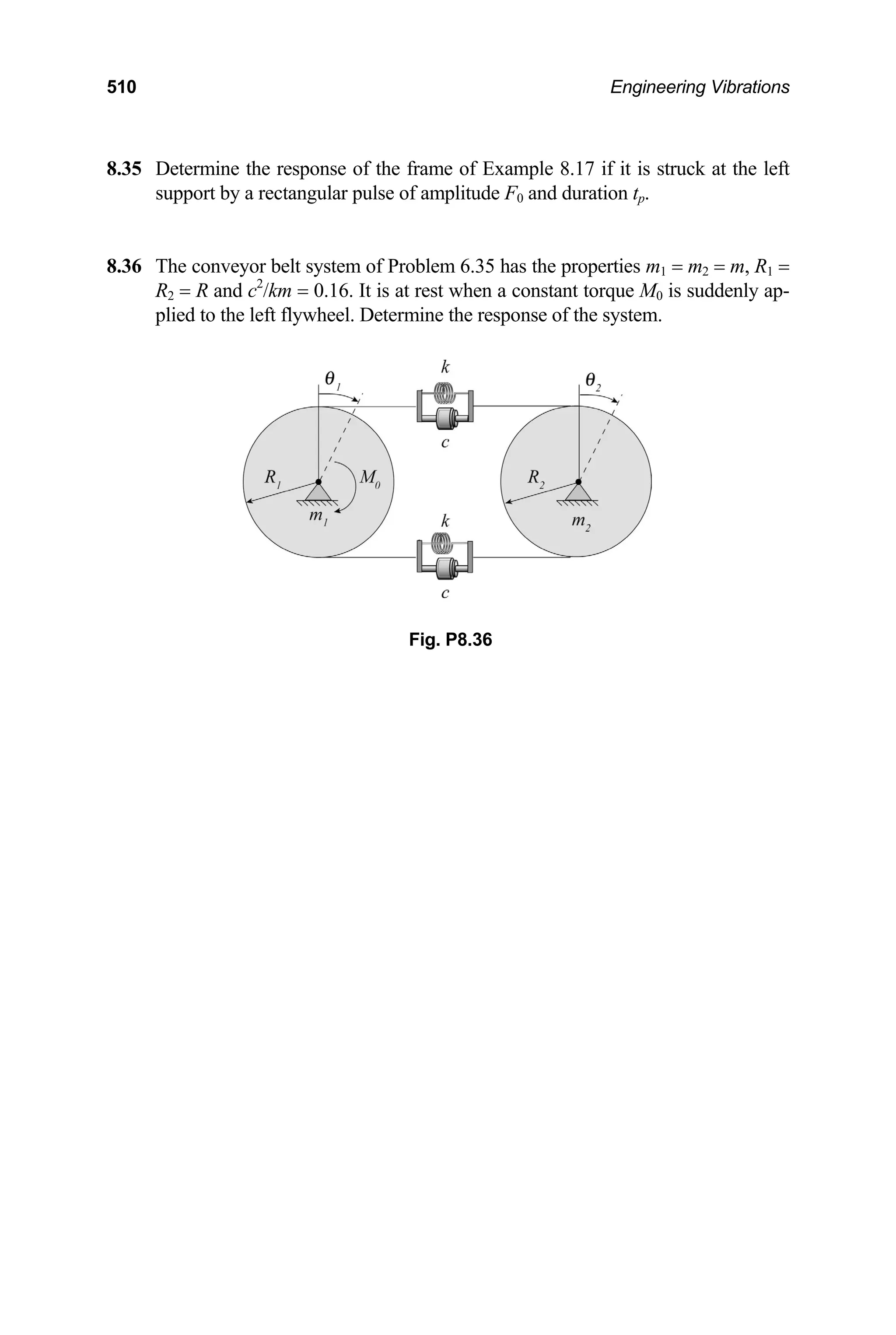 510 Engineering Vibrations
8.35 Determine the response of the frame of Example 8.17 if it is struck at the left
.36 The conveyor belt system of Problem 6.35 has the properties m1 = m2 = m, R1 =
Fig. P8.36
support by a rectangular pulse of amplitude F0 and duration tp.
8
R2 = R and c2
/km = 0.16. It is at rest when a constant torque M0 is suddenly ap-
plied to the left flywheel. Determine the response of the system.
 