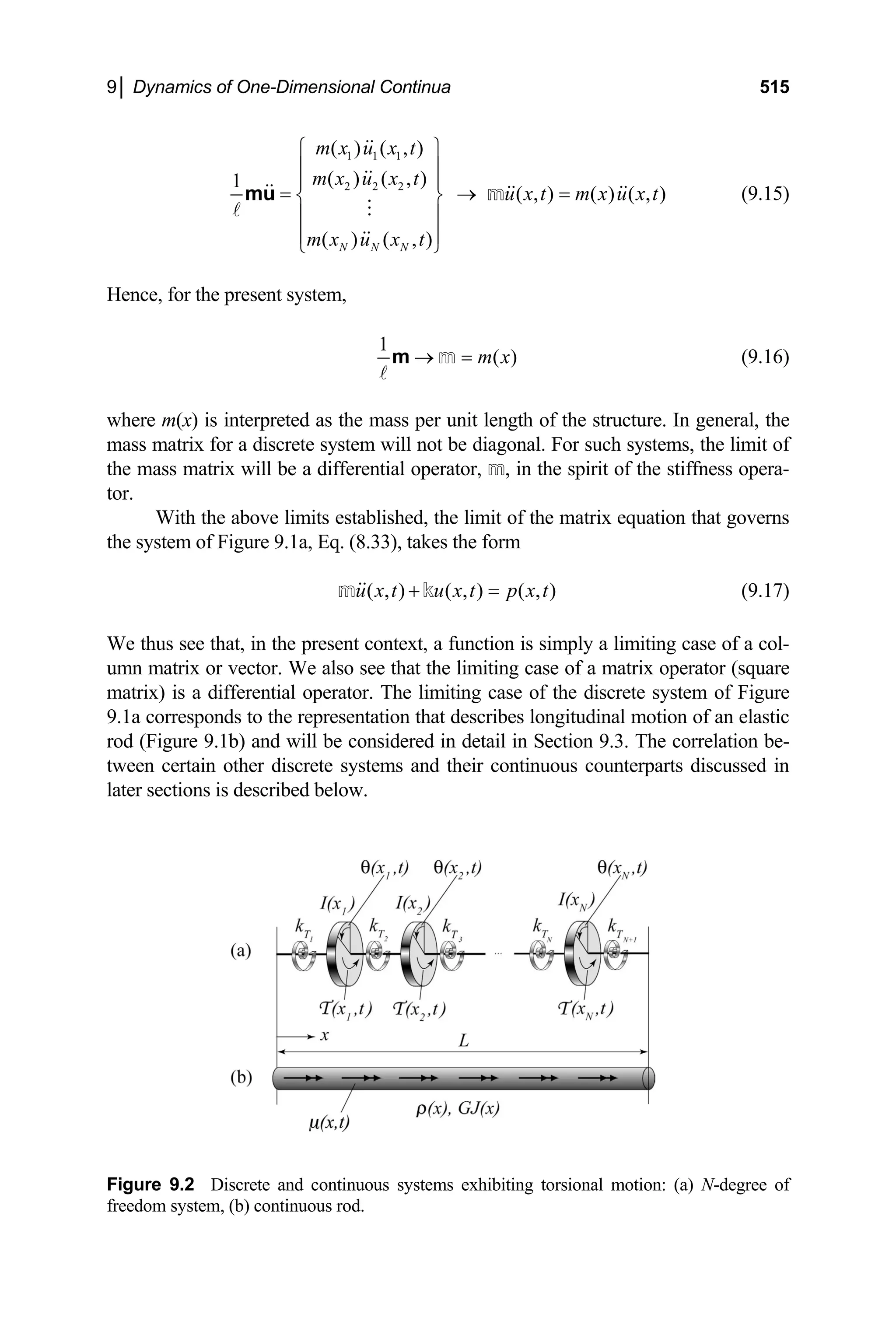 9│ Dynamics of One-Dimensional Continua 515
1 1 1
2 2 2
( ) ( , )
( ) ( , )
1
( , ) ( ) ( , )
( ) ( , )
N N N
m x u x t
m x u x t
u x t m x u x t
m x u x t
⎧ ⎫
⎪ ⎪
⎪ ⎪
= → =
⎨ ⎬
⎪ ⎪
⎪ ⎪
⎩ ⎭
mu m (9.15)
Hence, for the present system,
1
( )
m x
→ =
m m (9.16)
where m(x) is interpreted as the mass per unit length of the structure. In general, the
mass matrix for a discrete system will not be diagonal. For such systems, the limit of
the mass matrix will be a differential operator, m, in the spirit of the stiffness opera-
tor.
With the above limits established, the limit of the matrix equation that governs
the system of Figure 9.1a, Eq. (8.33), takes the form
( , ) ( , ) ( , )
u x t u x t p x t
+ =
m k (9.17)
We thus see that, in the present context, a function is simply a limiting case of a col-
umn matrix or vector. We also see that the limiting case of a matrix operator (square
matrix) is a differential operator. The limiting case of the discrete system of Figure
9.1a corresponds to the representation that describes longitudinal motion of an elastic
rod (Figure 9.1b) and will be considered in detail in Section 9.3. The correlation be-
tween certain other discrete systems and their continuous counterparts discussed in
later sections is described below.
Figure 9.2 Discrete and continuous systems exhibiting torsional motion: (a) N-degree of
freedom system, (b) continuous rod.
 