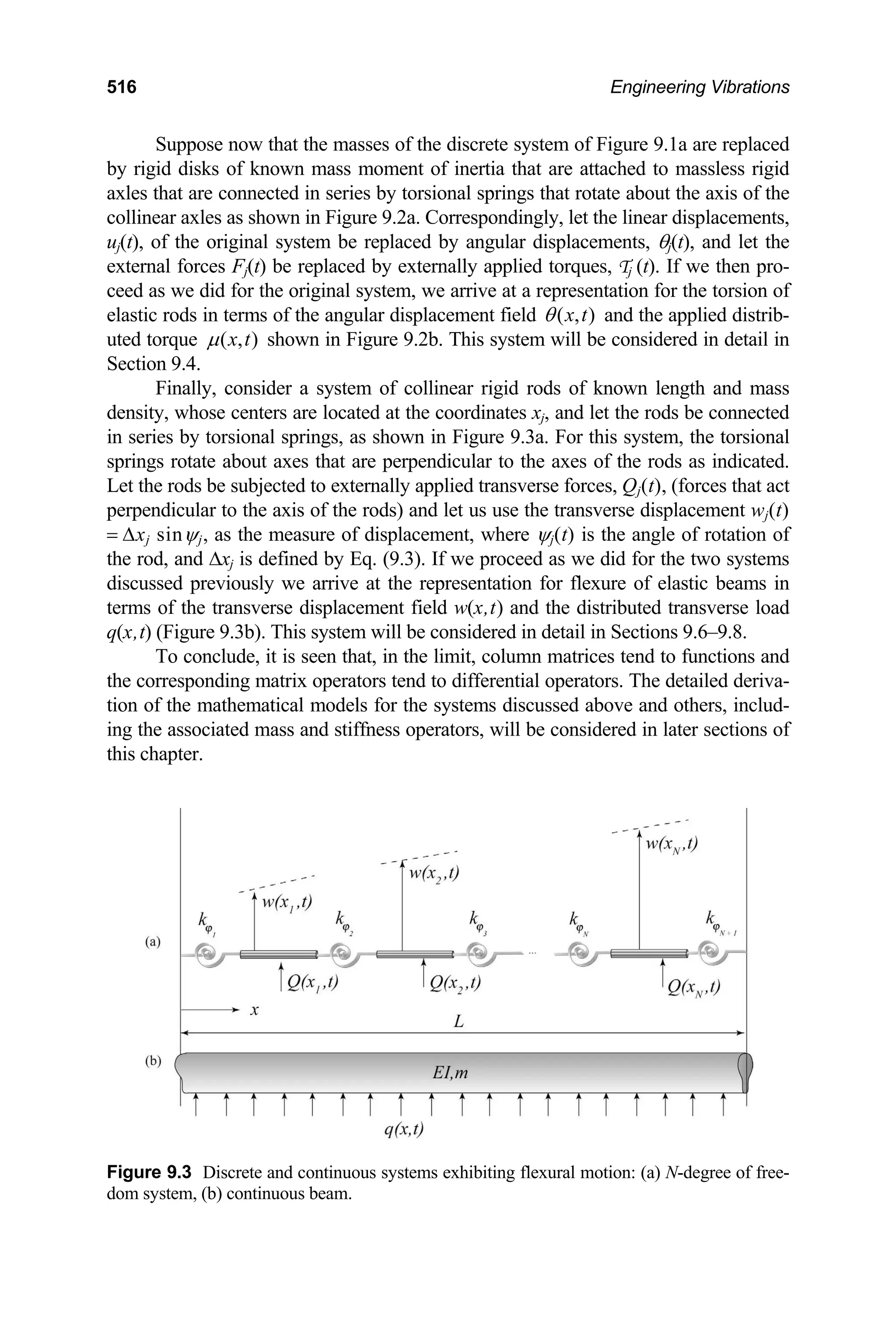 516 Engineering Vibrations
Suppose now that the masses of the discrete system of Figure 9.1a are replaced
by rigid disks of known mass moment of inertia that are attached to massless rigid
axles that are connected in series by torsional springs that rotate about the axis of the
collinear axles as shown in Figure 9.2a. Correspondingly, let the linear displacements,
uj(t), of the original system be replaced by angular displacements, θj(t), and let the
external forces Fj(t) be replaced by externally applied torques, Tj (t). If we then pro-
ceed as we did for the original system, we arrive at a representation for the torsion of
elastic rods in terms of the angular displacement field ( , )
x t
θ and the applied distrib-
uted torque ( , )
x t
µ shown in Figure 9.2b. This system will be considered in detail in
Section 9.4.
Finally, consider a system of collinear rigid rods of known length and mass
density, whose centers are located at the coordinates xj, and let the rods be connected
in series by torsional springs, as shown in Figure 9.3a. For this system, the torsional
springs rotate about axes that are perpendicular to the axes of the rods as indicated.
Let the rods be subjected to externally applied transverse forces, Qj(t), (forces that act
perpendicular to the axis of the rods) and let us use the transverse displacement wj(t)
= ∆xj sinψj, as the measure of displacement, where ψj(t) is the angle of rotation of
the rod, and ∆xj is defined by Eq. (9.3). If we proceed as we did for the two systems
discussed previously we arrive at the representation for flexure of elastic beams in
terms of the transverse displacement field w(x,t) and the distributed transverse load
q(x,t) (Figure 9.3b). This system will be considered in detail in Sections 9.6–9.8.
To conclude, it is seen that, in the limit, column matrices tend to functions and
the corresponding matrix operators tend to differential operators. The detailed deriva-
tion of the mathematical models for the systems discussed above and others, includ-
ing the associated mass and stiffness operators, will be considered in later sections of
this chapter.
Figure 9.3 Discrete and continuous systems exhibiting flexural motion: (a) N-degree of free-
dom system, (b) continuous beam.
 