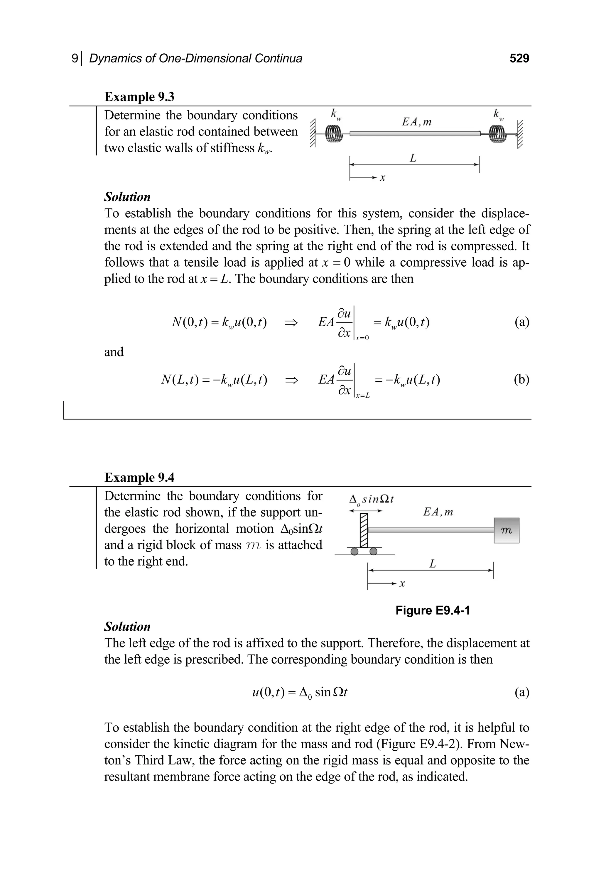 9│ Dynamics of One-Dimensional Continua 529
Example 9.3
Determine the boundary conditions
for an elastic rod contained between
two elastic walls of stiffness kw.
Solution
To establish the boundary conditions for this system, consider the displace-
ments at the edges of the rod to be positive. Then, the spring at the left edge of
the rod is extended and the spring at the right end of the rod is compressed. It
follows that a tensile load is applied at x = 0 while a compressive load is ap-
plied to the rod at x = L. The boundary conditions are then
0
(0, ) (0, ) (0, )
w
x
u
N t k u t EA k u t
x =
∂
= ⇒ =
∂
w (a)
and
( , ) ( , ) ( , )
w
x L
u
N L t k u L t EA k u L t
x =
∂
= − ⇒ = −
∂
w (b)
Example 9.4
Determine the boundary conditions for
the elastic rod shown, if the support un-
dergoes the horizontal motion ∆0sinΩt
and a rigid block of mass m is attached
to the right end.
Figure E9.4-1
Solution
The left edge of the rod is affixed to the support. Therefore, the displacement at
the left edge is prescribed. The corresponding boundary condition is then
0
(0, ) sin
u t t
= ∆ Ω (a)
To establish the boundary condition at the right edge of the rod, it is helpful to
consider the kinetic diagram for the mass and rod (Figure E9.4-2). From New-
ton’s Third Law, the force acting on the rigid mass is equal and opposite to the
resultant membrane force acting on the edge of the rod, as indicated.
 