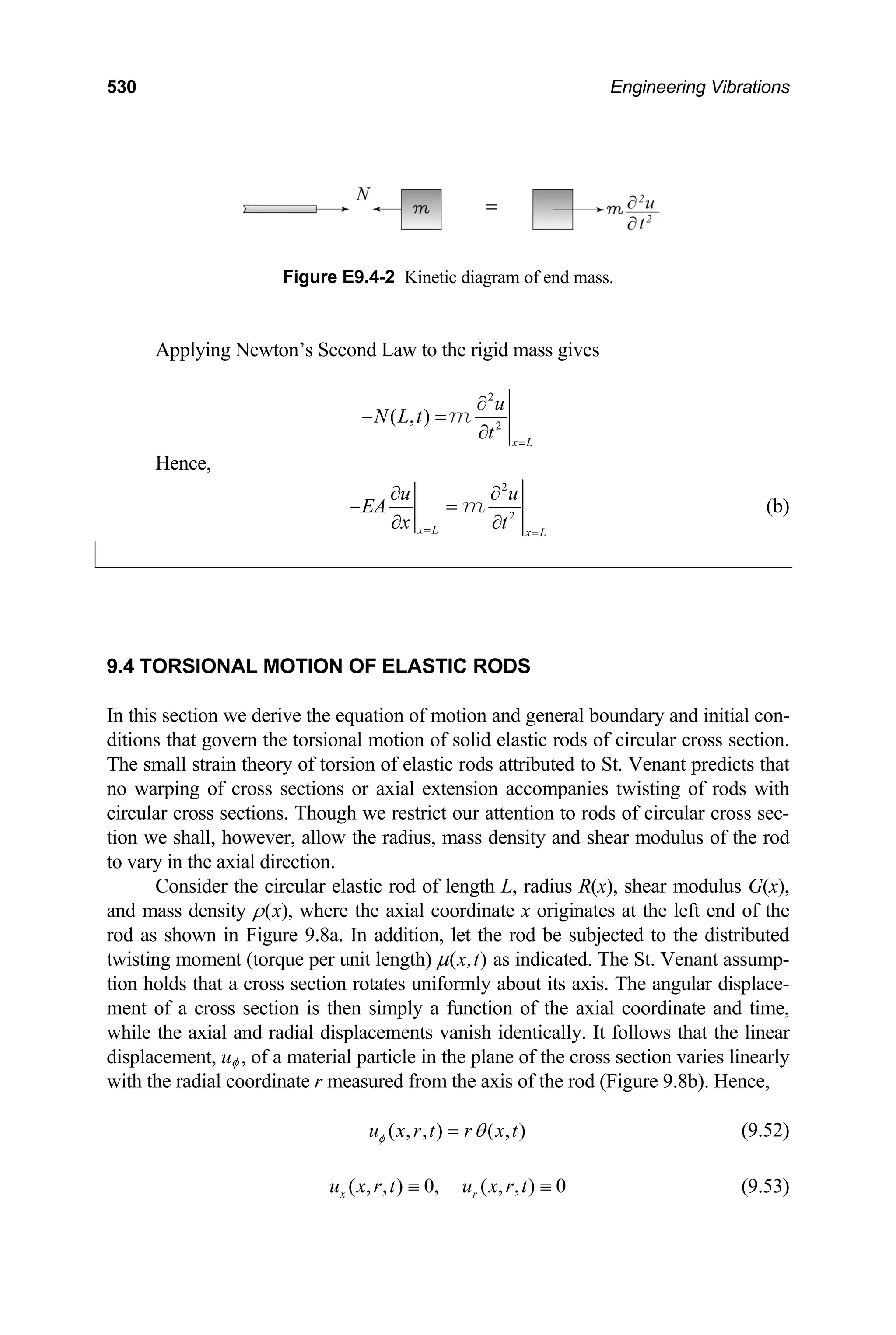 530 Engineering Vibrations
Figure E9.4-2 Kinetic diagram of end mass.
Applying Newton’s Second Law to the rigid mass gives
2
2
( , )
x L
u
N L t
t =
∂
− =
∂
m
Hence,
2
2
x L x L
u u
EA
x t
= =
∂ ∂
− =
∂ ∂
m (b)
9.4 TORSIONAL MOTION OF ELASTIC RODS
In this section we derive the equation of motion and general boundary and initial con-
ditions that govern the torsional motion of solid elastic rods of circular cross section.
The small strain theory of torsion of elastic rods attributed to St. Venant predicts that
no warping of cross sections or axial extension accompanies twisting of rods with
circular cross sections. Though we restrict our attention to rods of circular cross sec-
tion we shall, however, allow the radius, mass density and shear modulus of the rod
to vary in the axial direction.
Consider the circular elastic rod of length L, radius R(x), shear modulus G(x),
and mass density ρ(x), where the axial coordinate x originates at the left end of the
rod as shown in Figure 9.8a. In addition, let the rod be subjected to the distributed
twisting moment (torque per unit length) µ(x,t) as indicated. The St. Venant assump-
tion holds that a cross section rotates uniformly about its axis. The angular displace-
ment of a cross section is then simply a function of the axial coordinate and time,
while the axial and radial displacements vanish identically. It follows that the linear
displacement, uφ , of a material particle in the plane of the cross section varies linearly
with the radial coordinate r measured from the axis of the rod (Figure 9.8b). Hence,
( , , ) ( , )
u x r t r x t
φ θ
= (9.52)
( , , ) 0, ( , , ) 0
x r
u x r t u x r t
≡ ≡ (9.53)
 