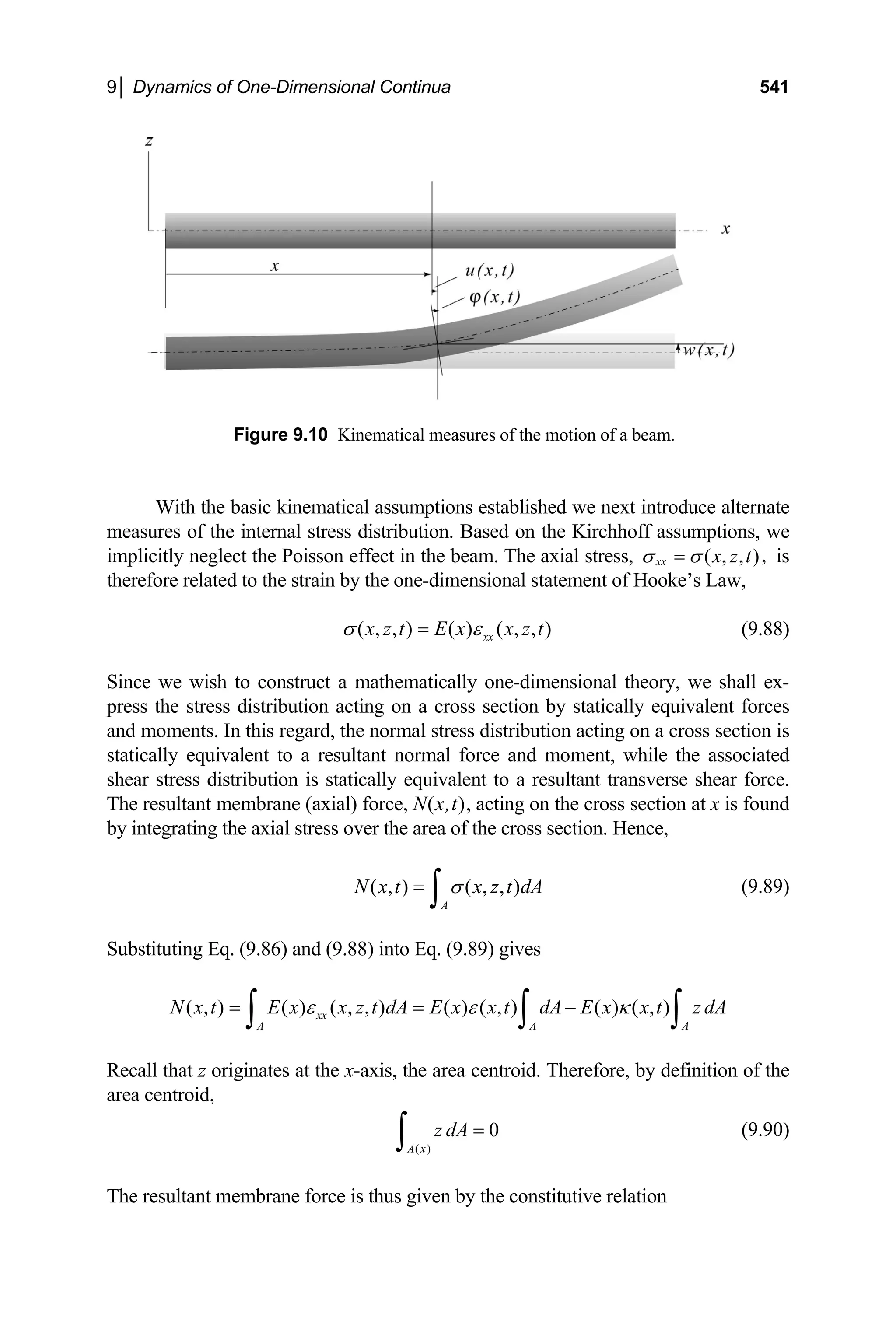 9│ Dynamics of One-Dimensional Continua 541
Figure 9.10 Kinematical measures of the motion of a beam.
With the basic kinematical assumptions established we next introduce alternate
measures of the internal stress distribution. Based on the Kirchhoff assumptions, we
implicitly neglect the Poisson effect in the beam. The axial stress, ,
( , , )
xx x z t
σ σ
= is
therefore related to the strain by the one-dimensional statement of Hooke’s Law,
( , , ) ( ) ( , , )
xx
x z t E x x z t
σ ε
= (9.88)
Since we wish to construct a mathematically one-dimensional theory, we shall ex-
press the stress distribution acting on a cross section by statically equivalent forces
and moments. In this regard, the normal stress distribution acting on a cross section is
statically equivalent to a resultant normal force and moment, while the associated
shear stress distribution is statically equivalent to a resultant transverse shear force.
The resultant membrane (axial) force, N(x,t), acting on the cross section at x is found
by integrating the axial stress over the area of the cross section. Hence,
( , ) ( , , )
A
N x t x z t dA
σ
=
∫ (9.89)
Substituting Eq. (9.86) and (9.88) into Eq. (9.89) gives
( , ) ( ) ( , , ) ( ) ( , ) ( ) ( , )
xx
A A
N x t E x x z t dA E x x t dA E x x t z dA
ε ε κ
= = −
∫ ∫ A
∫
Recall that z originates at the x-axis, the area centroid. Therefore, by definition of the
area centroid,
( )
0
A x
z dA =
∫ (9.90)
The resultant membrane force is thus given by the constitutive relation
 