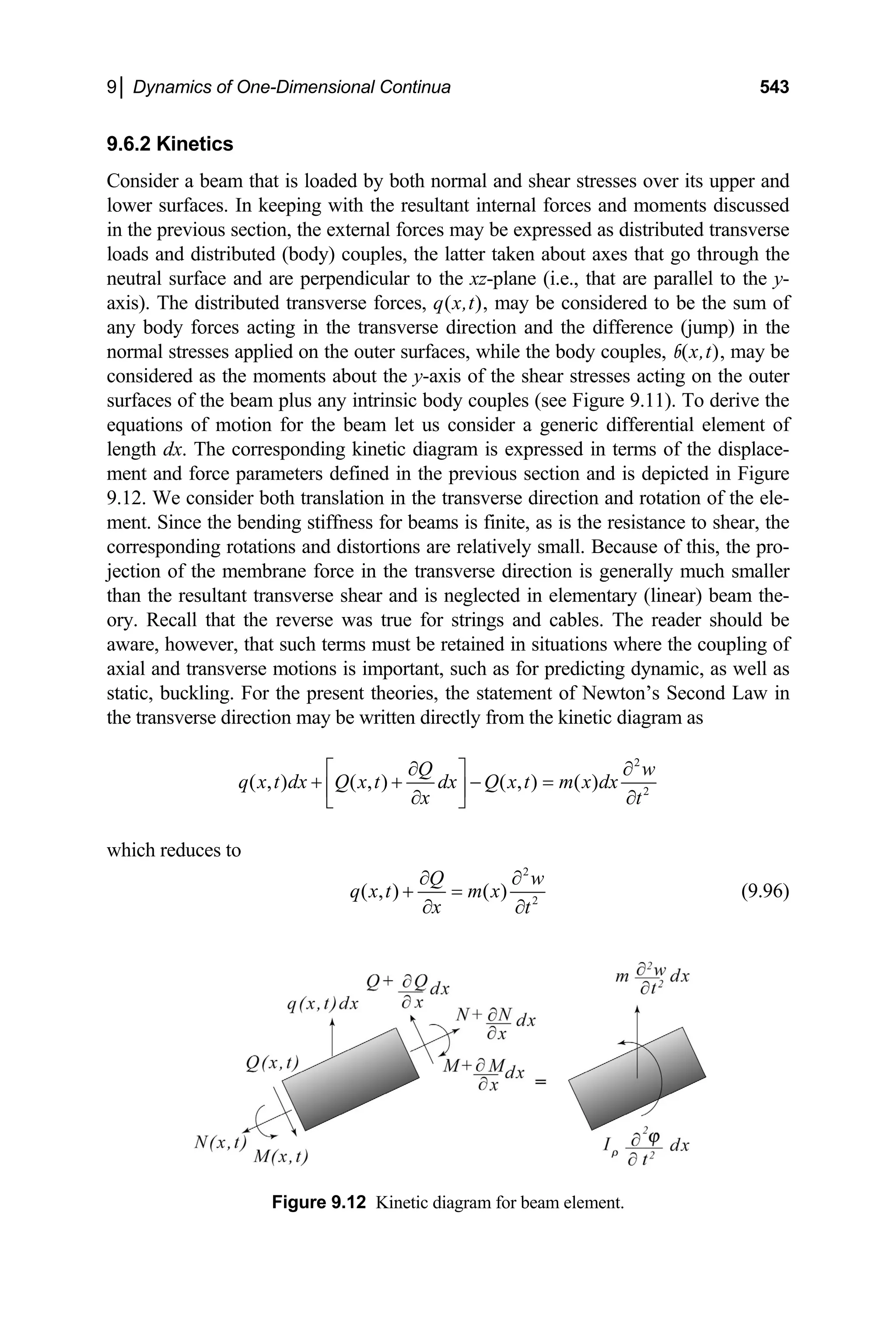 9│ Dynamics of One-Dimensional Continua 543
9.6.2 Kinetics
Consider a beam that is loaded by both normal and shear stresses over its upper and
lower surfaces. In keeping with the resultant internal forces and moments discussed
in the previous section, the external forces may be expressed as distributed transverse
loads and distributed (body) couples, the latter taken about axes that go through the
neutral surface and are perpendicular to the xz-plane (i.e., that are parallel to the y-
axis). The distributed transverse forces, q(x,t), may be considered to be the sum of
any body forces acting in the transverse direction and the difference (jump) in the
normal stresses applied on the outer surfaces, while the body couples, b(x,t), may be
considered as the moments about the y-axis of the shear stresses acting on the outer
surfaces of the beam plus any intrinsic body couples (see Figure 9.11). To derive the
equations of motion for the beam let us consider a generic differential element of
length dx. The corresponding kinetic diagram is expressed in terms of the displace-
ment and force parameters defined in the previous section and is depicted in Figure
9.12. We consider both translation in the transverse direction and rotation of the ele-
ment. Since the bending stiffness for beams is finite, as is the resistance to shear, the
corresponding rotations and distortions are relatively small. Because of this, the pro-
jection of the membrane force in the transverse direction is generally much smaller
than the resultant transverse shear and is neglected in elementary (linear) beam the-
ory. Recall that the reverse was true for strings and cables. The reader should be
aware, however, that such terms must be retained in situations where the coupling of
axial and transverse motions is important, such as for predicting dynamic, as well as
static, buckling. For the present theories, the statement of Newton’s Second Law in
the transverse direction may be written directly from the kinetic diagram as
2
2
( , ) ( , ) ( , ) ( )
Q w
q x t dx Q x t dx Q x t m x dx
x t
∂ ∂
⎡ ⎤
+ + − =
⎢ ⎥
∂ ∂
⎣ ⎦
which reduces to
2
2
( , ) ( )
Q
q x t m x
x t
w
∂ ∂
+ =
∂ ∂
(9.96)
Figure 9.12 Kinetic diagram for beam element.
 