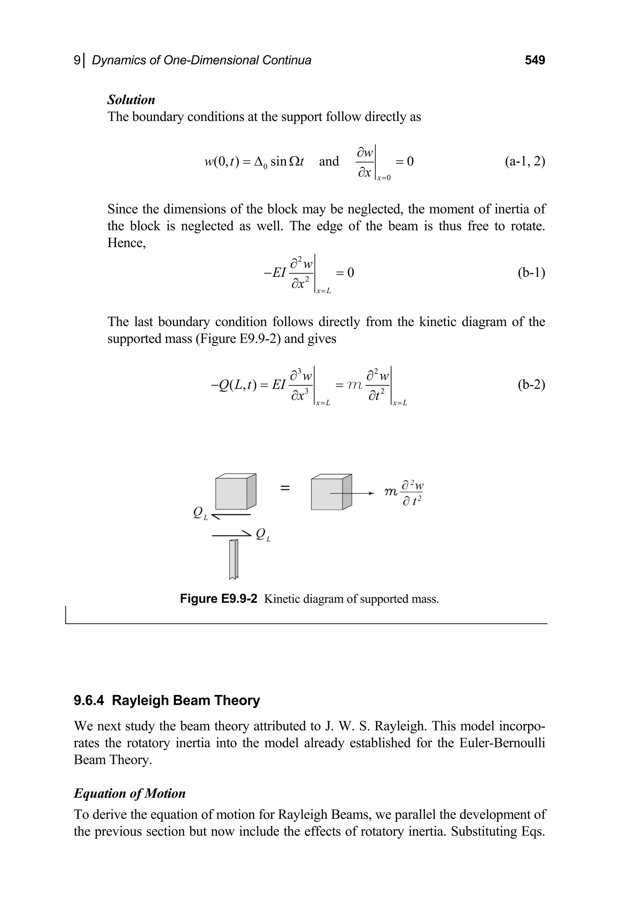 9│ Dynamics of One-Dimensional Continua 549
Solution
ary conditions at the support follow directly as
The bound
0
0
(0, ) sin and 0
x
w
w t t
x =
∂
= ∆ Ω =
∂
(a-1, 2)
ince the dimensions of the block may be neglected, the moment of inertia of
S
the block is neglected as well. The edge of the beam is thus free to rotate.
Hence,
2
2
0
x L
w
EI
x =
∂
− =
∂
(b-1)
he last boundary condition follows directly from the kinetic diagram of the
T
supported mass (Figure E9.9-2) and gives
3 2
3 2
( , )
x L
w w
Q L t EI
x t x L
= =
∂ ∂
− = =
∂ ∂
m (b-2)
Figure E9.9-2 Kinetic diagram of supported mass.
9.6.4 Rayleigh Beam Theory
ributed to J. W. S. Rayleigh. This model incorpo-
Equation of Motion
To derive the equation of motion for Rayleigh Beams, we parallel the development of
the previous section but now include the effects of rotatory inertia. Substituting Eqs.
We next study the beam theory att
rates the rotatory inertia into the model already established for the Euler-Bernoulli
Beam Theory.
 