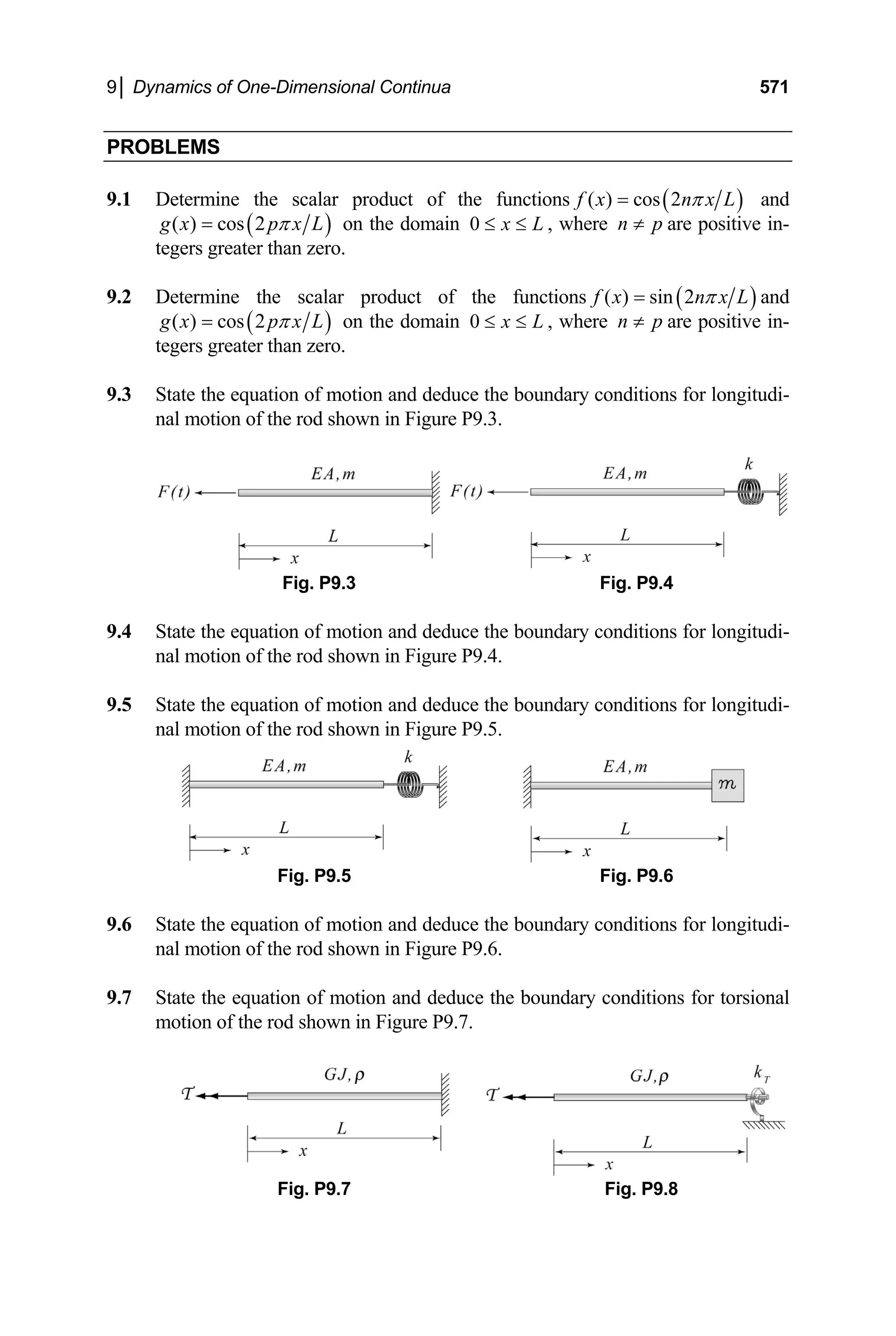 9│ Dynamics of One-Dimensional Continua 571
PROBLEMS
9.1 Determine the scalar product of the functions ( )
( ) cos 2
f x n x
π
= L and
( )
( ) cos 2
g x p x
π
= L on the domain 0 x L
≤ ≤ , where n p
≠ are positive in-
tegers greater than zero.
9.2 Determine the scalar product of the functions ( )
( ) sin 2
f x n x
π
= L and
(
( ) cos 2 )
g x p x
π
= L on the domain 0 x L
≤ ≤ , where n p
≠ are positive in-
tegers greater than zero.
9.3 State the equation of motion and deduce the boundary conditions for longitudi-
nal motion of the rod shown in Figure P9.3.
Fig. P9.3 Fig. P9.4
.4 State the equation of motion and deduce the boundary conditions for longitudi-
ons for longitudi-
Fig. P9
.6 State the equation of motion and deduce the boundary conditions for longitudi-
.7 State the equation of motion and deduce the boundary conditions for torsional
9
nal motion of the rod shown in Figure P9.4.
9.5 State the equation of motion and deduce the boundary conditi
nal motion of the rod shown in Figure P9.5.
.6
Fig. P9.5
9
nal motion of the rod shown in Figure P9.6.
9
motion of the rod shown in Figure P9.7.
Fig. P9.8
Fig. P9.7
 
