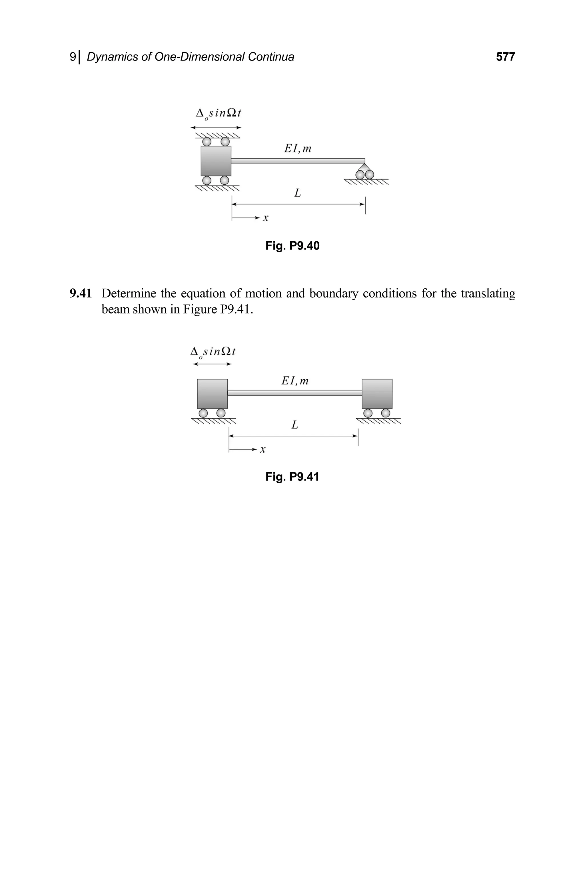 9│ Dynamics of One-Dimensional Continua 577
f mo conditions for the translating
beam shown in Figure P9.41.
Fig. P9.40
9.41 Determine the equation o tion and boundary
Fig. P9.41
 