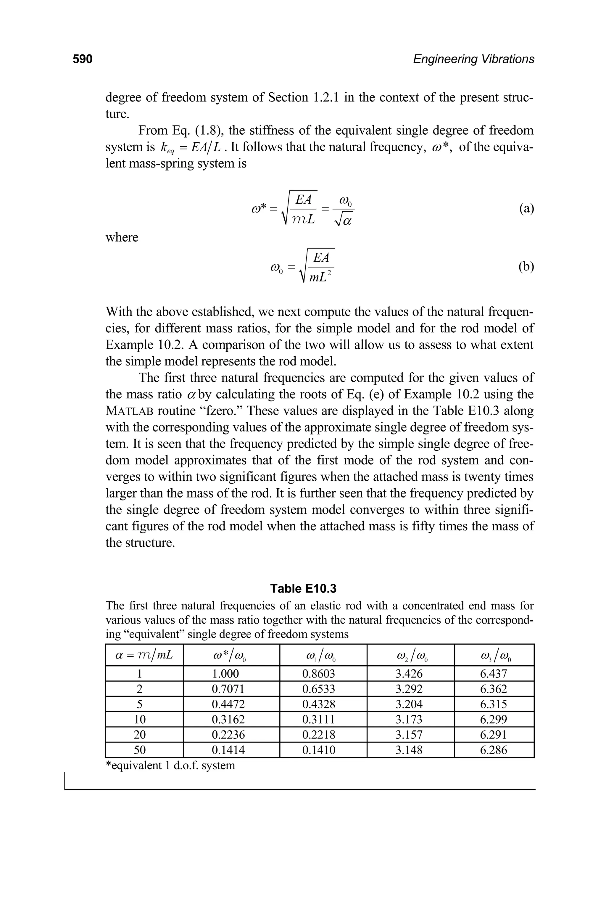 590 Engineering Vibrations
degree of freedom system of Section 1.2.1 in the context of the present struc-
ture.
From Eq. (1.8), the stiffness of the equivalent single degree of freedom
system is eq
k EA
= L . It follows that the natural frequency, *,
ω of the equiva-
lent mass-spring system is
0
*
EA
L
ω
ω
α
= =
m
(a)
where
0 2
EA
mL
ω = (b)
With the above established, we next compute the values of the natural frequen-
cies, for different mass ratios, for the simple model and for the rod model of
Example 10.2. A comparison of the two will allow us to assess to what extent
the simple model represents the rod model.
The first three natural frequencies are computed for the given values of
the mass ratio α by calculating the roots of Eq. (e) of Example 10.2 using the
MATLAB routine “fzero.” These values are displayed in the Table E10.3 along
with the corresponding values of the approximate single degree of freedom sys-
tem. It is seen that the frequency predicted by the simple single degree of free-
dom model approximates that of the first mode of the rod system and con-
verges to within two significant figures when the attached mass is twenty times
larger than the mass of the rod. It is further seen that the frequency predicted by
the single degree of freedom system model converges to within three signifi-
cant figures of the rod model when the attached mass is fifty times the mass of
the structure.
Table E10.3
The first three natural frequencies of an elastic rod with a concentrated end mass for
various values of the mass ratio together with the natural frequencies of the correspond-
ing “equivalent” single degree of freedom systems
mL
α = m 0
*
ω ω 1 0
ω ω 2 0
ω ω 3 0
ω ω
1 1.000 0.8603 3.426 6.437
2 0.7071 0.6533 3.292 6.362
5 0.4472 0.4328 3.204 6.315
10 0.3162 0.3111 3.173 6.299
20 0.2236 0.2218 3.157 6.291
50 0.1414 0.1410 3.148 6.286
*equivalent 1 d.o.f. system
 