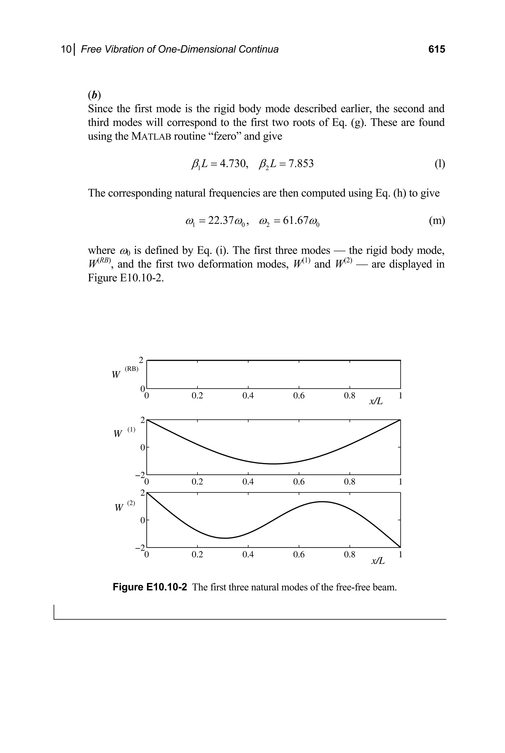 10│ Free Vibration of One-Dimensional Continua 615
(b)
Since the first mode is the rigid body mode described earlier, the second and
third modes will correspond to the first two roots of Eq. (g). These are found
using the MATLAB routine “fzero” and give
1 2
4.730, 7.853
L L
β β
= = (l)
The corresponding natural frequencies are then computed using Eq. (h) to give
1 0 2
22.37 , 61.67 0
ω ω ω ω
= = (m)
where ω0 is defined by Eq. (i). The first three modes — the rigid body mode,
W(RB)
, and the first two deformation modes, W(1)
and W(2)
— are displayed in
Figure E10.10-2.
0 0.2 0.4 0.6 0.8 1
−2
0
2
0 0.2 0.4 0.6 0.8 1
−2
0
2
0 0.2 0.4 0.6 0.8 1
0
2
W
W
W
(RB)
(1)
(2)
x/L
x/L
Figure E10.10-2 The first three natural modes of the free-free beam.
 