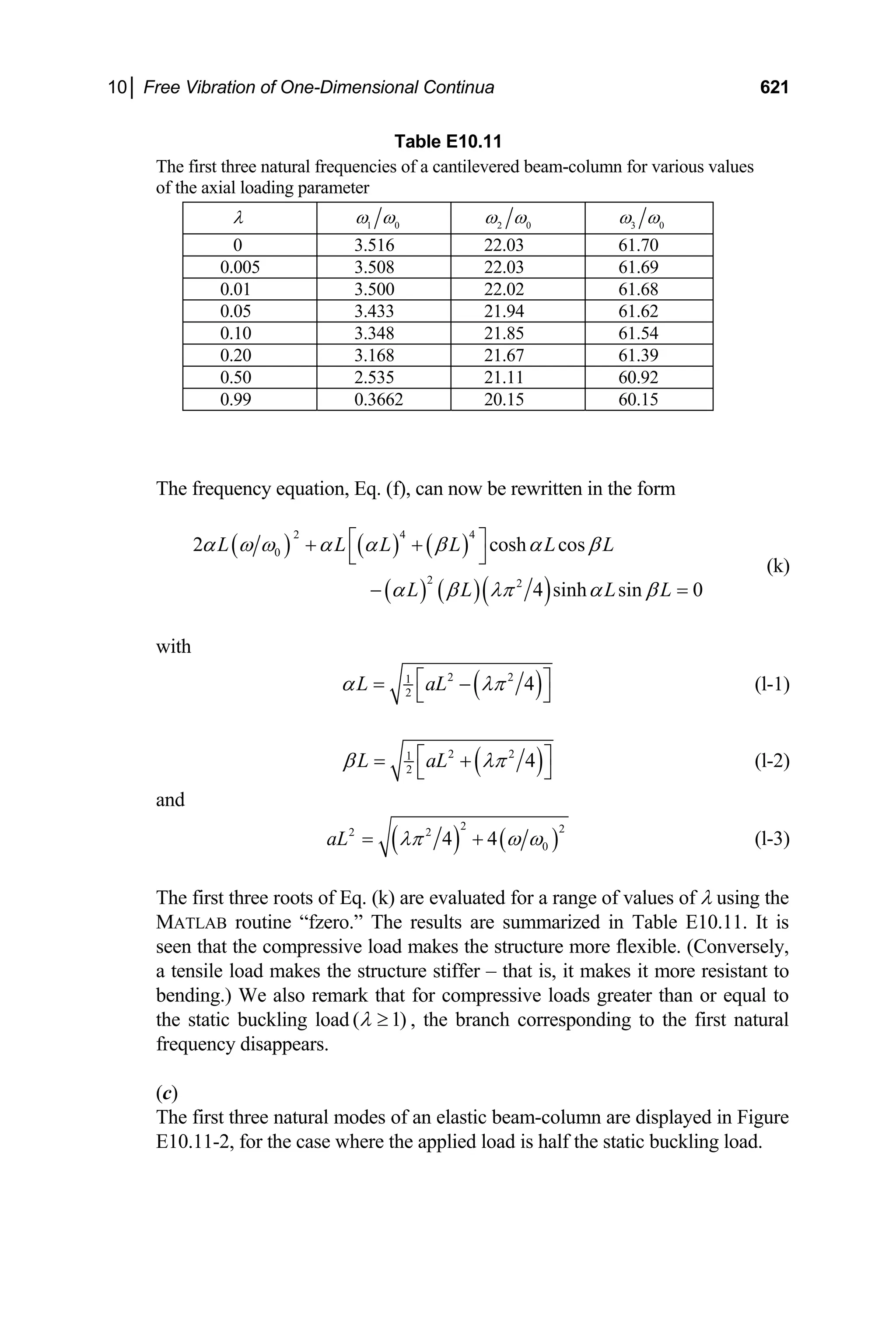 10│ Free Vibration of One-Dimensional Continua 621
Table E10.11
The first three natural frequencies of a cantilevered beam-column for various values
of the axial loading parameter
λ 1 0
ω ω 2 0
ω ω 3 0
ω ω
0 3.516 22.03 61.70
0.005 3.508 22.03 61.69
0.01 3.500 22.02 61.68
0.05 3.433 21.94 61.62
0.10 3.348 21.85 61.54
0.20 3.168 21.67 61.39
0.50 2.535 21.11 60.92
0.99 0.3662 20.15 60.15
The frequency equation, Eq. (f), can now be rewritten in the form
( ) ( ) ( )
( ) ( )( )
2 4 4
0
2 2
2 cosh c
4 sinh sin 0
L L L L L L
L L L L
α ω ω α α β α β
α β λπ α β
⎡ ⎤
+ +
⎣ ⎦
os
− =
(k)
with
( )
2 2
1
2
4
L aL
α λπ
⎡ ⎤
= −
⎣ ⎦
(l-1)
( )
2 2
1
2
4
L aL
β λπ
⎡ ⎤
= +
⎣ ⎦
(l-2)
and
( ) ( )
2 2
2 2
0
4 4
aL λπ ω ω
= + (l-3)
The first three roots of Eq. (k) are evaluated for a range of values of λ using the
MATLAB routine “fzero.” The results are summarized in Table E10.11. It is
seen that the compressive load makes the structure more flexible. (Conversely,
a tensile load makes the structure stiffer – that is, it makes it more resistant to
bending.) We also remark that for compressive loads greater than or equal to
the static buckling load ( 1)
λ ≥ , the branch corresponding to the first natural
frequency disappears.
(c)
The first three natural modes of an elastic beam-column are displayed in Figure
E10.11-2, for the case where the applied load is half the static buckling load.
 