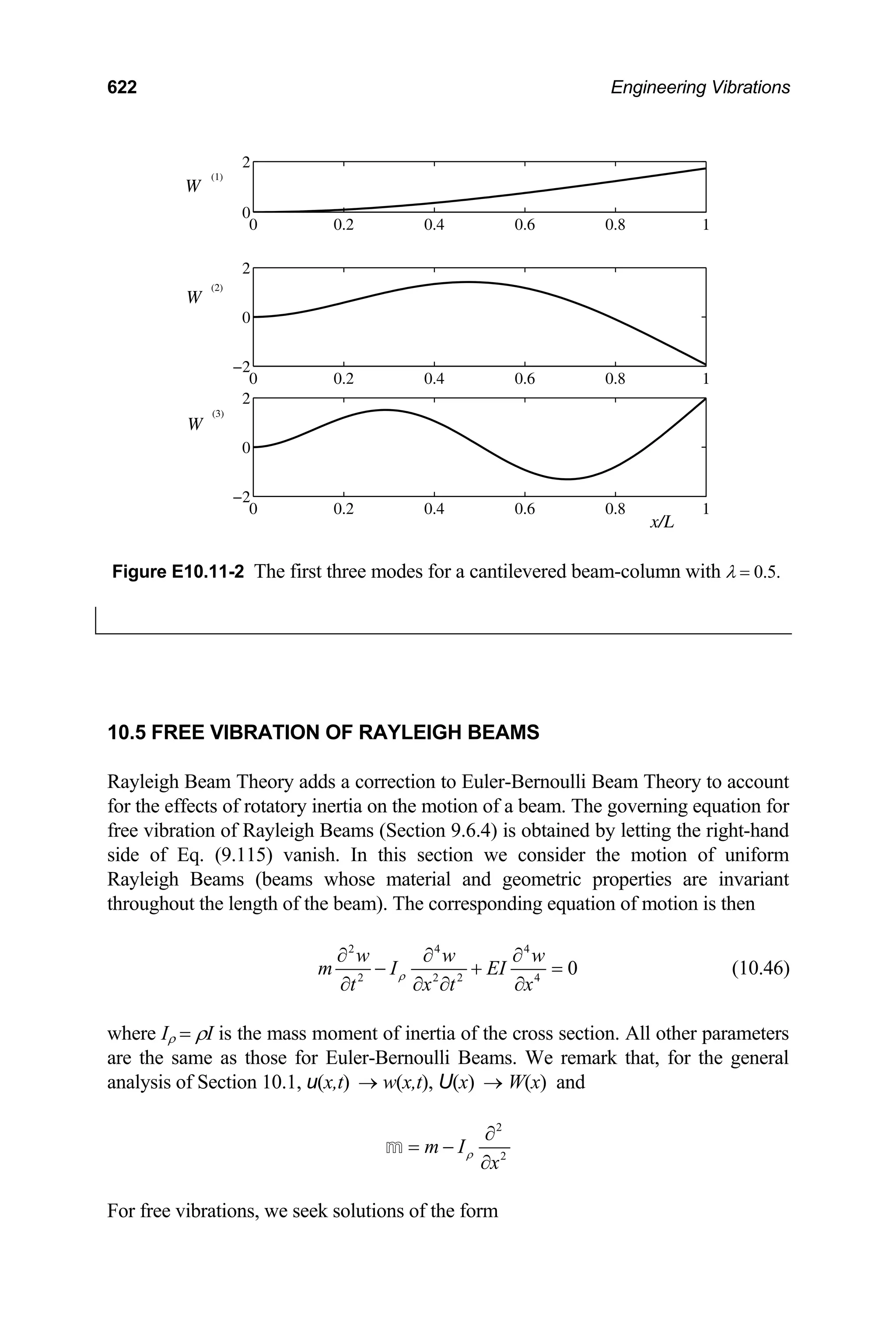 622 Engineering Vibrations
0 0.2 0.4 0.6 0.8 1
0
2
0 0.2 0.4 0.6 0.8 1
−2
0
2
0 0.2 0.4 0.6 0.8 1
−2
0
2
(1)
W
(2)
W
(3)
x/L
W
Figure E10.11-2 The first three modes for a cantilevered beam-column with λ = 0.5.
10.5 FREE VIBRATION OF RAYLEIGH BEAMS
Rayleigh Beam Theory adds a correction to Euler-Bernoulli Beam Theory to account
for the effects of rotatory inertia on the motion of a beam. The governing equation for
free vibration of Rayleigh Beams (Section 9.6.4) is obtained by letting the right-hand
side of Eq. (9.115) vanish. In this section we consider the motion of uniform
Rayleigh Beams (beams whose material and geometric properties are invariant
throughout the length of the beam). The corresponding equation of motion is then
2 4 4
2 2 2 4
0
w w w
m I EI
t x t x
ρ
∂ ∂ ∂
− +
∂ ∂ ∂ ∂
= (10.46)
where Iρ = ρI is the mass moment of inertia of the cross section. All other parameters
are the same as those for Euler-Bernoulli Beams. We remark that, for the general
analysis of Section 10.1, u(x,t) → w(x,t), U(x) W(x) and
→
2
2
m I
x
ρ
∂
= −
∂
m
For free vibrations, we seek solutions of the form
 